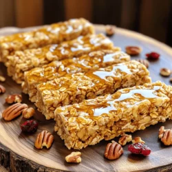 - 2 cups rolled oats - 1 cup pecans, chopped - 1/2 cup almond butter - 1/4 cup maple syrup - 1/2 cup honey - 1/2 teaspoon vanilla extract - 1/2 teaspoon sea salt - 1/2 cup dried cranberries (or your favorite dried fruit) - 1/4 cup mini chocolate chips (optional) I love using these simple ingredients to make my Maple Pecan Granola Bars. Each one plays a key role in flavor and texture. The rolled oats provide a hearty base. They are chewy and full of fiber. The chopped pecans add a nice crunch and rich taste. Almond butter gives a creamy feel and healthy fats. Maple syrup and honey sweeten the bars naturally. For a pop of color and flavor, I like to add dried cranberries. If you want a treat, mini chocolate chips work well too. Each serving has about 200 calories. You get around 5 grams of protein, 10 grams of fat, and 25 grams of carbohydrates. The bars are also rich in vitamins and minerals, like magnesium and vitamin E. Oats are great for heart health. They help lower cholesterol and keep you full. Pecans are high in antioxidants and good fats. Almond butter is a solid source of protein and vitamin E. Using maple syrup and honey gives natural sweetness without refined sugars. These sweeteners come with some nutrients too. Enjoy making these healthy bars knowing they fuel your body well! First, preheat your oven to 350°F (175°C). This step warms the oven for even baking. Next, line a 9x9 inch baking dish with parchment paper. Leave some paper hanging over the sides. This helps with easy removal later. In a large bowl, mix 2 cups of rolled oats with 1 cup of chopped pecans. Stir them well to combine. This blend gives the bars a great crunch. In a small saucepan, melt the wet ingredients. Add 1/2 cup of almond butter, 1/4 cup of maple syrup, 1/2 cup of honey, 1/2 teaspoon of vanilla extract, and 1/2 teaspoon of sea salt. Heat over low flame and stir for about 2-3 minutes until smooth. This mixture will be sweet and creamy. Now, pour the hot almond butter mix over the oats and pecans. Stir until every piece is coated. It should look sticky and delicious. Then, fold in 1/2 cup of dried cranberries and 1/4 cup of mini chocolate chips if you like a bit of sweet. Transfer the mixture to your lined baking dish. Press it down firmly with a spatula or your hands. Make sure it’s even and compact. Bake for 20-25 minutes. Look for a light golden color around the edges. This shows they are done. After baking, let them cool in the pan for about 10 minutes. Use the parchment paper to lift them out. Place them on a cutting board. Once they are completely cool, cut them into bars. You can make them any size you want. Enjoy your tasty maple pecan granola bars! For the full recipe, check out the complete article. To make the best maple pecan granola bars, adjust the sweetness to fit your taste. If you like it sweeter, add more maple syrup or honey. If you want a less sweet bar, cut back on the sweeteners. Next, think about texture. If you want a chewier bar, try adding more almond butter. For a crunchier bar, increase the amount of oats or pecans. You can also mix in seeds like sunflower seeds or pumpkin seeds for extra crunch. When serving your granola bars, arrange them on a rustic wooden platter. This adds charm and warmth to your snack. Drizzle some extra maple syrup over the top for a glossy finish. You can also sprinkle a few whole pecans on the side for decoration. This makes the bars look fancy and inviting. Sometimes, you may find your granola bars too crumbly. To avoid this, make sure to press the mixture firmly into the baking dish. This helps it stick together better. If the bars are still crumbly, try adding a bit more almond butter next time. If your granola turns out sticky, it might be because of too much wet ingredients. To fix this, add a bit more oats. This will help absorb the extra moisture. If you find the mixture sticky while mixing, a little more salt can help balance the flavors and texture. {{image_2}} You can change the nuts and seeds in your granola bars. Try walnuts or almonds for a new taste. Sunflower seeds add a nice crunch too. You can also mix in pumpkin seeds for added nutrients. Dried fruits can change your bars completely. Use raisins, apricots, or figs instead of cranberries. Each fruit adds its own flavor and sweetness. It’s fun to experiment and find your favorite mix. Adding spices brings warmth to your bars. A dash of cinnamon or nutmeg can enhance the flavor. These spices work well with maple syrup and pecans, giving a cozy taste. You can also switch sweeteners. Instead of honey, use agave syrup for a milder flavor. This change can make your bars vegan-friendly too. Enjoy mixing flavors to find what you love most. If you follow a vegan diet, substitute almond butter with sunflower seed butter. This keeps the bars creamy without dairy. Use maple syrup, as it is vegan-friendly. For gluten-free options, choose certified gluten-free oats. This way, everyone can enjoy your tasty bars. If you prefer low-carb, replace oats with nuts and seeds. This makes a crunchy, energy-packed snack. Store your maple pecan granola bars in an airtight container. This keeps them fresh and crunchy. If you don’t have an airtight container, you can use plastic wrap. However, it may not keep them as fresh. You can keep them at room temperature. They do well in a cool, dry place. Avoid direct sunlight, as that can make them stale. If you prefer, you can also refrigerate them for a longer shelf life. Granola bars can last about one week at room temperature. In the fridge, they can last up to two weeks. Look for signs of spoilage like a change in smell or color. If they feel too hard or dry, they may not taste good anymore. To freeze your granola bars, wrap each one in plastic wrap. Then, place them in a freezer-safe bag. They can last for up to three months in the freezer. When you're ready to eat them, simply take one out and let it thaw at room temperature. If you want, you can also warm them up in the oven for a few minutes. This makes them soft and tasty again. Yes, you can! Here are some great options: - Almonds - Walnuts - Cashews - Hazelnuts These nuts will add different flavors and textures. Choose what you like best. Some popular homemade snack bars include: - Peanut butter oat bars - Chocolate chip protein bars - Fruit and nut bars These recipes each have unique tastes and textures. They offer a fun way to mix things up! You can find them at many stores. Some trusted brands include: - Kind - Nature Valley - Quaker Check your local grocery or health food stores for these options. To achieve a chewy texture, adjust these ingredients: - Use more almond butter - Increase the honey or maple syrup - Bake for a shorter time These changes will create a softer bite. You’ll love the new texture! Yes, these bars are quite healthy! They offer: - Whole grains from oats - Healthy fats from pecans and almond butter - Natural sweetness from honey and maple syrup These ingredients provide energy and nutrients. Enjoy them as a wholesome snack! In this post, we explored how to make delicious maple pecan granola bars. We discussed the key ingredients, their nutritional value, and the health benefits. You learned the step-by-step instructions for mixing and baking. We also shared tips for perfecting your bars and ways to adjust the recipe. Remember, you can customize with your favorite nuts or dried fruits. Make these treats your own! Enjoy the sweet crunch while nourishing your body. Happy snacking!