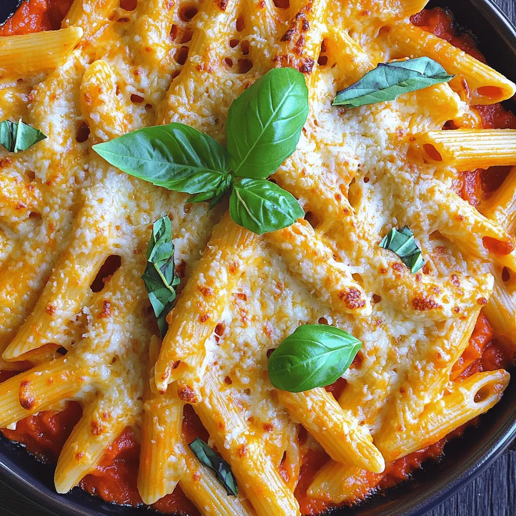 To make a tasty roasted red pepper pasta bake, you need these key ingredients: - 12 oz penne pasta - 3 large red bell peppers, roasted and peeled - 1 cup ricotta cheese - 1 cup shredded mozzarella cheese (plus extra for topping) - 1/2 cup grated Parmesan cheese - 2 cloves garlic, minced These main ingredients create a creamy, rich flavor that everyone loves. Adding some optional ingredients can really boost the flavor of your dish: - 1 teaspoon dried oregano - 1 teaspoon dried basil - 1/2 teaspoon red pepper flakes (optional) - 1 teaspoon olive oil - Salt and pepper to taste These seasonings enhance the taste and make the dish even better. Feel free to adjust them based on your taste. To prepare this meal, gather these tools: - Blender or food processor - Large pot - Baking dish Using the right equipment helps you create the best pasta bake. A blender makes the sauce smooth, while a large pot cooks the pasta perfectly. 1. Preheat oven and cook pasta: Start by preheating your oven to 375°F (190°C). This step is crucial for even cooking. While the oven heats, bring a large pot of salted water to a boil. Add 12 oz of penne pasta and cook it until it’s al dente. This usually takes about 8-10 minutes. Drain the pasta and set it aside. 2. Blend roasted red peppers and prepare the sauce: In a blender, combine 3 large roasted red bell peppers, 1 cup of ricotta cheese, 2 cloves of minced garlic, 1 teaspoon of dried oregano, 1 teaspoon of dried basil, and salt and pepper to taste. If you like spice, add ½ teaspoon of red pepper flakes. Blend until the mixture is smooth and creamy. This sauce adds a rich flavor to your pasta bake. 1. Fold ingredients together in a mixing bowl: In a large mixing bowl, combine the cooked pasta with the smooth red pepper sauce. Add 1 cup of shredded mozzarella cheese and half a cup of grated Parmesan cheese. Gently fold the ingredients together. Make sure every piece of pasta gets coated in that tasty sauce. 2. Transfer mixture to baking dish and add cheese on top: Grease a 9x13-inch baking dish. Pour the pasta and sauce mixture into it. Spread it out evenly. Now, sprinkle the remaining mozzarella and Parmesan cheese on top. This will create a delicious, cheesy crust when it bakes. 1. Bake until bubbly and golden: Place the dish in your preheated oven. Bake for about 25-30 minutes. You want the cheese to be bubbly and golden on top. This is the moment your kitchen will fill with a mouthwatering aroma. 2. Garnish before serving: Once baked, take the dish out of the oven. Let it cool for a few minutes. Before serving, add some fresh basil leaves on top. This adds a nice pop of color and flavor. Enjoy your Roasted Red Pepper Pasta Bake! For the full recipe, check out the details above. To make a great roasted red pepper pasta bake, start with the right pasta. You want your penne to be al dente. This means it should be firm when you bite into it. Cook the pasta according to the package directions but check it a minute or two early. Drain it and set it aside to keep it from getting mushy. Next, enhance the flavor of your dish by seasoning well. Use fresh garlic for a strong taste. A mix of dried oregano and basil adds depth. If you like a bit of heat, sprinkle in some red pepper flakes. Taste your sauce before mixing it with the pasta. Adjust salt and pepper as needed for the best flavor. A beautiful dish starts with garnishing. Fresh basil leaves are a perfect touch. Add them right before serving to keep them vibrant. You can also sprinkle some extra cheese on top for a golden finish. When serving, use a large spoon to scoop out portions. This keeps the layers intact and makes for a pretty plate. Pair your pasta bake with a simple green salad for color and crunch. A glass of red wine also complements the dish nicely. One common mistake is overcooking the pasta. If the pasta is too soft, it will break apart in the bake. Another mistake is using too much cheese. While cheese is tasty, too much can make the dish greasy. Stick to the measurements in the Full Recipe for the right balance. Lastly, be sure to check your oven temperature. An oven that is too hot can burn the top before the inside cooks. Use an oven thermometer if you’re unsure about the settings. This will help you achieve the perfect baked dish every time. {{image_2}} You can switch the pasta type to fit your needs. Try using whole wheat or gluten-free pasta. These options can make the dish lighter and still delicious. For a creamy texture without dairy, use plant-based cheese or dairy-free ricotta. These choices work well and keep the dish rich. Want to boost the dish? Add protein like cooked chicken or Italian sausage for extra heartiness. You can also mix in different vegetables like spinach, mushrooms, or zucchini. Spices can change the flavor too. Adding smoked paprika or Italian seasoning can create a unique taste. Experiment and find your favorite mix! You can cook this dish in various ways. The stovetop method allows for quick preparation. Just mix everything in a pot and enjoy! However, baking brings out the flavors and gives a nice golden crust. For a new texture, use a slow cooker. This method allows the flavors to meld over time. Just combine all ingredients and let it cook slowly. Your pasta bake will be tender and flavorful in a different way! To store your roasted red pepper pasta bake, let it cool first. Place it in an airtight container. Cover it tightly with a lid or wrap. This keeps it fresh and tasty. It lasts up to three days in the fridge. When you're ready to eat it, just reheat! You can freeze this pasta bake if you want to save some for later. Use a freezer-safe container. Make sure to leave some space for expansion. You can freeze it for up to three months. For best results, wrap it in plastic wrap before adding the lid. This prevents freezer burn. When it's time to enjoy your pasta bake, reheating is key. You can use the oven or microwave. For the best taste, use the oven. Preheat it to 350°F (175°C). Bake for about 20 minutes until it's hot. If using a microwave, heat it in short bursts, stirring in between. This keeps it warm all the way through. How long does it take to bake the pasta bake? It takes about 25 to 30 minutes to bake the pasta bake. This timing ensures the cheese gets bubbly and golden. Preheat your oven to 375°F (190°C) for the best results. Can I use jarred roasted red peppers instead of fresh? Yes, you can use jarred roasted red peppers. They save time and add great flavor. Just drain them well before blending. This makes the sauce smooth and creamy. Is this dish suitable for vegetarians? Yes, this dish is vegetarian. It contains no meat and uses cheese and pasta as main ingredients. This makes it a hearty meal for veggie lovers. How can I make it low-calorie or healthier? To make it healthier, use whole grain pasta and low-fat cheese. You can also add more veggies, like spinach or zucchini. Reducing the cheese will lower calories too. What to serve alongside roasted red pepper pasta bake? This pasta bake pairs well with a fresh green salad. A light salad balances the meal and adds crunch. Garlic bread is also a great side for extra flavor. Can this dish be made ahead of time? Yes, you can make this dish ahead of time. Prepare it, then cover and refrigerate. When ready to eat, just bake it for about 30 minutes. It’s perfect for busy nights! For the full recipe, check out the detailed instructions above! You now have all the steps to make a delicious roasted red pepper pasta bake. We covered ingredients, preparation, and cooking tips. Remember to resist overcooking the pasta and to season well. Feel free to experiment with flavors and ingredients for your own twist. Store leftovers properly to enjoy later, and reheat them for the best taste. This dish suits various diets, so it's great for sharing. Try it out, and enjoy a warm, hearty meal that brings comfort to your table.