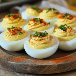 - 6 large eggs - 3 tablespoons mayonnaise - 1 teaspoon Dijon mustard - 1 teaspoon apple cider vinegar - 1/4 teaspoon garlic powder - Salt and pepper to taste - 1 tablespoon fresh chives, finely chopped - Smoked paprika for garnish - Optional: Sriracha for a spicy kick Deviled eggs start with a simple list. First, you need six large eggs. They form the base of this dish. The eggs must be cooked just right. Next, you'll add three tablespoons of mayonnaise. This adds creaminess to the filling. One teaspoon of Dijon mustard gives it a nice tang. You will also need one teaspoon of apple cider vinegar for brightness. A quarter teaspoon of garlic powder adds flavor without being too strong. Don’t forget salt and pepper to taste. I love using fresh chives. One tablespoon, finely chopped, gives a fresh touch. For a finishing flair, sprinkle smoked paprika on top. If you like it hot, add some Sriracha for a kick. This blend of ingredients makes every bite a delight. Check out the Full Recipe to see how to bring these ingredients together. First, we need to boil the eggs correctly. Place six large eggs in a saucepan. Cover them with cold water. Bring the water to a boil over high heat. Once the water boils, cover the pan and remove it from heat. Let the eggs sit for 12 minutes to cook. Next, we will transfer the eggs to an ice bath. This stops the cooking and helps cool them. Let the eggs chill for at least five minutes. This step makes peeling easier. Now, let’s make the filling. Begin by peeling the eggs under running water. This helps remove the shells cleanly. Cut the eggs in half lengthwise. Scoop the yolks into a mixing bowl. Add the following ingredients to the yolks: three tablespoons of mayonnaise, one teaspoon of Dijon mustard, one teaspoon of apple cider vinegar, and a quarter teaspoon of garlic powder. Season with salt and pepper. Mash these ingredients until smooth and creamy. If you like a spicy kick, mix in a touch of Sriracha. This adds a fun twist to the classic flavor. It’s time to assemble our deviled eggs. Spoon or pipe the yolk mixture back into the egg whites. You can use a piping bag or a simple spoon. For garnishing, dust the tops with smoked paprika. This adds flavor and a pop of color. Sprinkle fresh chives on top for a nice touch. These small steps make your deviled eggs look great and taste even better. For the full recipe, check out the provided instructions. Enjoy your delightful party appetizer! To make great deviled eggs, start with the right boil time. For hard-boiled eggs, cook for 12 minutes. If you prefer soft-boiled eggs, aim for about 6 to 8 minutes. The key is to cover the pot after boiling. This traps heat and ensures even cooking. After boiling, always cool the eggs quickly in an ice bath. This stops the cooking and makes peeling easier. The filling should be smooth and creamy. After you scoop out the yolks, mash them well. Use a fork or a food processor for a finer texture. Add mayonnaise and mustard for creaminess. If the mixture feels too thick, add a splash of vinegar. This will help achieve the desired creamy feel. Mixing in a little Sriracha can add flavor and a kick. The look of your deviled eggs matters, too! After filling, consider piping the yolk mixture back into the egg whites. This gives a neat and fun look. Use a piping bag or a zip-top bag with a corner cut off. For garnish, sprinkle smoked paprika on top. Add chopped chives for color and flavor. You can also serve them on a platter with lettuce for a fresh touch. For a fun twist, place them on a colorful dish to brighten your table. For the full recipe, check out the link. {{image_2}} To make your deviled eggs pop, try adding spices or herbs. A dash of cayenne gives heat. Paprika adds a smoky flavor. Fresh herbs like dill or parsley brighten the taste. You can even try curry powder for a unique twist. Each spice adds a new layer to the classic taste. If you want a lighter option, swap mayonnaise for yogurt. Greek yogurt adds creaminess with fewer calories. Avocado is another great choice. It adds richness and healthy fats. This swap gives the eggs a smooth texture and a fresh taste. To spice things up, think outside the box. Chop up crispy bacon and fold it into the yolk mix. Add diced jalapeños for a spicy kick. Pickles or relish can also add a tangy crunch. Each twist makes your deviled eggs stand out at any gathering. Experiment with these ideas to create your own version of this classic dish. Check out the Full Recipe for more inspiration! To keep your leftover deviled eggs fresh, store them in the fridge. Place them in a covered container. If you stack them, use parchment paper between layers. This helps prevent them from sticking together. Cover each egg with plastic wrap if you don't have a container. Avoid leaving them out for more than two hours. Deviled eggs stay fresh for about three to four days in the fridge. After that, they may start to spoil. Always check for any off smells or changes in appearance. If the filling looks dry or the egg whites are slimy, it's best to toss them. Freshness is key to enjoying this tasty treat. Reheating deviled eggs can change their texture. It's best to eat them cold. If you must reheat, do so gently. You can place them in a microwave-safe dish for a few seconds. Cover with a damp paper towel. Heat just until warm, not hot. This way, you can enjoy their creamy goodness without losing flavor. For more details, check the Full Recipe. Deviled eggs should not sit out for more than two hours. After that, bacteria can grow. If it's hot, like at a party, keep them cool. Use ice packs or a cooler to keep them safe. Yes, you can make deviled eggs a day ahead. Prepare the egg whites and the filling. Store them separately in the fridge. Just fill the egg whites right before serving. This keeps them fresh and tasty. To avoid gray yolks, cool boiled eggs quickly. After boiling, place them in an ice bath. This stops the cooking and keeps the yolks bright yellow. Also, do not overcook the eggs. Stick to the 12-minute timer. I do not recommend freezing deviled eggs. The egg whites and filling do not freeze well. They become watery and lose their nice texture. Make them fresh for the best taste. Some common mistakes include overcooking the eggs and not seasoning enough. Be careful when boiling your eggs. Also, taste your filling. Adjust the salt and pepper to make it right. To make deviled eggs healthier, replace mayonnaise with Greek yogurt. It adds creaminess and cuts calories. You can also add fresh herbs for extra flavor and nutrition. Deviled eggs pair well with many snacks. Try serving them with veggies, crackers, or chips. They also go great on a charcuterie board with meats and cheeses. Absolutely! Adding spices can give your deviled eggs a twist. Try a pinch of cayenne for heat or dill for a fresh taste. Experiment with flavors to find your favorite mix. Deviled eggs are easy to make and serve. They are bite-sized and packed with flavor. Plus, they are always a crowd-pleaser at any gathering. Everyone loves a classic deviled egg! For more details on making these tasty treats, check out the Full Recipe. Deviled eggs are a tasty and easy dish. We covered all you need to know. From ingredients, like eggs and spices, to step-by-step instructions, this guide helps you succeed. I shared tips for perfecting your boil, achieving a creamy filling, and even fun presentation ideas. Don't forget to explore flavor variations and storage tips for leftovers. With these insights, you can impress at any gathering. Enjoy making your deviled eggs, and remember, the best ones come from your own kitchen!