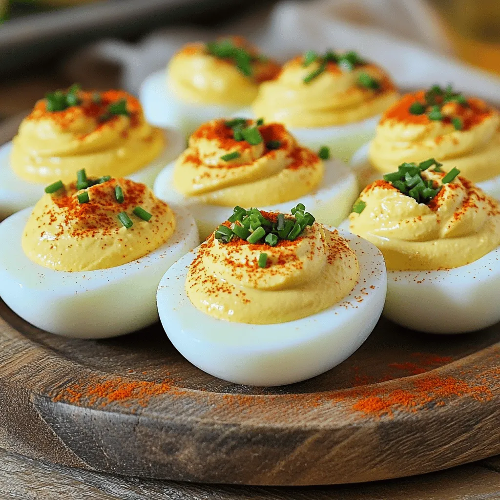- 6 large eggs - 3 tablespoons mayonnaise - 1 teaspoon Dijon mustard - 1 teaspoon apple cider vinegar - 1/4 teaspoon garlic powder - Salt and pepper to taste - 1 tablespoon fresh chives, finely chopped - Smoked paprika for garnish - Optional: Sriracha for a spicy kick Deviled eggs start with a simple list. First, you need six large eggs. They form the base of this dish. The eggs must be cooked just right. Next, you'll add three tablespoons of mayonnaise. This adds creaminess to the filling. One teaspoon of Dijon mustard gives it a nice tang. You will also need one teaspoon of apple cider vinegar for brightness. A quarter teaspoon of garlic powder adds flavor without being too strong. Don’t forget salt and pepper to taste. I love using fresh chives. One tablespoon, finely chopped, gives a fresh touch. For a finishing flair, sprinkle smoked paprika on top. If you like it hot, add some Sriracha for a kick. This blend of ingredients makes every bite a delight. Check out the Full Recipe to see how to bring these ingredients together. First, we need to boil the eggs correctly. Place six large eggs in a saucepan. Cover them with cold water. Bring the water to a boil over high heat. Once the water boils, cover the pan and remove it from heat. Let the eggs sit for 12 minutes to cook. Next, we will transfer the eggs to an ice bath. This stops the cooking and helps cool them. Let the eggs chill for at least five minutes. This step makes peeling easier. Now, let’s make the filling. Begin by peeling the eggs under running water. This helps remove the shells cleanly. Cut the eggs in half lengthwise. Scoop the yolks into a mixing bowl. Add the following ingredients to the yolks: three tablespoons of mayonnaise, one teaspoon of Dijon mustard, one teaspoon of apple cider vinegar, and a quarter teaspoon of garlic powder. Season with salt and pepper. Mash these ingredients until smooth and creamy. If you like a spicy kick, mix in a touch of Sriracha. This adds a fun twist to the classic flavor. It’s time to assemble our deviled eggs. Spoon or pipe the yolk mixture back into the egg whites. You can use a piping bag or a simple spoon. For garnishing, dust the tops with smoked paprika. This adds flavor and a pop of color. Sprinkle fresh chives on top for a nice touch. These small steps make your deviled eggs look great and taste even better. For the full recipe, check out the provided instructions. Enjoy your delightful party appetizer! To make great deviled eggs, start with the right boil time. For hard-boiled eggs, cook for 12 minutes. If you prefer soft-boiled eggs, aim for about 6 to 8 minutes. The key is to cover the pot after boiling. This traps heat and ensures even cooking. After boiling, always cool the eggs quickly in an ice bath. This stops the cooking and makes peeling easier. The filling should be smooth and creamy. After you scoop out the yolks, mash them well. Use a fork or a food processor for a finer texture. Add mayonnaise and mustard for creaminess. If the mixture feels too thick, add a splash of vinegar. This will help achieve the desired creamy feel. Mixing in a little Sriracha can add flavor and a kick. The look of your deviled eggs matters, too! After filling, consider piping the yolk mixture back into the egg whites. This gives a neat and fun look. Use a piping bag or a zip-top bag with a corner cut off. For garnish, sprinkle smoked paprika on top. Add chopped chives for color and flavor. You can also serve them on a platter with lettuce for a fresh touch. For a fun twist, place them on a colorful dish to brighten your table. For the full recipe, check out the link. {{image_2}} To make your deviled eggs pop, try adding spices or herbs. A dash of cayenne gives heat. Paprika adds a smoky flavor. Fresh herbs like dill or parsley brighten the taste. You can even try curry powder for a unique twist. Each spice adds a new layer to the classic taste. If you want a lighter option, swap mayonnaise for yogurt. Greek yogurt adds creaminess with fewer calories. Avocado is another great choice. It adds richness and healthy fats. This swap gives the eggs a smooth texture and a fresh taste. To spice things up, think outside the box. Chop up crispy bacon and fold it into the yolk mix. Add diced jalapeños for a spicy kick. Pickles or relish can also add a tangy crunch. Each twist makes your deviled eggs stand out at any gathering. Experiment with these ideas to create your own version of this classic dish. Check out the Full Recipe for more inspiration! To keep your leftover deviled eggs fresh, store them in the fridge. Place them in a covered container. If you stack them, use parchment paper between layers. This helps prevent them from sticking together. Cover each egg with plastic wrap if you don't have a container. Avoid leaving them out for more than two hours. Deviled eggs stay fresh for about three to four days in the fridge. After that, they may start to spoil. Always check for any off smells or changes in appearance. If the filling looks dry or the egg whites are slimy, it's best to toss them. Freshness is key to enjoying this tasty treat. Reheating deviled eggs can change their texture. It's best to eat them cold. If you must reheat, do so gently. You can place them in a microwave-safe dish for a few seconds. Cover with a damp paper towel. Heat just until warm, not hot. This way, you can enjoy their creamy goodness without losing flavor. For more details, check the Full Recipe. Deviled eggs should not sit out for more than two hours. After that, bacteria can grow. If it's hot, like at a party, keep them cool. Use ice packs or a cooler to keep them safe. Yes, you can make deviled eggs a day ahead. Prepare the egg whites and the filling. Store them separately in the fridge. Just fill the egg whites right before serving. This keeps them fresh and tasty. To avoid gray yolks, cool boiled eggs quickly. After boiling, place them in an ice bath. This stops the cooking and keeps the yolks bright yellow. Also, do not overcook the eggs. Stick to the 12-minute timer. I do not recommend freezing deviled eggs. The egg whites and filling do not freeze well. They become watery and lose their nice texture. Make them fresh for the best taste. Some common mistakes include overcooking the eggs and not seasoning enough. Be careful when boiling your eggs. Also, taste your filling. Adjust the salt and pepper to make it right. To make deviled eggs healthier, replace mayonnaise with Greek yogurt. It adds creaminess and cuts calories. You can also add fresh herbs for extra flavor and nutrition. Deviled eggs pair well with many snacks. Try serving them with veggies, crackers, or chips. They also go great on a charcuterie board with meats and cheeses. Absolutely! Adding spices can give your deviled eggs a twist. Try a pinch of cayenne for heat or dill for a fresh taste. Experiment with flavors to find your favorite mix. Deviled eggs are easy to make and serve. They are bite-sized and packed with flavor. Plus, they are always a crowd-pleaser at any gathering. Everyone loves a classic deviled egg! For more details on making these tasty treats, check out the Full Recipe. Deviled eggs are a tasty and easy dish. We covered all you need to know. From ingredients, like eggs and spices, to step-by-step instructions, this guide helps you succeed. I shared tips for perfecting your boil, achieving a creamy filling, and even fun presentation ideas. Don't forget to explore flavor variations and storage tips for leftovers. With these insights, you can impress at any gathering. Enjoy making your deviled eggs, and remember, the best ones come from your own kitchen!