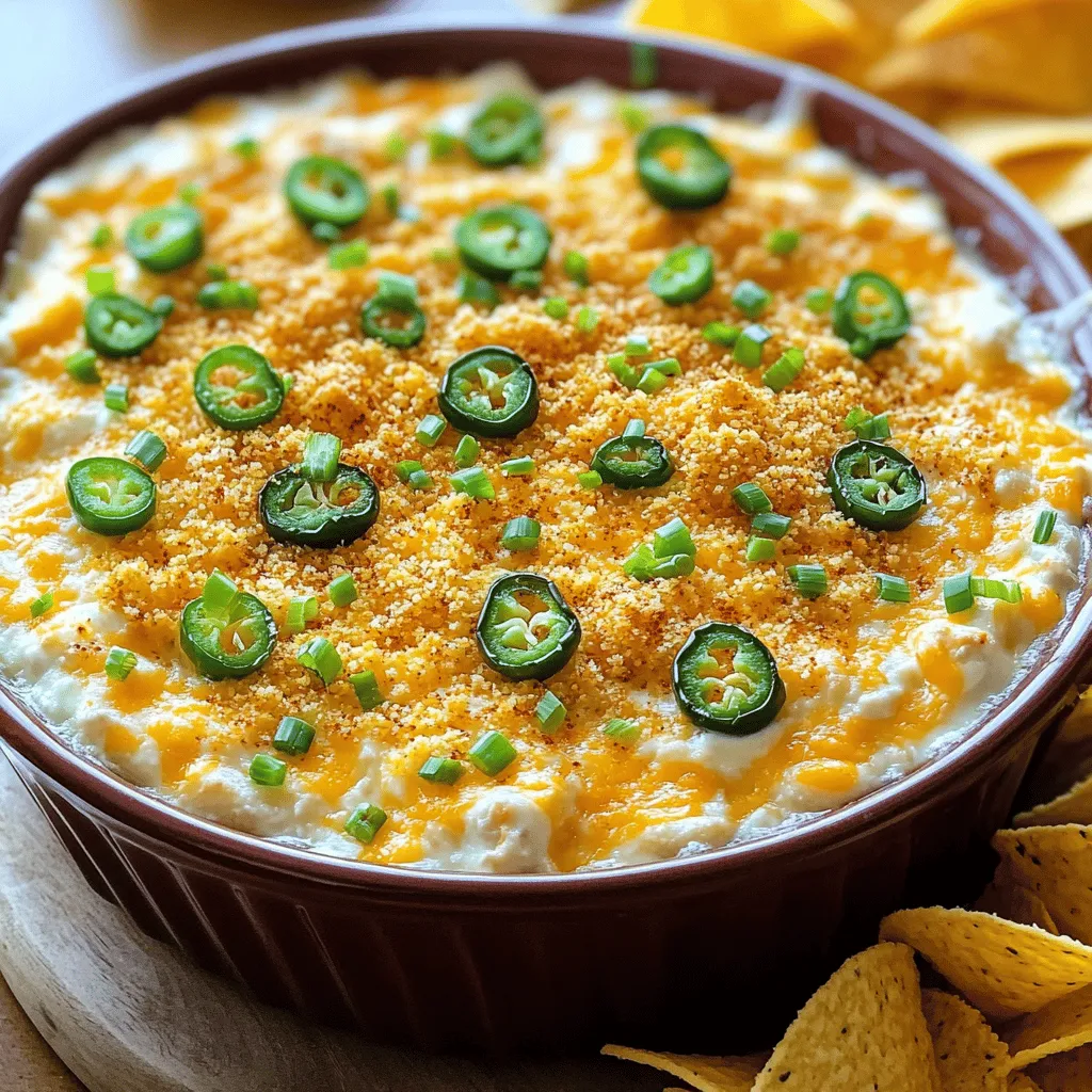 To make the best Jalapeño Popper Dip, gather these simple ingredients: - 1 cup cream cheese, softened - 1 cup sour cream - 1 cup shredded cheddar cheese - 1 cup shredded pepper jack cheese - 1/2 cup diced jalapeños (fresh or pickled) - 1/2 cup breadcrumbs - 2 tablespoons chopped green onions - 1 teaspoon garlic powder - 1 teaspoon onion powder - Salt and pepper, to taste Each ingredient plays a key role in creating the dip's creamy and flavorful texture. The cream cheese and sour cream create a smooth base. The shredded cheddar and pepper jack cheeses add richness and a touch of heat. Jalapeños bring that signature kick, whether you choose fresh or pickled. Breadcrumbs offer a golden, crunchy topping after baking. Chopped green onions add freshness and color. The spices, garlic powder and onion powder, boost flavor. Salt and pepper enhance all the tastes, making every bite delicious. For the full recipe, check out the [Full Recipe]. This dip is perfect for gatherings or a cozy night in. Enjoy! 1. Preheat the oven Set your oven to 350°F (175°C). This step warms up the oven for even cooking. 2. Prepare the cream cheese and sour cream mixture In a big bowl, mix 1 cup of softened cream cheese with 1 cup of sour cream. Blend until smooth and creamy. This makes a nice base for your dip. 3. Incorporate the cheeses Stir in 1 cup of shredded cheddar cheese and 1 cup of shredded pepper jack cheese. Make sure the cheeses combine well. This adds rich flavor and creaminess. 4. Mix in the jalapeños and seasonings Add 1/2 cup of diced jalapeños, 2 tablespoons of chopped green onions, 1 teaspoon of garlic powder, 1 teaspoon of onion powder, and salt and pepper to taste. Stir until all the ingredients are mixed evenly. 5. Transfer to a baking dish and add breadcrumbs Pour the mixture into a baking dish and spread it out. In a small bowl, mix 1/2 cup of breadcrumbs with a bit of olive oil. Sprinkle this on top of the dip for a crunchy finish. 6. Baking process Bake in your preheated oven for 25-30 minutes. Look for bubbly edges and a golden-brown top. This shows it is ready. Now your Jalapeño Popper Dip is almost done! Serve it hot with chips or veggies. For the complete recipe, check the Full Recipe above. To get the best texture for your Jalapeño Popper Dip, start with softened cream cheese. It mixes better and makes the dip smooth. Use a hand mixer for a fluffy finish. Blend the cream cheese with sour cream until creamy. For a golden-brown topping, mix breadcrumbs with a little olive oil. This helps them crisp up in the oven. Spread the breadcrumb mix evenly on top of the dip before baking. Serve your dip hot for the best flavor. Use tortilla chips or fresh veggie sticks for dipping. Garnish with chopped green onions or paprika for a pop of color. For the full recipe, check the details above. {{image_2}} You can customize Jalapeño Popper Dip to fit your taste. Here are some fun ideas. - Adding protein: You can add cooked bacon or shredded chicken for extra flavor. Bacon gives a nice crunch and smoky taste. Chicken adds heartiness and pairs well with the creamy base. - Adjusting spice levels: If you want more heat, use fresh jalapeños. For less spice, try poblano peppers or banana peppers. You can also mix in some diced chipotle peppers for a smoky kick. - Dairy-free or lighter alternatives: You can swap cream cheese with a dairy-free version. Use Greek yogurt instead of sour cream for a lighter dip. This keeps the dip creamy while cutting some calories. These options let you make the dip your own. Try mixing and matching to find your favorite version! For the full recipe, check out the recipe section above. To keep your Jalapeño Popper Dip fresh, follow these storage tips. Refrigeration tips: - Place the dip in an airtight container. - Store it in the fridge for up to five days. - When ready to eat, simply reheat it in the oven or microwave. Freezing guidelines: - You can freeze the dip for up to three months. - Use a freezer-safe container or a zip-top bag. - Thaw it overnight in the fridge before reheating. - Reheat it carefully to avoid drying it out. These steps help maintain the creamy and flavorful delight of your dip! For the full recipe, check out the recipe above. Can I make this dip ahead of time? Yes, you can make this dip ahead of time. Just mix all the ingredients and store it in the fridge. Cover it tightly so it stays fresh. You can keep it for up to two days. When you're ready to bake, just pop it in the oven. What can I serve with Jalapeño Popper Dip? You can serve Jalapeño Popper Dip with many tasty options. Tortilla chips work great for scooping. Pita chips add a nice crunch too. Fresh veggie sticks like carrots and celery are healthy options. You can also use crackers for a fun twist. How do I reheat the dip? To reheat the dip, place it in the oven at 350°F (175°C). Cover it with foil to keep it moist. Heat it for about 15 minutes or until warm. You can also use a microwave. Just heat it in short bursts, stirring in between. If you're curious about the full recipe, check out the full recipe for all the delicious details! In this post, we explored how to make Jalapeño Popper Dip. We covered the key ingredients, including cream cheese and jalapeños. I shared step-by-step instructions to help you prepare this tasty dish. You learned tips for perfecting texture and achieving a golden-brown top. We also discussed fun variations and storage tips. Now, get creative with your dip! Customize it to match your taste. Enjoy making and sharing this dip at your next gathering!