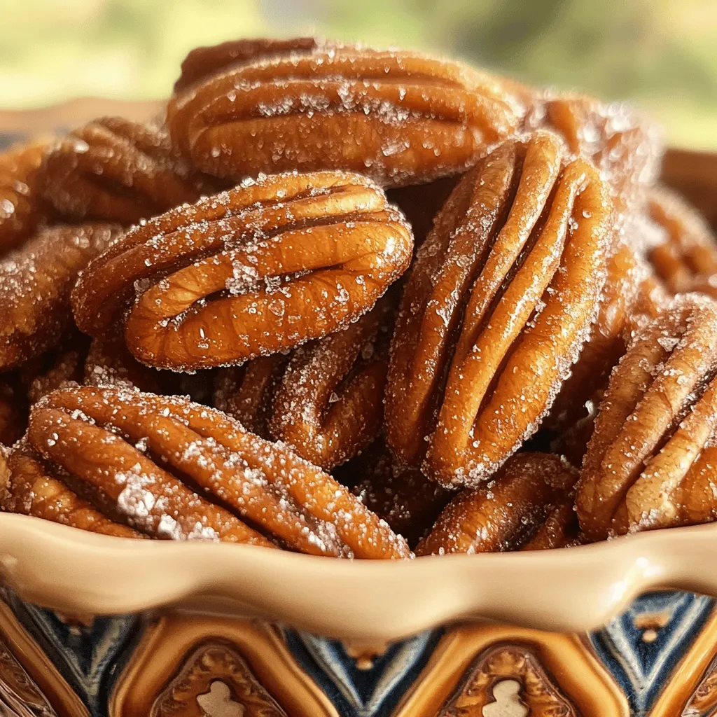 - 2 cups pecan halves - 1/2 cup brown sugar - 1/4 cup granulated sugar - 1 teaspoon cayenne pepper (adjust to taste) - 1 teaspoon cinnamon - 1/4 teaspoon salt - 1/4 cup unsalted butter - 1 teaspoon vanilla extract - 1 tablespoon water For the best flavor, use high-quality pecans. Look for fresh, plump nuts. They should be crunchy and free of any rancidity. Fresh spices are key as well. Old spices lose their punch. Always check the date on your spice jars. This will ensure your sweet and spicy candied pecans shine with full flavor. You will need a medium saucepan for cooking. A baking sheet is essential for baking the pecans. Line it with parchment paper for easy cleanup and to prevent sticking. These tools make the process smooth and fun. With the right gear, you'll whip up this treat in no time! - Preheat the oven to 350°F (175°C). - Prepare your baking sheet with parchment paper. - In a medium saucepan, combine the brown sugar, granulated sugar, cayenne pepper, cinnamon, salt, butter, vanilla extract, and water. - Heat the mixture over medium heat until bubbling, stirring often. This takes about 2-3 minutes. - Once it bubbles, add the pecans. Stir well to coat each pecan in the sugary mix. - Pour the coated pecans onto the baking sheet. Spread them out in a single layer. - Bake in the preheated oven for 10-12 minutes. Stir halfway through to ensure even caramelization. - Keep an eye on them to prevent burning. - Once done, remove the baking sheet from the oven. Let the pecans cool completely on the sheet. They will harden as they cool. - After they cool, break apart any clusters and store them in an airtight container if not using immediately. Make sure to check out the Full Recipe for more details! To get the best flavor, adjust the cayenne pepper. If you like heat, add more. If you prefer mild, use less. This balance helps enhance the sweet taste without overpowering it. While baking, stir the pecans. This step ensures even cooking. You want them to caramelize nicely. Stirring also prevents burning. Keep a close eye on them, especially toward the end of baking. Serve your sweet and spicy candied pecans in a decorative bowl. This makes for an eye-catching snack. You can also sprinkle sea salt on top for a nice touch. Fresh herbs like rosemary can add a pop of color and flavor. These pecans are great toppings. Try them on salads or desserts for extra crunch. They add a delightful twist to many dishes. If your pecans burn, don't panic. You can salvage them by scraping off the burnt parts. Next time, lower the oven temperature or reduce baking time. If your candied pecans turn out too hard, soften them. Place the pecans in a bowl with a damp paper towel. Microwave in short bursts until they soften. This method helps restore some chewiness. For the full recipe, check the section above. {{image_2}} You can give your sweet and spicy candied pecans a twist. Try adding different spices like nutmeg or ginger. These spices can change the flavor profile significantly. If you want more crunch, experiment with other nuts like almonds or walnuts. Each nut brings its own taste and texture, adding variety to your snack. Not everyone loves sweet snacks. You can reduce the sugar to make a less sweet version. This keeps the flavor while lowering the sweetness. If you want to switch it up, use honey or maple syrup instead of granulated sugar. These natural sweeteners add depth and richness to the pecans. If you crave something savory, try adding herbs or cheese. A sprinkle of rosemary or thyme can enhance the flavor. You can also pair the pecans with savory snacks like cheese platters or charcuterie boards. This mix of sweet and savory makes for a fun and unique treat. For the full recipe, check out the Sweet & Spicy Candied Pecans. To keep your sweet and spicy candied pecans fresh, store them in an airtight container. This helps protect them from moisture and air, which can make them soft. Use a glass jar or a plastic container with a tight lid. Keep them in a cool, dry place away from direct sunlight. This will help maintain their crunchiness and flavor. At room temperature, these pecans can last about two weeks. If you want them to last longer, freezing is a great option. To freeze candied pecans, place them in a freezer-safe bag or container. Make sure to remove as much air as possible before sealing. They can stay fresh in the freezer for up to three months. If you want to warm up your candied pecans, the best method is to use the oven. Preheat your oven to 350°F (175°C). Spread the pecans on a baking sheet and heat them for about five minutes. This method helps keep their texture and flavor intact. Avoid using the microwave, as it can make them chewy instead of crunchy. To make sweet and spicy candied pecans, follow these steps: 1. Preheat the oven to 350°F (175°C) and prepare a baking sheet with parchment paper. 2. Combine ingredients in a medium saucepan. Mix brown sugar, granulated sugar, cayenne pepper, cinnamon, salt, butter, vanilla extract, and water. Stir until it bubbles. 3. Add pecans to the saucepan. Stir well to coat each pecan in the sugary mix. 4. Spread pecans on the baking sheet in a single layer. 5. Bake for 10-12 minutes, stirring halfway through. Watch them closely to avoid burning. 6. Cool completely on the baking sheet. They will harden as they cool. 7. Store in an airtight container if not eating right away. You can find pre-made sweet and spicy candied pecans at: - Specialty food stores like Whole Foods or Trader Joe's. - Online retailers like Amazon or specialty snack sites. - Local farmers' markets may sell homemade versions. Yes, you can make this recipe vegan by: - Using plant-based butter as a substitute for unsalted butter. Look for brands like Earth Balance. - Choosing vegan sweeteners like maple syrup or agave nectar instead of brown sugar. Sweet and spicy candied pecans pair well with: - Salads, adding a crunchy texture. - Ice cream or yogurt for a sweet topping. - Cheese boards to complement savory flavors. For the full recipe and more tips, check out the Full Recipe. This post covered how to make sweet and spicy candied pecans. We went over the ingredients, tools, and step-by-step instructions. You learned tips to perfect your recipe and fun variations to try. Remember to store your pecans properly to keep them fresh. Whether you want a sweet snack or a savory twist, this recipe is easy to customize. Enjoy your tasty creation and impress your friends and family!