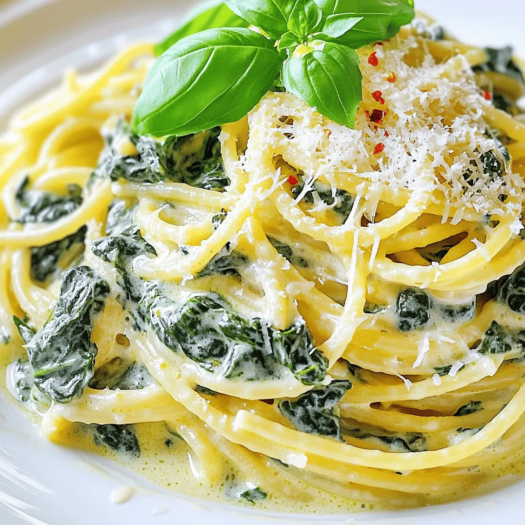 To make creamy garlic spinach pasta, you need a few key items: - Pasta options: Choose between 12 oz of spaghetti or fettuccine. - Creamy base ingredients: Use 1 cup of heavy cream or coconut cream for a vegan option. - Cheese options: Add 1/2 cup of grated Parmesan cheese, or use nutritional yeast for a vegan twist. These ingredients form the heart of the dish. The pasta gives the meal its base, while the creamy elements create a rich sauce. The cheese adds a savory depth, enhancing the flavor. You can also customize your pasta with some optional ingredients: - Seasoning choices: Don’t forget to add salt, pepper, and red pepper flakes for a little kick. - Garnishing elements: Brighten the dish with lemon zest and fresh basil leaves for a pop of color and flavor. These optional ingredients help you personalize your creamy garlic spinach pasta. Experimenting with flavors can make your dish unique and exciting. For the full recipe, follow the detailed steps to bring this meal to life. First, boil a large pot of salted water. Use about 1 tablespoon of salt for every 4 quarts of water. This step adds flavor to the pasta. Once the water is boiling, add 12 ounces of spaghetti or fettuccine. Cook it according to the package instructions. Aim for al dente, which means your pasta should be firm but not hard. This usually takes about 8 to 10 minutes. Remember to reserve about 1 cup of pasta water before draining and setting the pasta aside. Next, heat 2 tablespoons of olive oil in a large skillet over medium heat. Once the oil is hot, add 4 cloves of minced garlic. Sauté the garlic for about 1 minute. You'll know it's ready when it smells fragrant. Be careful not to burn the garlic, as it can turn bitter. Now, add 6 cups of fresh spinach into the skillet. Cook for about 3 to 4 minutes, stirring often. You want the spinach to wilt down nicely. Now, reduce the heat to low. Stir in 1 cup of heavy cream. Let it simmer gently for a couple of minutes. Gradually add in 1/2 cup of grated Parmesan cheese, stirring continuously. Keep stirring until the cheese melts and the sauce becomes smooth. If the sauce feels too thick, add a bit of the reserved pasta water until you reach your desired consistency. Finally, season the sauce with salt, pepper, red pepper flakes, and lemon zest. Mix well. Add the cooked pasta to the skillet and toss until well coated in the creamy sauce. Adjust the seasoning if you like. Enjoy your creamy garlic spinach pasta! For the full recipe, refer to the instructions above. Timing is key when sautéing garlic. I add it to the hot oil for just one minute. You want it to turn golden without burning. Burnt garlic tastes bitter and ruins the dish. If you notice it browning too fast, lower the heat. Stir it often, and watch closely. This way, you get a lovely garlic flavor. To get the sauce just right, use reserved pasta water. After cooking, save about a cup of this water. If your sauce is too thick, add a splash to loosen it. The starchy water helps the sauce cling to the pasta. For thickening, the cheese you choose matters. Parmesan melts well and adds creaminess. If you want a vegan option, try nutritional yeast. It gives a cheesy flavor too. For a complete meal, pair this pasta with a fresh salad. A simple green salad with lemon vinaigrette works great. You can also add garlic bread on the side for extra comfort. To make your dish look pretty, use fresh basil leaves on top. A sprinkle of extra cheese also adds a nice touch. This makes your creamy garlic spinach pasta a feast for the eyes and the taste buds. For the full recipe, refer to the earlier section. {{image_2}} If you want a vegan twist, you can use coconut cream instead of heavy cream. Coconut cream adds a nice richness and a hint of sweetness. For cheese, use nutritional yeast. It gives a cheesy flavor without dairy. You can also add more veggies. Try bell peppers, zucchini, or mushrooms. These add color and nutrients. You can swap spaghetti or fettuccine for other pasta types. If you need gluten-free pasta, look for options made from rice or chickpeas. Whole wheat pasta is a great choice too. It adds fiber and a nutty taste. You can even try pasta made from lentils or quinoa for a fun twist. For extra protein, add cooked chicken or shrimp to your dish. This makes it more filling and satisfying. You can also spice things up! Add red pepper flakes for heat or Italian herbs like oregano and thyme. These flavors enhance the dish and make it more exciting. For the complete recipe, check out the [Full Recipe]. To keep your creamy garlic spinach pasta fresh, store it in an airtight container. Make sure it cools to room temperature before sealing. This helps prevent moisture build-up, which can make the pasta mushy. In the fridge, your pasta will stay good for about 3 to 4 days. Always check for any off smells or changes in texture before eating. If you want to save leftovers for later, freezing is a great option. Before freezing, portion the pasta into meal-sized servings. Use freezer-safe containers or bags to prevent freezer burn. When you're ready to eat it, thaw the pasta in the fridge overnight. To reheat, you can use the stove or microwave. If using the stove, add a splash of cream or pasta water to help restore the creamy texture. Stir often to ensure even heating. If using the microwave, heat in short bursts and stir in between. This will help keep your creamy garlic spinach pasta delicious and enjoyable. Creamy garlic spinach pasta lasts about 3 to 5 days in the fridge. Store it in an airtight container. Make sure it cools down before sealing to keep it fresh. Yes, you can make this dish ahead of time. Cook the pasta and sauce, then combine them before serving. Store them separately to keep the pasta from becoming mushy. You can use coconut cream or cashew cream as a lighter option. Both add creaminess without dairy. A mix of milk and cornstarch also works in a pinch. Absolutely! This recipe is great for meal prep. You can portion it out into containers for easy lunches or dinners. Just reheat in the microwave when you’re ready to eat. To make this dish gluten-free, use gluten-free pasta. Many options are available, like rice or chickpea pasta. Just follow the cooking instructions on the package for best results. For the full recipe, check out the complete guide I created! To sum up, we explored the essential and optional ingredients for creamy garlic spinach pasta. You learned how to cook the pasta, prepare the sauce, and mix everything just right. I shared tips to enhance the garlic flavor and ensure a perfect sauce. You also found variations, storage info, and answers to common questions. I hope you enjoy making this dish. It's simple, tasty, and perfect for any meal.