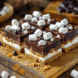 - 1 ½ cups graham cracker crumbs - ½ cup unsweetened cocoa powder - 1 cup sweetened condensed milk - 1 cup mini marshmallows - 1 cup semi-sweet chocolate chips - ½ cup mini chocolate chips (for topping) - ¼ cup unsweetened shredded coconut (optional, for added texture) - Pinch of salt The right ingredients make these No-Bake S’mores Fudge Bars shine. I always use fresh graham cracker crumbs for that classic flavor. Cocoa powder gives the bars a rich taste. Sweetened condensed milk binds everything together, making each bite creamy. Mini marshmallows add that perfect chewy texture. Semi-sweet chocolate chips create a smooth layer of chocolate goodness. Topping with mini chocolate chips adds extra sweetness. If you like a bit of crunch, try adding shredded coconut. - Alternative options for graham cracker crumbs: You can use crushed cookies like Oreos or digestive biscuits. They work well and add a different flavor. - Sweetened condensed milk substitutes: Try coconut milk for a dairy-free option. You can also make your own using milk and sugar. - Different chocolate types for varying flavor: Dark chocolate or white chocolate can change the taste. Use your favorite type for a personal touch. For the Full Recipe, check out the detailed instructions and enjoy making these tasty treats! 1. Mix the Dry Ingredients: In a large bowl, combine 1 ½ cups of graham cracker crumbs, ½ cup of cocoa powder, and a pinch of salt. Mix them well. This step gives the bars their base flavor and texture. 2. Melt the Chocolate: Take 1 cup of semi-sweet chocolate chips. Place them in a microwave-safe bowl. Heat in 30-second intervals. Stir after each interval until the chocolate is smooth. This method prevents burning and ensures a glossy finish. 3. Layer the Ingredients: Line an 8x8-inch baking pan with parchment paper. Leave some paper hanging over the sides. This will help you lift the bars out later. Press half of the graham cracker mixture evenly in the pan. Pour the melted chocolate over this layer. Spread it out evenly. Next, sprinkle 1 cup of mini marshmallows on top, followed by the remaining graham cracker mixture. Press the top layer down gently to stick it to the marshmallows and chocolate. Refrigeration time is key. It helps the bars firm up nicely. Chill them for at least 4 hours. To check if they are set, gently press the top. If it feels firm, they are ready. If not, give them a little more time. Once set, lift the bars out using the parchment overhang. Cut them into squares for serving. For the full recipe, check the complete instructions. To make sure your bars do not get too crumbly, follow these tips: - Use fresh ingredients: Old graham crackers can affect the taste and texture. - Press firmly: When you add each layer, press down with even force. This helps them stick together. - Check the ratio: Keep the graham crumbs and condensed milk balanced. Too much of one can lead to a mess. Pressing down your layers correctly is key. If you don’t press the top layer firmly, the bars may fall apart. Use a flat spatula or your hands to get a good seal on the layers. Want to make your fudge bars more exciting? Here are some great ideas: - Add spices: A pinch of cinnamon or nutmeg can bring warmth to the bars. - Try extracts: A dash of vanilla or almond extract can boost the flavor. - Unique ingredients: Swap some chocolate chips for peanut butter chips or add crushed peppermint for a seasonal twist. Experimenting with flavors keeps things fun. Each twist can give your bars a whole new life. Enjoy the process! {{image_2}} You can easily customize your No-Bake S’mores Fudge Bars. Adding fruits like strawberries or bananas can brighten the flavor. The sweetness in the fruit pairs well with the rich chocolate. Simply chop the fruit and sprinkle it on top before adding the last layer of graham cracker mixture. You can also use different nuts or seeds for added crunch. Try chopped almonds or walnuts for a nutty taste. Sunflower seeds can add a fun twist too. Just mix them into the chocolate layer or sprinkle them on top before chilling. If you need gluten-free options, use gluten-free graham cracker crumbs. There are many brands available now. Check the packaging to ensure they fit your needs. For a vegan version, swap the sweetened condensed milk for coconut cream or a dairy-free condensed milk. Use vegan chocolate chips for the chocolate layers. This way, everyone can enjoy these tasty bars without missing out. To keep your No-Bake S'mores Fudge Bars fresh, store them in the refrigerator. Use an airtight container to prevent them from drying out. If you want to keep them for longer, wrap each bar in plastic wrap. This extra step helps keep them moist and tasty. You can freeze these bars for up to three months. Just make sure to cut them into squares first. Place the squares in a single layer on a baking sheet. Once frozen, move them to a freezer-safe bag or container. When you're ready to enjoy them, thaw the bars in the fridge overnight. For a quick treat, you can serve them slightly frozen for a cool and chewy snack. How long do No-Bake S’mores Fudge Bars last? These bars can last up to one week in the fridge. Store them in an airtight container. You can also freeze them for up to three months. Just remember to wrap them well to avoid freezer burn. Can I make No-Bake S’mores Fudge Bars ahead of time? Yes! You can prepare these bars a day or two in advance. This makes them perfect for parties or gatherings. Just keep them in the fridge until you are ready to serve. What should I do if my mixture doesn’t hold together? If your mixture is too crumbly, add a bit more sweetened condensed milk. This will help bind the ingredients. Mix it in slowly until you reach the desired consistency. Can I use different toppings? Absolutely! Feel free to get creative. You can add crushed nuts, sprinkles, or even more marshmallows on top. Use what you love! Can I substitute the cocoa powder with chocolate syrup? You can use chocolate syrup, but it will change the texture. You may need to adjust the amount of sweetened condensed milk. Start with half the syrup and see how it mixes. These No-Bake S’mores Fudge Bars are easy to make and share. We covered the key ingredients and their substitutions, including how to mix and set the bars. Tips on achieving the best texture and flavor variations make this treat even better. Proper storage helps keep them fresh for longer. Now you can enjoy these delicious bars any time, and impress others with your baking skills. Have fun experimenting with flavors and enjoy your tasty creation!