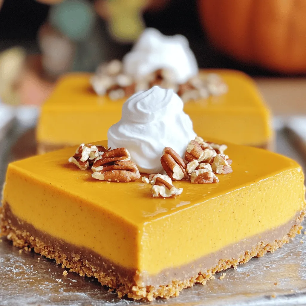 To make these pumpkin spice cheesecake squares, gather the following ingredients: - 1 ½ cups graham cracker crumbs - ½ cup unsalted butter, melted - 2 tablespoons granulated sugar - 16 oz cream cheese, softened - 1 cup canned pumpkin puree - ¾ cup brown sugar - 2 large eggs - 1 teaspoon vanilla extract - 2 teaspoons pumpkin pie spice - 1 teaspoon cinnamon - ½ teaspoon salt - Whipped cream (for topping, optional) - Chopped pecans or walnuts (for garnish, optional) Each ingredient plays a special role in creating a rich and creamy dessert. The graham cracker crumbs form a crunchy base, while the cream cheese gives the cheesecake its creamy texture. Pumpkin puree adds moisture and flavor, making it perfect for fall. Spices like cinnamon and pumpkin pie spice bring warmth and depth. The sugar balances the flavors, and eggs help set the filling. If you want a fun twist, consider adding whipped cream on top or sprinkling nuts for added crunch. You can find the complete recipe [here](#Full-Recipe). Preheating the Oven Start by preheating your oven to 350°F (175°C). This step helps the cheesecake bake evenly. Preparing the Baking Dish Line an 8x8 inch baking dish with parchment paper. Leave some paper hanging over the edges for easy removal later. Mixing Ingredients In a medium bowl, mix 1 ½ cups of graham cracker crumbs, ½ cup of melted unsalted butter, and 2 tablespoons of granulated sugar. Stir until everything blends well. Baking the Crust Press the crumb mixture firmly into the bottom of your baking dish. Bake in the preheated oven for 10 minutes. Once done, take it out and let it cool. Combining the Cream Cheese and Pumpkin In a large bowl, beat 16 oz of softened cream cheese with a hand mixer until smooth. Next, add 1 cup of canned pumpkin puree and ¾ cup of brown sugar. Mix until combined. Adding Remaining Ingredients Now, add 2 large eggs, 1 teaspoon of vanilla extract, 2 teaspoons of pumpkin pie spice, 1 teaspoon of cinnamon, and ½ teaspoon of salt. Continue mixing until there are no lumps left. Pouring the Filling Carefully pour the pumpkin cheesecake filling over the cooled crust. Use a spatula to spread it evenly across the surface. Recommended Baking Time Place the dish back in the oven. Bake for 40-45 minutes. The edges should be set, and the center will have a slight jiggle. Cooling at Room Temperature When baked, remove it from the oven. Allow the cheesecake to cool at room temperature for about 1 hour. Chilling in the Refrigerator After cooling, place the dish in the refrigerator. Chill for at least 4 hours, or overnight for the best texture and flavor. Cutting into Squares When ready to serve, use the parchment paper to lift the cheesecake out. Cut into squares for serving. Topping and Garnishing Options Top each square with whipped cream if you like. You can also sprinkle chopped pecans or walnuts for a nice crunch. For the full recipe, check the instructions above. Ensuring Proper Texture To get the right texture, mix the cream cheese until it’s smooth. This helps avoid lumps in your filling. Use room-temperature cream cheese for best results. It blends easier with other ingredients. Preventing Cracks To stop cracks, do not overbake the cheesecake. Keep an eye on it. The edges should be firm, but the center can jiggle a bit. Let it cool slowly at room temperature before chilling. Presentation Ideas For a beautiful serve, cut the cheesecake squares neatly. Use a sharp knife for clean edges. Add a dollop of whipped cream on each square. Sprinkle chopped nuts on top for a nice crunch. Best Accompaniments Serve these squares with a side of vanilla ice cream for a sweet touch. A warm drink like chai tea or coffee pairs well too. The flavors will blend perfectly. Substitutions for Healthier Options You can swap out graham cracker crumbs for almond flour for a gluten-free option. Use Greek yogurt instead of cream cheese for a lighter cheesecake. Selecting Quality Ingredients Always choose fresh pumpkin puree for richer flavor. Check that your eggs are large and free-range. Quality ingredients make a big difference in taste. Don’t forget to grab fresh spices for the best flavor! For the complete recipe, check out the [Full Recipe]. {{image_2}} You can jazz up your pumpkin spice cheesecake squares in fun ways. For a chocolate twist, add chocolate chips to the filling. This makes each bite richer and creamier. You can also melt chocolate and drizzle it on top for extra flair. If you prefer caramel, swirl it into the filling before baking. This gives a sweet, gooey surprise. Another option is to add nuts. Chopped pecans or walnuts bring a nice crunch. Just mix them into the filling or sprinkle them on top. This adds texture and flavor to each square. For those who need gluten-free treats, swap the graham cracker crumbs for gluten-free ones. Most stores sell gluten-free options that work great. Just make sure to check labels to avoid hidden gluten. If you want a vegan version, use a dairy-free cream cheese. Replace eggs with flaxseed meal mixed with water. This will help bind the filling. Use maple syrup instead of brown sugar for sweetness. These swaps keep the flavor while making it plant-based. You can change your cheesecake squares for special occasions. For Thanksgiving, add cranberries or nuts on top for a festive touch. For Christmas, use peppermint extract instead of vanilla. This will give a holiday vibe to your dessert. When using fresh pumpkin, roast and puree it yourself. This adds more flavor than canned pumpkin. Canned pumpkin works fine, but fresh can enhance the taste. If you use fresh, be sure to drain any excess moisture. This will keep your squares from being too wet. For the full recipe, check out the details above. How long do pumpkin spice cheesecake squares last in the fridge? They stay fresh for about 5 days when stored properly. Best practices for storage include placing them in an airtight container. This keeps the cheesecake moist and prevents odors from other foods. What are the freezing instructions? To freeze, wrap the cheesecake squares tightly in plastic wrap. Then place them in a freezer-safe bag. This method helps avoid freezer burn. Thawing tips? Always thaw in the refrigerator overnight. This way, your cheesecake remains creamy and delicious. What are the recommended methods for reheating? You can enjoy these squares cold or slightly warm. If you prefer warm, gently heat them in the microwave for about 10-15 seconds. How do you serve again after storage? Simply cut into squares and add your favorite toppings, like whipped cream or nuts. This adds freshness and makes them look appealing again. How can I tell when the cheesecake is done? You can tell the cheesecake is done when the edges look set. The center should still jiggle a bit. This slight jiggle means it will firm up as it cools. Always use a timer and check around the 40-minute mark. Can I use a different type of crust? Yes, you can use other crusts! Try a cookie crust or a nut crust for a twist. Graham crackers are classic, but use what you love. Just make sure the crust is firm and can hold the filling. Can I make this recipe ahead of time? Absolutely! You can make these squares a day ahead. Just store them in the fridge. The flavors deepen overnight, making them even better. This makes serving easier for parties or gatherings. What can I substitute for cream cheese? If you need a substitute for cream cheese, try mascarpone cheese or Greek yogurt. Both options give a creamy texture. Adjust the sweetness if needed, as they may vary in taste. Is it necessary to use fresh pumpkin? No, it's not necessary to use fresh pumpkin. Canned pumpkin puree works great! It saves time and has a rich flavor. Just make sure to choose pure pumpkin, not pumpkin pie filling. Why did my cheesecake crack? Cracks often happen due to rapid temperature changes. Always bake at a steady temperature. Avoid overmixing, as that can add too much air. Lastly, try baking in a water bath for even cooking. How do I prevent my cheesecake from being too dense? To keep your cheesecake light, mix the filling gently. Overmixing can create too much air. Make sure your cream cheese is softened well. This helps blend smoothly without making it dense. This blog post covers everything you need for pumpkin cheesecake squares. We explored ingredients, baking steps, and serving tips. Remember to preheat and chill your squares for best results. You can enjoy this treat all year, with tasty variations to try. Whether you go classic or creative, your friends and family will love it. Stay confident in your baking and have fun making this dessert shine!