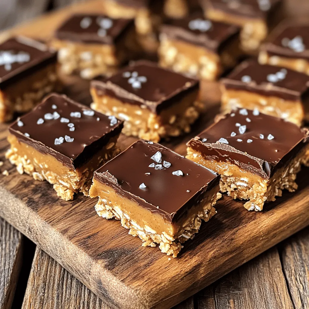 - 1 cup natural peanut butter - 1/2 cup honey or maple syrup - 2 cups rolled oats - 1 cup dark chocolate chips - 1/4 cup coconut oil - 1 tsp vanilla extract - A pinch of salt - Optional: 1/2 cup chopped nuts (e.g., walnuts or almonds) I love using natural peanut butter for its rich flavor and creamy texture. Honey or maple syrup adds sweetness and binds everything together. Rolled oats give the bars a hearty base, providing fiber. Dark chocolate chips add a sweet, rich contrast to the nutty flavor. I like to use coconut oil to help the chocolate melt smoothly. A dash of vanilla and a pinch of salt really enhance the taste, making these bars truly special. If you want extra crunch, toss in some chopped nuts. - Gluten-free options: Use certified gluten-free oats to make these bars safe for those with gluten sensitivities. - Vegan alternatives: Substitute honey with maple syrup for a fully vegan treat. - Nutritional highlights: These bars are packed with protein from peanut butter and fiber from oats. They make a great energy snack. I enjoy making these bars because they fit various dietary needs. With just a few small changes, anyone can enjoy them. Plus, they are healthy enough for a guilt-free treat! Start by grabbing a big bowl. In this bowl, mix the natural peanut butter and honey (or maple syrup). You want it to be smooth. Next, add the vanilla extract and a pinch of salt. This adds great flavor. Now, pour in the rolled oats. If you like nuts, mix in the chopped nuts too. Stir until everything blends well together. Take an 8-inch square baking pan and line it with parchment paper. Leave some paper hanging over the edges. This helps you lift the bars later. Now, spread the peanut butter mixture into the pan. Press it down firmly with a spatula. Make sure it is packed tight so the bars hold together. In a small saucepan, melt the dark chocolate chips and coconut oil. Keep the heat low and stir until it’s smooth. Once melted, remove it from heat. Carefully pour the melted chocolate over the pressed oat mixture. Use a spatula to spread it out evenly. Now, put the pan in the fridge. Let it chill for about 2 to 3 hours. This helps the bars firm up. Once they are set, lift them out using the parchment paper. Place them on a cutting board and cut them into squares or rectangles. Enjoy your no-bake peanut butter bars! For the [Full Recipe], check the ingredients above. If your bars fall apart, don’t worry! You can fix this. Simply increase the compacting pressure when you press the mixture into the pan. A firm press helps hold everything together. You can also adjust the sweetness. If it's too sweet, try adding a bit more oats. If it's not sweet enough, mix in a little extra honey or maple syrup. Serving your bars nicely can impress guests. Place them on a rustic wooden board for a warm look. Drizzle some melted chocolate over the top. This adds flair and flavor. A sprinkle of sea salt on the chocolate can make it pop visually. You can also cut the bars into fun shapes or sizes. Use unique plates or arrange them in stacks for an inviting display. Feel free to get creative with flavors! You could add different mix-ins, like dried fruit or seeds. Try adding a swirl of jam or honey on top for a fruity touch. Experimenting with toppings can also be fun. Consider adding crushed nuts or a layer of yogurt for extra texture. Each time you make these bars, you can create a new taste experience! {{image_2}} You can change the flavor of your no-bake peanut butter bars easily. A fun twist is the chocolate-peanut butter swirl. Just melt some chocolate and mix it in. This adds a rich taste and looks pretty too! Another option is adding protein powder. This boosts the protein content and keeps you full longer. Use chocolate or vanilla protein powder for more flavor. If you want to try different nut butters, almond and cashew are great options. They add unique flavors while keeping the bars creamy. You can also swap out the sweetener. Agave and stevia are good choices if you need something different. Just remember to adjust the amount based on sweetness. For those on a keto diet, you can make simple changes. Use sugar-free sweeteners and swap oats for crushed nuts or seeds. This keeps the bars low in carbs. If you want a high-protein snack, add some protein powder or nuts. Both options will give you that extra boost without losing flavor. Ready to make your own no-bake peanut butter bars? Check out the Full Recipe for all the details! To keep your no-bake peanut butter bars fresh, store them in the fridge. Use an airtight container to prevent them from drying out. This method will help maintain their taste and texture. I recommend placing parchment paper between layers to avoid sticking. If you want to keep the bars longer, consider freezing them. Cut the bars into squares or rectangles before freezing. Wrap each piece in plastic wrap and place them in a freezer-safe bag. They last for about three months in the freezer. When you’re ready to enjoy, defrost them in the fridge for a few hours or at room temperature for about 30 minutes. Check your bars for any changes in smell or texture. If they have a sour smell or feel sticky, it’s best to toss them out. Also, keep an eye on the best before date. I recommend consuming them within a week if stored in the fridge. Enjoy your delicious treat while it’s fresh! No-Bake Peanut Butter Bars can last up to one week in the fridge. Keep them in an airtight container to stay fresh. If you freeze them, they can last for up to three months. Just wrap each bar tightly to avoid freezer burn. Yes, you can prepare these bars ahead of time. I often make a batch on weekends for quick snacks during the week. Just store them in the fridge or freezer. This way, you’ll always have a tasty treat ready to enjoy. If you need alternatives to peanut butter, try almond butter or sunbutter. These options work well in the recipe. They provide a similar texture and flavor. Be sure to check for allergies if you share with others. To make these bars vegan, use maple syrup instead of honey. Also, choose dark chocolate chips that are dairy-free. This way, you can enjoy a delicious treat while sticking to a vegan diet. The taste will still be rich and satisfying! Yes, you can add protein powder to boost nutrition. I suggest adding about 1/4 cup of your favorite protein powder. Mix it in with the oats for even distribution. This adds a healthy kick without changing the flavor too much. For the complete recipe, check out the Full Recipe section. These no-bake peanut butter bars are easy to make and taste great. You only need a few simple ingredients, and follow these steps to get perfect bars every time. Remember, you can mix up the flavors or add your own twist. Store them well to keep them fresh longer. With all the options and tips, you can enjoy these bars in so many ways. Try making them vegan or keto to fit your needs. Enjoy your tasty treat!