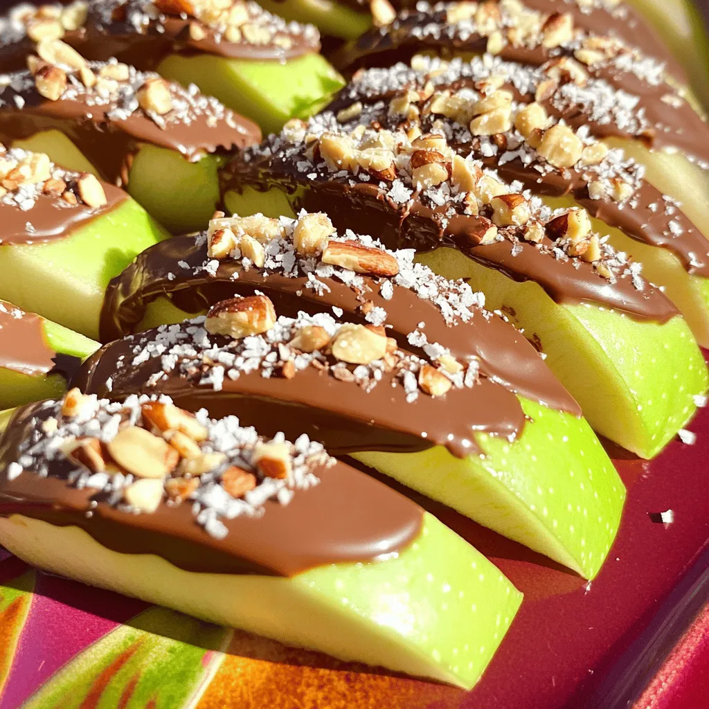 To make the best chocolate dipped apple slices, you will need a few simple items. Here’s your shopping list: - 2 large crisp apples - 1 cup semisweet chocolate chips - 2 tablespoons coconut oil - 1/4 teaspoon sea salt - 1/4 cup crushed nuts (almonds or pistachios) - 1/4 cup shredded coconut - Optional: 1 teaspoon cinnamon Each ingredient plays a key role. The apples provide a fresh crunch. The chocolate adds sweetness and richness. Coconut oil helps the chocolate melt smoothly. Sea salt gives a nice contrast to the sweet chocolate. Nuts and coconut add texture and flavor. Choosing the right apples is important. I recommend using crisp varieties, like Honeycrisp or Fuji. Their sweet taste pairs well with chocolate. You can also use Granny Smith for a tart kick. For the chocolate, semisweet chips work best. They melt well and taste great. If you want a twist, try dark chocolate or milk chocolate. Feel free to customize your toppings too! You can find the full recipe at the end of this article. Happy cooking! Start by washing your apples. Use cold water to remove any dirt. After that, dry them well with a clean towel. Next, cut each apple into slices about 1/4 inch thick. Be sure to remove the core and seeds. To stop the slices from turning brown, soak them in lemon juice mixed with water for about 5 minutes. After soaking, pat them dry with a towel. Now it’s time to melt the chocolate. In a microwave-safe bowl, combine 1 cup of semisweet chocolate chips with 2 tablespoons of coconut oil. The oil helps the chocolate stay smooth and shiny. Heat the bowl in the microwave for 30 seconds at a time. Stir the mixture between each heating until it is fully melted and smooth. Be careful not to overheat it, as this can make the chocolate clumpy. To dip the apple slices, hold each slice by the edge. Dip it into the melted chocolate, covering one side fully. Let the excess chocolate drip off back into the bowl. Then, place the dipped slices on a lined baking sheet. This makes cleanup easier later. While the chocolate is still wet, sprinkle your choice of toppings over the slices. You can use 1/4 cup of crushed nuts or 1/4 cup of shredded coconut. If you want, add a pinch of sea salt for extra flavor. A light dusting of cinnamon can also give it a nice touch. To set the chocolate, place the baking sheet in the refrigerator. Let the chocolate harden for about 30 minutes. This will ensure your chocolate-dipped apple slices are firm and ready to enjoy. Once they are set, you can serve them right away or keep them for later. For the full recipe, check the details above. To make your chocolate dipped apple slices great, start with the right apples. I recommend using crisp varieties like Honeycrisp, Fuji, or Granny Smith. These apples give a nice crunch and a balanced flavor. A tart apple, like Granny Smith, pairs well with sweet chocolate. When choosing apples, look for ones that are firm and free of bruises. The texture matters a lot. A good apple should snap when you bite into it. This texture will contrast nicely with the smooth chocolate. Melted chocolate can be tricky. To avoid overheating, use low heat. I prefer a double boiler for melting chocolate. This method uses steam to gently warm the chocolate. If you do not have a double boiler, you can use a microwave. Heat the chocolate in short bursts of 30 seconds. Stir in between to check the consistency. Stop when it is just melted and smooth. Presentation is key to impressing your guests. Arrange the chocolate dipped apple slices on a colorful platter. You can even place them upright in a cup for a fun look. Pair these treats with dips or drinks. A side of caramel sauce or yogurt adds a nice touch. For drinks, consider serving with hot cocoa or apple cider. These pairings enhance the flavors and make your treat even more enjoyable. For the full recipe, check the above section! {{image_2}} You can choose different types of chocolate for your apple slices. Dark chocolate gives a rich taste. It pairs well with the sweet apples. Milk chocolate is creamy and sweet. It is a crowd favorite for kids. You could also try white chocolate. It adds a sweet, vanilla flavor. Each type of chocolate changes the treat's taste. Adding spices can make your chocolate-dipped apples even more tasty. A sprinkle of cinnamon adds warmth and sweetness. Nutmeg gives a unique twist. You can also try flavored chocolate. Mint chocolate offers a fresh taste, while orange-flavored chocolate adds a citrusy zing. These flavors can take your snack to the next level. Toppings can make your treats extra special. Try adding granola for a crunch. Colorful sprinkles can make them fun for kids. Dried fruit can add a chewy texture. If you have dietary needs, you can customize your toppings. For nut-free options, skip the nuts or use seeds. You can create a snack that fits your preferences. For the full recipe, check out the Chocolate Dipped Apple Slices. To keep chocolate dipped apple slices fresh, store them in the fridge. This helps the chocolate stay firm. Use an airtight container to prevent moisture from getting in. You can also layer the apple slices with parchment paper between them. This keeps the chocolate from sticking together. These treats taste best within two to three days. After that, the apples may get soft. If you see any signs of mold, it's time to toss them. Discoloration or an off smell means they are no longer good to eat. Enjoy your chocolate dipped apple slices while they are fresh for the best taste and texture! Yes, you can. Each apple type brings a unique taste. For a sweet flavor, try Fuji or Honeycrisp apples. They are crisp and juicy. For a tart bite, Granny Smith apples work well. Their tartness pairs great with sweet chocolate. The texture of the apple is also important. A firmer apple holds up better when dipped. Softer apples may be mushy. So, choose apples that feel firm to the touch. You can easily make this treat healthier. Use dark chocolate instead of semisweet chocolate. Dark chocolate has less sugar and more antioxidants. You can also reduce the amount of chocolate you use. Dip just half of each apple slice for a lighter treat. Another tip is to use unsweetened coconut instead of sweetened. This cut back on added sugars. You can even add more nuts for protein and crunch. Chocolate-dipped apple slices are great for many events. They work well for birthday parties, snack time, or movie nights. You can serve them at family gatherings or picnics. They also make a fun dessert for school parties. Kids love them, and they are easy to share. You can arrange them on a platter for a festive look. You can find pre-made chocolate-dipped apple slices at many stores. Local grocery stores often have them in the snack aisle. Check out health food stores too. If you prefer online shopping, websites like Amazon have options. Some local bakeries may also offer them. Just look for fresh ingredients and good reviews. To keep apples from browning, soak them in lemon juice. Mix one part lemon juice with three parts water. Soak the slices for about five minutes. This helps keep them fresh and bright. After soaking, pat dry the apple slices with a paper towel. You can also use a mixture of vinegar and water for a similar effect. Keeping apples cool in the fridge before dipping helps too. Making chocolate-dipped apple slices is fun and easy. You need just a few simple ingredients, like apples, chocolate, and nuts. Each step is clear, from prepping apples to adding toppings. Remember to choose the best apples for crunch and flavor. You can also try different recipes and flavors. Store them right to keep them fresh. These treats are perfect for any gathering or as a snack. Enjoy experimenting with your creations!