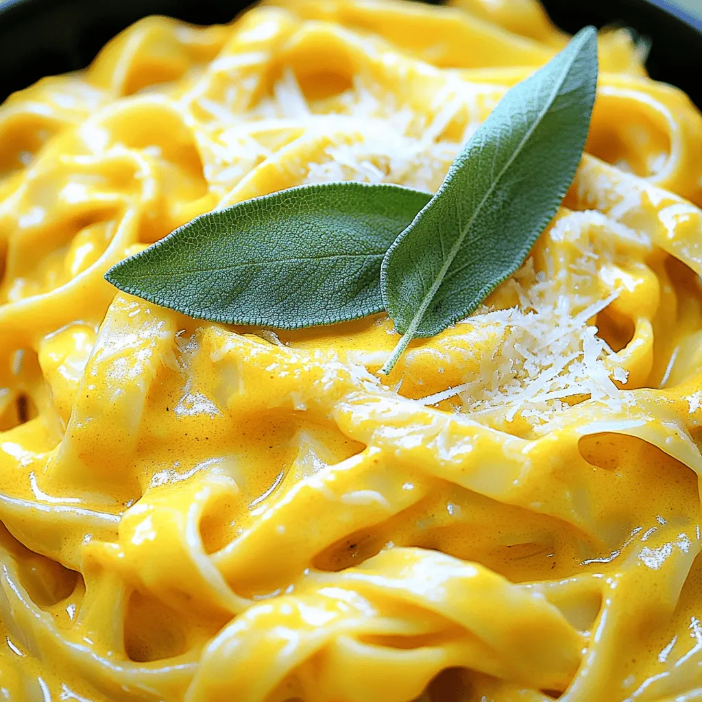 To make this delicious dish, gather these simple ingredients: - 12 oz fettuccine pasta - 1 cup pumpkin puree (canned or homemade) - 1 cup heavy cream - 1/2 cup grated Parmesan cheese - 2 tablespoons butter - 2 garlic cloves, minced - 1/2 teaspoon nutmeg - Salt and pepper to taste - Fresh sage leaves for garnish (optional) You can switch out some ingredients if needed. Here are a few options: - Pasta: Use any pasta you like, such as penne or spaghetti. - Pumpkin puree: Fresh pumpkin works well, just cook and mash it. - Heavy cream: Use half-and-half for a lighter version. - Parmesan cheese: Try Pecorino Romano for a bolder flavor. - Butter: Use olive oil for a dairy-free option. This dish is rich and filling. Here’s a quick look at the nutrition per serving: - Calories: 550 - Protein: 15g - Fat: 30g - Carbs: 55g - Fiber: 3g For a comforting meal, this creamy pumpkin Alfredo hits the spot. You can check the Full Recipe for more details. To make Creamy Pumpkin Alfredo, start by cooking the fettuccine pasta. Boil water in a large pot. Add the pasta and cook until al dente, about 8-10 minutes. Drain the pasta and set it aside. Keep one cup of pasta water for later. In a large skillet, melt two tablespoons of butter over medium heat. Add two minced garlic cloves and sauté for about one minute. The garlic should smell nice but not burn. Next, stir in one cup of pumpkin puree and one cup of heavy cream. Mix until smooth, then reduce the heat to low. Now, add half a cup of grated Parmesan cheese, half a teaspoon of nutmeg, and salt and pepper to taste. Keep stirring until the cheese melts and the sauce is creamy. If the sauce is too thick, mix in some reserved pasta water to thin it out. Toss the cooked fettuccine into the pumpkin Alfredo sauce. Stir well to coat the pasta. Heat everything together for about two to three minutes. Serve hot, and if you like, garnish with extra Parmesan and fresh sage leaves. To save time, prep your ingredients before you start cooking. Measure out the pumpkin puree, heavy cream, and cheese. Mince the garlic in advance. Use a large pot to cook the pasta. This allows you to make the sauce while the pasta cooks. You can also use a microwave to warm the pumpkin puree and heavy cream. This speeds up the mixing process. If you have a food processor, blend the pumpkin and cream for an even smoother sauce. One common mistake is cooking the garlic too long. It can burn quickly and taste bitter. Always keep an eye on it. Another mistake is not reserving enough pasta water. This water helps adjust the sauce's thickness. Also, avoid adding all the salt at once. Taste the sauce first, then adjust. Finally, don't rush the mixing process. Make sure the cheese melts fully for a creamy texture. For the full recipe, check the section above. To make the sauce creamy, use heavy cream. It gives a rich and smooth feel. Ensure you mix the pumpkin puree well with the cream. Stir continuously as you add cheese. If the sauce gets too thick, add a splash of pasta water. This keeps it just right. For a deeper flavor, add nutmeg and black pepper. They bring warmth to the dish. Fresh sage adds a lovely aroma. You can also try a pinch of cinnamon or red pepper flakes for heat. Taste the sauce as you cook. Adjust salt and spices to your liking. Creamy Pumpkin Alfredo pairs well with simple sides. A green salad with vinaigrette balances the rich dish. Garlic bread also makes a great choice for dipping. For drinks, try white wine or apple cider. They complement the pumpkin flavor nicely. Explore the Full Recipe for more details! {{image_2}} You can use many types of pasta for your Creamy Pumpkin Alfredo. Fettuccine is classic, but you can try others too. Penne, rigatoni, or even whole wheat pasta work well. Each type gives a different bite and feel. You can also use gluten-free pasta if you need a gluten-free option. Just cook it according to the package instructions. Adding protein can make this dish more filling. Grilled chicken is a great choice. It adds nice flavor and pairs well with the creamy sauce. Shrimp also works wonderfully, giving a sweet touch. Cook the shrimp until pink, then toss it in with the pasta. If you prefer a plant-based option, try adding tofu. You can sauté or bake it for extra flavor. Just cube the tofu and mix it in when serving. To make a vegan version of Creamy Pumpkin Alfredo, swap out a few ingredients. Use cashew cream or coconut milk instead of heavy cream. Nutritional yeast can replace Parmesan cheese for a cheesy flavor without dairy. You can also use olive oil or vegan butter for a rich taste. This way, you get all the creaminess without any animal products. These adaptations keep the dish delicious while catering to different diets. For the full recipe, check here: [Full Recipe]. To store leftovers of Creamy Pumpkin Alfredo, let it cool first. Transfer it to an airtight container. Make sure to cover it tightly. This helps keep the flavors fresh. You can store it in the fridge for up to three days. Label the container with the date. This way, you won’t forget when you made it. When you want to heat up your leftovers, do it gently. Use a skillet on low heat. Add a splash of water or cream to keep it creamy. Stir often to prevent sticking. You can also use the microwave. Heat in short bursts, stirring in between. This helps the sauce stay smooth and tasty. You can freeze Creamy Pumpkin Alfredo, but the texture may change. If you want to freeze it, do so right after making it. Allow it to cool completely. Then, place it in a freezer-safe container. Leave some space at the top for expansion. You can freeze it for up to two months. To thaw, place it in the fridge overnight before reheating. Yes, you can use fresh pumpkin. Start by roasting a small pumpkin. Cut it in half, scoop out the seeds, and bake at 400°F for 45 minutes. Once it’s soft, scoop out the flesh and blend it until smooth. This fresh puree adds a vibrant taste to your Creamy Pumpkin Alfredo. If you want a lighter option, use whole milk or half-and-half. For a dairy-free choice, try coconut cream or almond milk. These options change the flavor, but they still work well in the recipe. Just remember that the cream helps give the sauce its rich and smooth texture. To make Creamy Pumpkin Alfredo gluten-free, use gluten-free fettuccine. Many brands offer options made from rice or quinoa. Always check the label to ensure it is truly gluten-free. This small switch keeps the dish safe for those with gluten intolerance while still tasting great. For the full recipe, check out the details above. Creamy Pumpkin Alfredo is a simple dish that brings comfort and joy. We covered ingredients, cooking steps, and helpful tips to make it shine. Don't forget the storage info to keep leftovers fresh. Remember, you can customize this dish with proteins or vegan options. With a few tweaks, you can make it your own. Enjoy trying new flavors and sharing your dish with others. Happy cooking!