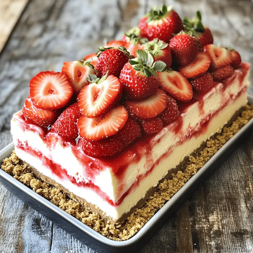 Fresh strawberries are the star of this cake. You need 2 cups of ripe strawberries. Make sure to hull and slice them. This gives a sweet burst in every bite. Look for bright red berries with no bruises. They should smell sweet and fruity. This freshness adds a lot to your dessert. For the creamy layer, you need several key dairy items. Start with 8 ounces of softened cream cheese. This gives the cake its rich flavor. Then, add 1 cup of heavy whipping cream. It makes the cake light and fluffy. You also need 1 cup of powdered sugar for sweetness. Lastly, include 1 tablespoon of lemon juice. This adds a nice zing to balance the sweetness. Don’t forget a pinch of salt to enhance all the flavors. Sweetness is important in any dessert. You already have powdered sugar in your mix. But adding 1 teaspoon of vanilla extract makes it even better. It gives a warm, sweet aroma that blends well with the cream cheese. This simple touch takes the flavor to a new level. All these ingredients work together to create a delightful mix in your Strawberry Cheesecake Icebox Cake. For the complete recipe, check the [Full Recipe]. To start, grab a medium bowl. Add the graham cracker crumbs and a pinch of salt. Stir these together well. This mix will be the base for your cake. It adds a nice crunch and flavor. Set this bowl aside while you get ready for the next step. Now, take another bowl and put in the softened cream cheese. Beat it with a mixer until smooth. Add the powdered sugar slowly while mixing. This helps blend everything well. Next, stir in the vanilla extract and lemon juice. These ingredients give your cake a lovely taste. In a third bowl, whip the heavy cream until stiff peaks form. This means it should hold its shape. Now, gently fold the whipped cream into the cream cheese mix. Do this carefully to keep the fluffiness. Grab a rectangular or square dish. Start with a thin layer of graham cracker crumbs at the bottom. Spread half of the cream cheese mixture on top of the crumbs. Smooth it out evenly. Next, add a layer of sliced strawberries over the cream cheese. Repeat these steps again. Add another layer of graham cracker crumbs, then the rest of the cream cheese mixture, and another layer of strawberries. Finish with a final layer of graham cracker crumbs on top. Cover your dish with plastic wrap. Place it in the fridge for at least 4 hours or overnight. This helps the cake set. When it’s ready, slice it into squares. Garnish with more strawberries if you like. Enjoy this delightful treat! For the full recipe, check the details above. To make great whipped cream, start with cold heavy cream. Chill your mixing bowl for best results. Use a hand mixer or stand mixer for quick whipping. Beat until stiff peaks form. This means the cream holds its shape well. Be careful not to over-mix, as it can turn grainy. A touch of sugar can add sweetness, but you may skip it if you want. Layering is key to a nice icebox cake. Start with a thin graham cracker layer. This gives a solid base. Spread the cream cheese mix evenly on top. Use a spatula for smooth edges. Add a layer of strawberries next. Make sure they cover the whole cream layer. Repeat these layers until you reach the top. Finish with a graham cracker layer for a nice look. For the best taste, always use fresh strawberries. Ripe berries give a sweet flavor. Mix in a little lemon juice with the cream cheese to lift the taste. The lemon adds brightness without being too strong. Let your cake chill in the fridge for at least four hours. This helps the flavors blend. The longer it sits, the better it tastes. For best results, slice and serve cold. Check out the Full Recipe for all the details. {{image_2}} You can switch up the strawberries for other fruits. Ripe peaches, blueberries, or raspberries work well. Each fruit adds its own flavor. For a tropical twist, use mangoes or pineapple. Just slice them thin for easy layering. These fruits will keep your cake fresh and fun. Making this cake gluten-free is easy. Use gluten-free graham crackers instead of regular ones. You can also use crushed almonds or oats as a base. These options give the same great taste without gluten. Check labels to ensure all ingredients are gluten-free. You can personalize your cake with different flavors. Try adding a bit of cocoa powder to the cream cheese mix for a chocolate twist. Or, mix in a spoonful of peanut butter for a nutty flavor. You could also add a splash of almond extract for a unique taste. These small changes can make your cake a new delight. For the full recipe, check out the Strawberry Cheesecake Icebox Cake section. To keep your Strawberry Cheesecake Icebox Cake fresh, store it in the fridge. Use an airtight container to avoid drying out. If you have leftovers, cover the dish tightly with plastic wrap. This keeps the flavors intact and prevents any unwanted odors from seeping in. Your cake stays fresh for about 3 to 5 days in the fridge. After a day or two, the layers may soften a bit. However, it still tastes great! Just remember to check for any off smells or changes in texture. You can freeze this cake if you want to keep it longer. Wrap it well in plastic wrap and then in aluminum foil. It stays good for about 1 to 2 months in the freezer. When you're ready, thaw it overnight in the fridge. Enjoy your treat anytime! For the full recipe, check the section above. Yes, you can make this cake ahead of time. In fact, it tastes better after chilling. I suggest making it a day in advance. Just cover it tightly with plastic wrap. This way, the flavors blend well. The cake will stay fresh in the fridge for up to three days. If you want to try something different, use Greek yogurt instead of cream cheese. It gives a nice tang and creamy texture. You can also use mascarpone cheese for a richer taste. Both options work well in this recipe. Just keep in mind that the taste may change a bit. To make a sugar-free version, swap the powdered sugar with a sugar substitute. I recommend using erythritol or stevia. These options provide sweetness without the sugar. Be sure to check the package for measurement tips. This will help you get the right sweetness level. Yes, this recipe is perfect for kids! It has a fun mix of flavors and textures. Kids love the sweet strawberries and creamy filling. Plus, it's easy to make together. Just be careful with the mixer when whipping the cream. You can find the full recipe above to get started! You learned how to create a tasty Strawberry Cheesecake Icebox Cake. We covered key ingredients like strawberries, cream cheese, sweeteners, and flavor enhancers. I shared simple steps for making the crust, cream mixture, and assembling the cake. Tips on achieving perfect whipped cream and flavor variations added depth to your recipe. Remember to store leftovers properly and enjoy this treat fresh. With these tips, you can impress your friends and family with your new skills. Now, get ready to enjoy a delicious dessert!