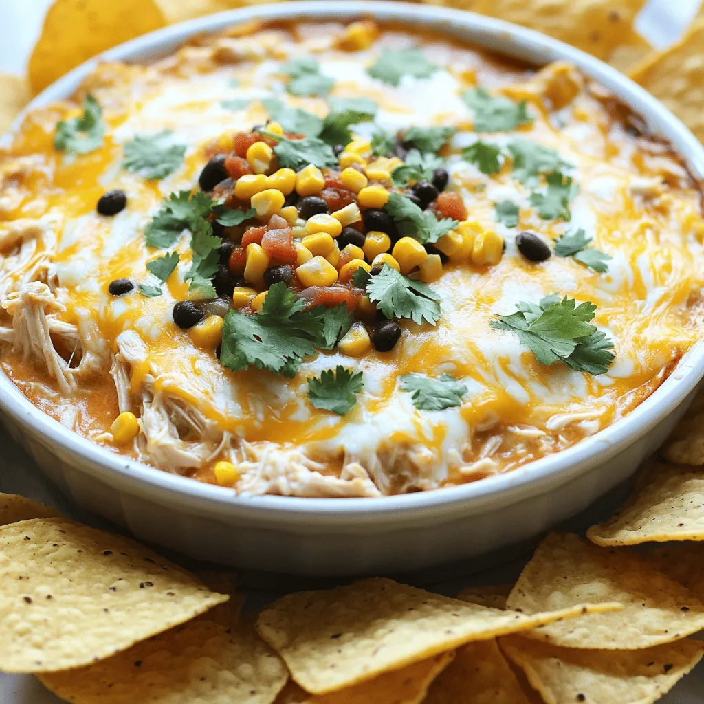 To make Loaded Chicken Nacho Dip, gather these key ingredients: - 2 cups shredded cooked chicken - 1 cup cream cheese, softened - 1 cup sour cream - 1 cup shredded cheddar cheese - 1 cup black beans, rinsed and drained - 1 cup corn kernels (fresh or frozen) - 1 cup salsa - 1 teaspoon chili powder - 1 teaspoon cumin - ½ teaspoon garlic powder - ½ teaspoon onion powder - Tortilla chips (for serving) These ingredients create a rich, creamy base that packs a punch. The combination of chicken, cheese, and spices gives each bite a burst of flavor. You can also enhance your dip with these optional ingredients: - 1 jalapeño, diced (for added heat) - Fresh cilantro, chopped (for garnish) - Variations on beans or veggies, like pinto beans or bell peppers Adding jalapeño gives your dip a spicy kick. Fresh cilantro adds color and brightness. Feel free to swap in your favorite beans or veggies to make it your own! The beauty of this dip is its flexibility. You can customize it to suit your taste. For the complete recipe, check out the Full Recipe section. To start, we need to preheat the oven to 350°F (175°C). This step is key for even cooking. An oven thermometer can help ensure it heats correctly. Next, take a large bowl. In that bowl, mix 1 cup of softened cream cheese and 1 cup of sour cream. Use a spatula or mixer to blend them until smooth. This creamy base makes the dip rich and tasty. Now, let’s add the fun stuff! Mix in 2 cups of shredded cooked chicken, 1 cup of black beans, and 1 cup of corn. Then add 1 cup of salsa and 1 cup of shredded cheddar cheese. Sprinkle in 1 teaspoon each of chili powder and cumin, plus ½ teaspoon each of garlic powder and onion powder. If you like heat, toss in a diced jalapeño. Stir until everything is well mixed. Once combined, transfer the mixture to a baking dish. Spread it evenly so it cooks well. Now it’s time to bake! Place the dish in your preheated oven. Bake for 20-25 minutes. You want it hot and bubbly. When it’s ready, take it out and let it cool for a few minutes. Garnish with fresh cilantro before serving. Enjoy your Loaded Chicken Nacho Dip with crispy tortilla chips for the best experience. For the full recipe, check out the details above! To make your dip creamy, mix the cream cheese and sour cream well. Use a hand mixer for a smooth blend. Avoid overbaking by checking the dip at 20 minutes. You want it hot and bubbly, not dry. Tortilla chips are a classic choice for dipping. They add crunch to the creamy dip. You can also serve fresh veggies, like carrots and bell peppers, for a healthier option. To keep your dip warm, use a slow cooker on low. This way, it stays gooey and delicious throughout the meal. For extra flavor, try adding some diced green onions or black olives. These add a nice touch and a burst of taste. If you want to change things up, consider using pita chips or breadsticks for dipping. They offer a fun twist on the classic nacho experience. For the full recipe, check out the Loaded Chicken Nacho Dip section. {{image_2}} You can easily change the taste of your Loaded Chicken Nacho Dip. Here are two fun options: - Spicy Loaded Chicken Nacho Dip: Add more heat with extra jalapeños or hot sauce. You can also mix in diced green chilies or spicy salsa for an exciting kick. Adjust the spice to fit your taste! - Vegetarian Loaded Nacho Dip: Swap the chicken for more beans or sautéed veggies. Black beans, pinto beans, or even roasted bell peppers work well. This way, you can enjoy a tasty dip without meat. Making some simple swaps can create a healthier dip: - Healthier alternatives to cream cheese: You can use Greek yogurt or cottage cheese instead. Both options provide creaminess while cutting down on fat. - Using different types of cheese: Try mozzarella, pepper jack, or a blend of your favorites. Each type of cheese adds unique flavor and texture to the dip. You can give your dip a global flair with some creative ingredients: - Tex-Mex inspired ingredients: Add corn tortillas, avocado, or even pico de gallo. These ingredients enhance that classic Tex-Mex vibe. - Global flavors for a unique dip: Think about adding curry powder for an Indian twist or kimchi for a Korean flavor. These spices can change the whole profile of your dip! For the full recipe, check out the Loaded Chicken Nacho Dip section above! To store Loaded Chicken Nacho Dip, place it in an airtight container. Make sure the lid is tight. This helps keep the dip fresh. You can store it in the fridge for up to three days. If you want to keep it longer, freeze the dip. Use a freezer-safe container or a heavy-duty plastic bag. Be sure to leave some space for the dip to expand. It can last up to three months in the freezer. To reheat the dip, the oven or microwave works best. For the oven, preheat it to 350°F (175°C). Place the dip in an oven-safe dish and cover it with foil. Bake for about 15-20 minutes, or until it's hot. If using the microwave, heat it in short bursts. Stir in between to keep the heat even. This helps maintain the texture and flavor of the dip. Loaded Chicken Nacho Dip lasts about three days in the fridge. In the freezer, it can last up to three months. Watch for signs of spoilage, like an off smell or mold. If it looks dry or clumpy, it’s best to throw it out. Always check before you dig in! Enjoy the Full Recipe for more delicious flavors. Yes, you can make this dip ahead of time. It’s easy! Prepare the dip up to the baking step. Store it in the fridge. You can keep it for up to 24 hours. When you're ready to bake, just pop it in the oven. You might need to add a few extra minutes to the baking time. This way, you save time on game day or party night. If you don’t have sour cream, no worries! You can use Greek yogurt for a healthy swap. It adds a nice tang. Cream cheese also works if you want a richer texture. Another option is buttermilk, but use less. These alternatives keep the dip creamy and tasty. Absolutely! This dip is a crowd-pleaser. Everyone loves cheesy, warm dips. Serve it with tortilla chips for dipping. You can also add veggies like carrots and celery for a healthy twist. Place it in the center of your table, and watch it disappear! This blog post covered the key ingredients, steps, and tips for making Loaded Chicken Nacho Dip. You learned how to mix flavors, bake, and serve your dip perfectly. Remember, you can customize it with heat or fresh herbs. Don’t forget storage tips to enjoy leftovers later. This dip is great for any gathering and easy to adapt. With these steps, you can make a crowd-pleasing snack that everyone will love. Enjoy your cooking and happy dipping!