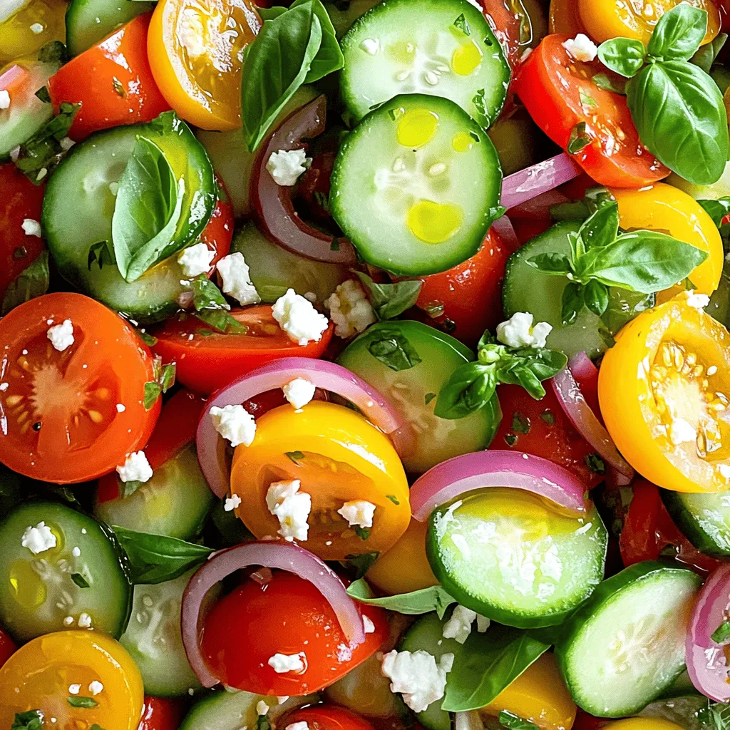 When making a Cucumber Tomato Summer Salad, you need fresh and tasty ingredients. Here’s a list to guide you: - 2 large cucumbers, diced - 3 ripe tomatoes, diced - 1 red onion, thinly sliced - 1 bell pepper (any color), diced - 1/4 cup fresh basil leaves, chopped - 1/4 cup feta cheese, crumbled (for non-vegan version) - 3 tablespoons olive oil - 2 tablespoons red wine vinegar (or apple cider vinegar) - 1 teaspoon honey or maple syrup - Salt and black pepper to taste Each ingredient plays a key role. Cucumbers give crunch and hydration. Tomatoes add sweetness and color. Red onion adds a bit of bite, while bell pepper brings more crunch. Fresh basil gives a lovely aroma and flavor. If you want a creamy touch, add feta cheese. It complements the salad well, but feel free to skip it for a vegan option. The dressing ties everything together. Olive oil adds richness. Vinegar brings tanginess. Honey or maple syrup adds a hint of sweetness. Don’t forget to season with salt and pepper for a balanced taste. For the full recipe, check the details in the section above. Enjoy creating this refreshing dish! Mixing the Base Ingredients Start by taking a large bowl. Add 2 diced cucumbers and 3 diced ripe tomatoes. Then, include 1 diced bell pepper. Next, add 1 thinly sliced red onion and 1/4 cup of chopped fresh basil leaves. These ingredients give the salad a fresh taste and bright colors. Creating the Dressing In a small bowl, whisk together 3 tablespoons of olive oil, 2 tablespoons of red wine vinegar (or apple cider vinegar), and 1 teaspoon of honey or maple syrup. Add salt and black pepper to taste. This dressing adds flavor and a nice zing to your salad. Combining Everything Together Pour the dressing over the vegetables. Gently toss everything together to coat the veggies well. If you want, sprinkle 1/4 cup of crumbled feta cheese on top and give it a light mix. This is where the magic happens, as all the flavors blend beautifully. Importance of Refrigeration Refrigerating the salad is key. It helps the flavors meld together. Allow it to chill for at least 30 minutes. This time also makes each bite refreshing and crisp. Best Serving Temperatures You can serve this salad chilled or at room temperature. I recommend chilling it for the best taste. Adding Optional Ingredients Feel free to add more ingredients to make it your own. Chopped olives, avocado, or even grilled corn can enhance the taste. Get creative and enjoy experimenting! Presentation Tips Serve the salad in a large bowl or on a platter. Garnish with extra basil leaves for a pop of color. You can also drizzle a little olive oil on top before serving. This makes the salad look as good as it tastes. For the full recipe, check out the detailed instructions provided earlier. Choosing fresh produce makes a big difference. Look for cucumbers that are firm and smooth. They should have a bright green color. Ripe tomatoes should feel heavy for their size. They need a rich red hue with no blemishes. Red onions should be crisp and have a strong scent. Bell peppers can be any color, but they should be bright and shiny. Fresh basil should smell fragrant and have no brown spots. The quality of ingredients can vary. Local farmers' markets often offer the best options. You can also grow your own herbs if you have space. Organic produce can taste better, but it may be more costly. Always wash your vegetables before using them to remove dirt and pesticides. Marinating the salad for at least 30 minutes helps flavors blend well. This waiting time allows the dressing to soak into the vegetables. If you have time, marinate it longer for a deeper taste. You can add extra herbs like parsley or dill for more flavor. A pinch of red pepper flakes can add some heat if you like spice. Experimenting with different herbs will give your salad a unique twist. Cucumber Tomato Summer Salad pairs well with grilled meats and fish. It’s fresh and cool, making it perfect for summer barbecues. Serve it alongside burgers or chicken for a great meal. This salad also makes a lovely starter for a dinner party. It is bright, colorful, and light. Ideal occasions for serving include family picnics, potlucks, or even just a hot day at home. You can serve it in a big bowl for sharing or in individual cups for a fun touch. To keep it fresh, serve it chilled or at room temperature. For the full recipe, check out the detailed instructions above. {{image_2}} How can I add protein to my salad? You can easily boost the salad's protein. For a vegan option, consider chickpeas, black beans, or lentils. These add a nice texture and flavor. If you prefer meat, grilled chicken or shrimp works well. Just season them lightly and grill until cooked. How can I make this salad gluten-free? This salad is naturally gluten-free. All the fresh ingredients fit well into a gluten-free diet. If you use feta cheese, ensure it's gluten-free. For vegan substitutes, skip the feta or use a dairy-free cheese option. This keeps the salad light and fresh. What other vegetables can I add? Feel free to experiment! Carrots, radishes, or avocados bring new flavors and textures. You can also add nuts or seeds. Sunflower seeds or sliced almonds add a nice crunch. These creative additions make the salad even more exciting. For the full recipe, check out the Cool & Zesty Cucumber Tomato Summer Salad. For the best taste, store your Cucumber Tomato Summer Salad in the fridge. Place it in a sealed container. This helps keep the salad fresh and crisp. You can enjoy it for up to three days. After that, the veggies may get soggy and lose their crunch. You should not freeze Cucumber Tomato Summer Salad. Freezing will turn the cucumbers and tomatoes mushy. If you have leftovers, it is better to eat them fresh. If you feel you need to freeze, consider just the dressing. You can freeze it in small portions and use it later. Just make sure to thaw the dressing in the fridge. To make your life easier, prep this salad ahead of time. Chop the veggies and store them in separate containers. This keeps them fresh longer. You can mix the dressing in a jar and store that too. For storage containers, use glass or BPA-free plastic. These keep the flavors intact and are easy to clean. Enjoy the full recipe for a delightful meal that's ready in no time! To cut cucumbers for salad, I prefer to dice them. It makes them easy to eat. Start by slicing off the ends. Then, cut the cucumber into quarters lengthwise. Finally, chop these quarters into small pieces. This method keeps the texture crisp and fresh. Yes, you can use other types of onions. If you prefer a milder taste, try green onions or sweet onions. They both add great flavor without being too strong. Just chop them finely to blend well with the other ingredients. You can store leftover salad in the fridge for up to three days. Make sure to keep it in a sealed container. To keep your salad fresh, avoid adding dressing until you are ready to eat. This helps prevent sogginess. Yes, this salad is perfect for meal prep. You can cut and store the veggies in advance. Just remember to keep the dressing separate until serving. This way, your salad stays crisp and tasty. In this post, we explored how to make a Cucumber Tomato Summer Salad. We looked at fresh ingredients and how to mix them. Next, we discussed tips to enhance flavor and the best ways to serve. I shared ways to customize the salad with proteins and other vegetables. Lastly, we covered storage tips to keep it fresh. This salad is simple, tasty, and perfect for any meal. Enjoy making it your own!