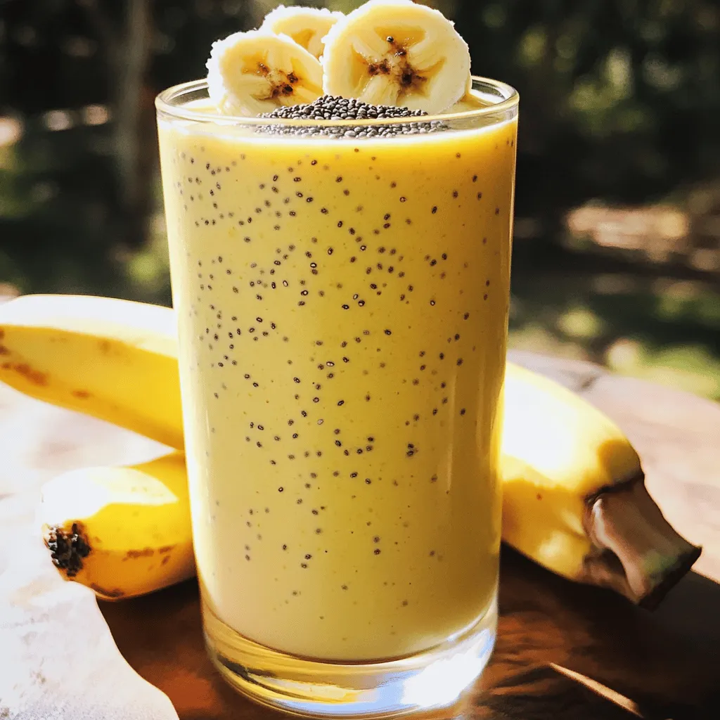 - 2 ripe bananas - 2 tablespoons chia seeds - 1 cup almond milk (or any milk of choice) - Optional sweeteners: honey or maple syrup - Flavor enhancers: vanilla extract and cinnamon The main ingredients form the base of your smoothie. Bananas add natural sweetness and creaminess. They are packed with potassium, which helps with heart health. Chia seeds are tiny but mighty. They bring fiber, omega-3 fatty acids, and protein. Almond milk or any milk provides a smooth texture while keeping it light. You can sweeten the drink with honey or maple syrup. Vanilla extract and cinnamon elevate the flavor, making each sip delightful. - Fresh banana slices - Additional chia seeds Garnishes make your smoothie look appealing. Fresh banana slices on top add a nice touch. They also give you a hint of what’s inside. A sprinkle of chia seeds on the surface adds texture. These small seeds catch the eye and reflect the health benefits. - Calories per serving: Around 200 - Key nutrients provided by bananas and chia seeds: - Bananas: Vitamin C, potassium, and dietary fiber - Chia seeds: Omega-3s, protein, and calcium Each serving of this smoothie is around 200 calories. It is nutrient-dense and perfect for breakfast or a snack. Bananas offer vitamin C and potassium, while chia seeds pack a protein punch. This drink fuels your day and keeps you satisfied. For the full recipe, check the [Full Recipe]. To start, you need ripe bananas. Look for ones with a few brown spots; they are sweeter. Peel the bananas carefully. I find it best to split them in half and then peel. Next, slice them into smaller pieces for easy blending. Now, let’s measure the chia seeds. You need two tablespoons. I like to use a dry measuring cup for this. Ensure the seeds are fresh; they should be crunchy and not clumpy. Gather your almond milk, honey or maple syrup, vanilla extract, and cinnamon too. When it’s time to blend, place all the ingredients in your blender. Start with the bananas, followed by the chia seeds. Add the almond milk, honey or syrup, vanilla, and cinnamon. For a creamy texture, blend on high speed. Make sure everything mixes well. If you want it colder, add a handful of ice cubes. Blend again until the mixture is smooth. Check the consistency; it should be thick and creamy, but not chunky. Pour your smoothie into tall glasses. It’s nice to use clear glasses so you can see the lovely color. For a special touch, add banana slices on top. Sprinkle some chia seeds as well. This makes the drink look pretty and inviting. Enjoy your Banana Chia Seed Smoothie right away for the best taste! To get the best texture for your Banana Chia Seed Smoothie, adjust the ice-to-liquid ratio. Use enough ice to make it chilled but not too much to make it hard to blend. A good rule is one handful of ice for every cup of liquid. Blending speed matters too. Start on a low speed to mix the ingredients. Then, switch to high speed to make it creamy. This technique helps break down the chia seeds well. To customize the sweetness, taste your smoothie before serving. If it needs more sweetness, add honey or maple syrup. Start with a small amount, like a teaspoon, and blend again. You can also use other options. Try dates or agave syrup as natural sweeteners. They can add great flavor without extra sugar. Adding greens can boost the nutrition of your smoothie. A handful of spinach blends well without changing the taste. It adds vitamins without making it green! You can also include protein sources. Yogurt or nut butter are great choices. They make your smoothie filling and creamy. Just a tablespoon of either can make a big difference. For the full recipe, check out the complete instructions above! {{image_2}} You can change the flavor of your banana chia seed smoothie easily. Adding fruits like berries or mangoes brings a fresh twist. Just toss in a handful of your favorite berries or one diced mango when blending. This adds color and nutrients too. You can also infuse your smoothie with spices like turmeric or ginger. These spices not only add warmth but also boost health benefits. Just a pinch goes a long way! If you need a dairy-free option, try using coconut milk instead of almond milk. Coconut milk makes the smoothie creamy and rich. You can also choose oat milk or soy milk for a different flavor. For sweetness, if you want a vegan option, swap honey with maple syrup or agave nectar. Both will give a nice touch without any animal products. Seasonal fruits can make your smoothie even better. In the summer, add fresh peaches or strawberries for a light, refreshing taste. During fall, try pumpkin puree and a dash of nutmeg for a cozy vibe. You can also create holiday-themed twists. For winter, think about adding peppermint extract or cinnamon for a festive flavor. Each season offers unique tastes to explore in your smoothie! For the full recipe, don’t forget to check the detailed steps above! To store leftover smoothie, pour it into an airtight container. This keeps it fresh longer. Seal the lid tightly and place it in the fridge. You can enjoy it within 1-2 days. For freezing, use ice cube trays. Pour the smoothie into the trays and freeze. Once frozen, transfer the cubes to a freezer bag. This way, you can blend a quick smoothie later. In the fridge, the smoothie lasts about 1-2 days. After that, it may separate or lose its creamy texture. Signs of spoilage include an off smell or unusual color. If you see any mold, discard it right away. Always trust your senses. Using frozen bananas and chia seeds gives your smoothie a creamy texture. Frozen bananas add sweetness and chill. Chia seeds thicken the smoothie as they absorb liquid. When using frozen ingredients, blend them with your other items first. This ensures an even mix. Add a splash of milk to help the blender. Enjoy a cool and healthy treat! Chia seeds pack a big punch in small sizes. They are full of fiber, which helps keep you full. Just two tablespoons give you about 10 grams of fiber. This can help with digestion and weight control. Chia seeds are also rich in omega-3 fatty acids. They support heart health and reduce inflammation. Plus, they have protein and essential minerals like calcium and magnesium. These seeds help you feel energized and satisfied. Adding them to your smoothie boosts both nutrition and flavor. Yes, you can make this smoothie ahead of time. Store it in an airtight container in the fridge. It stays fresh for up to 24 hours. However, chia seeds may thicken the smoothie over time. If that happens, add a splash of almond milk when you're ready to drink it. You can also freeze the smoothie in ice cube trays. When you want a quick treat, blend the frozen cubes for a refreshing drink. If you don’t have almond milk, many options work well. You can use regular cow's milk if you prefer. Oat milk is a great dairy-free choice. Coconut milk adds a rich flavor, while soy milk offers extra protein. Even rice milk provides a light texture. Each milk brings a unique taste, so feel free to experiment. Choose what you enjoy most for your smoothie. You can make a healthy and tasty smoothie with just a few ingredients. We need ripe bananas, chia seeds, and your milk of choice. With blending tips, sweetener options, and garnishes, you'll enjoy this drink! As you experiment with flavors and nutritional boosts, your smoothie can fit any diet. Remember to store it well for fresh taste. With these tips, you can create smoothies that are delicious and good for you every time. Get ready to enjoy your blends!