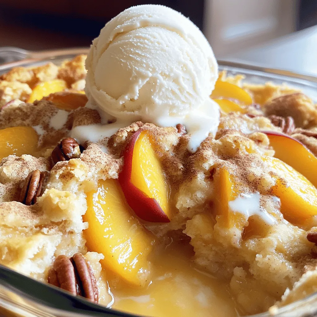 Classic Peach Dump Cake is simple and delicious. You only need a few ingredients. This dish is perfect for family gatherings or a quick dessert. You can whip it up in no time. Here’s what you will need: - 1 can (29 ounces) sliced peaches in syrup, drained - 1 yellow cake mix (15.25 ounces) - 1 stick (1/2 cup) unsalted butter, melted - 1 teaspoon ground cinnamon - 1 teaspoon vanilla extract - 1/2 cup chopped pecans or walnuts (optional) - Vanilla ice cream or whipped cream for serving You can add more flavor with some extras. Try adding: - Fresh berries for a fruity twist - A splash of almond extract for depth - Chocolate chips for a sweet surprise Start by gathering your tools. You need a 9x13-inch baking dish. Grease the dish with butter or cooking spray. This step helps the cake come out easily later. Next, open your can of sliced peaches. Drain the syrup well. Spread the peach slices evenly in the bottom of the dish. Make sure they cover the whole base. Now, grab your yellow cake mix. Sprinkle it over the peaches evenly. Do not mix it in. This is key to the dump cake style. In a small bowl, melt a stick of butter. Add one teaspoon of ground cinnamon and one teaspoon of vanilla extract. Mix these together. Drizzle this buttery mix over the cake mix. Try to cover as much of it as you can. If you want, add chopped pecans or walnuts on top. This adds a nice crunch. Preheat your oven to 350°F (175°C). Once heated, place the baking dish inside. Bake for 35 to 40 minutes. Keep an eye on it. The top should turn golden brown and bubble at the edges. When done, take it out and let it cool for about 10 minutes. This cooling time makes it easier to serve. You can enjoy it warm with ice cream or whipped cream on top. For the full recipe, check the earlier section. To get the best texture, keep a few key points in mind. First, use canned peaches in syrup. This helps keep the cake moist. Make sure to drain the peaches well. Excess syrup can make the cake soggy. Next, do not mix the cake mix with the peaches. The “dump” method is what gives this recipe its charm. Let the cake mix sit on top of the peaches while baking. This creates a nice, crumbly topping. For perfect sweetness, taste your peaches first. If they seem too sweet, cut back on the sugar in the cake. The yellow cake mix usually adds enough sweetness. You can also add cinnamon for warmth. It pairs nicely with peaches. If you want a nutty flavor, add pecans or walnuts. They add a great crunch and depth to each bite. Serve this dump cake warm for the best experience. A scoop of vanilla ice cream on top makes it even better. The cold cream melts slightly on the warm cake. It creates a lovely mix of flavors and textures. You can also try whipped cream for a lighter option. Serve this dish at parties or family gatherings. Everyone will love this simple and tasty dessert! For the full recipe, check the previous section. {{image_2}} You can switch up the fruit in your dump cake. Try using sliced pears, cherries, or even blueberries. Each fruit brings its own taste. For a tropical twist, use pineapple chunks. This keeps the recipe fresh and fun. You can mix and match fruits too. Just remember to adjust the sweetness if needed. If you need a gluten-free version, it’s simple! Use a gluten-free cake mix instead of the yellow cake mix. Check the label for a good one. Most brands work well in this recipe. The taste will still be delightful. You can enjoy your peach dump cake without worry. Get creative with your toppings! Sprinkle shredded coconut or oatmeal for a crunchy texture. You can also add spices like nutmeg or ginger for extra flavor. Drizzle caramel sauce over the top for a rich treat. You can use whipped cream or ice cream as a topping too. Each choice makes the dish unique and delicious. For the full recipe, check the [Full Recipe]. After you enjoy your peach dump cake, store any leftovers. Let the cake cool completely. Then, cover it tightly with plastic wrap or aluminum foil. You can also place it in an airtight container. This keeps it fresh for about 3 to 5 days in the fridge. If you want to keep it longer, freezing is a great option. To enjoy your leftovers, heat them up. Preheat your oven to 350°F (175°C). Place the cake in an oven-safe dish. Cover it with foil to keep it moist. Heat for about 15 to 20 minutes or until warm. You can also use the microwave. Heat a slice in 20-second intervals until warm. Just be careful not to overheat it, as it may dry out. Freezing peach dump cake is easy and smart. Cut the cake into portions. Wrap each piece in plastic wrap and then in foil. This helps prevent freezer burn. Store the wrapped pieces in a freezer bag. They can last up to 3 months in the freezer. When you're ready to enjoy, just thaw in the fridge overnight and reheat as needed. This way, you can savor that delicious peach flavor anytime! Yes, you can use fresh peaches. Just peel and slice about 4-5 ripe peaches. Make sure they are sweet and juicy. You may need to add a bit of sugar to balance the tartness. Fresh peaches give a great flavor and texture. They can make your dump cake even better! To enhance the flavor, add spices like nutmeg or ginger. You can also mix in a splash of almond extract for a nutty touch. Adding a handful of berries can add more flavor too. For a richer taste, swap half of the butter for cream cheese. Try these ideas and find your favorite twist! Serve the dump cake warm for the best experience. A scoop of vanilla ice cream melts perfectly on top. You can also add a dollop of whipped cream for extra creaminess. If you want to impress, drizzle some caramel sauce over it. These toppings make it a true dessert delight! In this post, we covered a delicious Classic Peach Dump Cake. You learned about the key ingredients and optional add-ins, along with step-by-step baking instructions. I shared tips for texture, sweetness, and serving ideas. We explored variations, storage methods, and answered common questions. Feel free to try this easy recipe and adapt it. Enjoy your time in the kitchen and the tasty results. Happy baking!