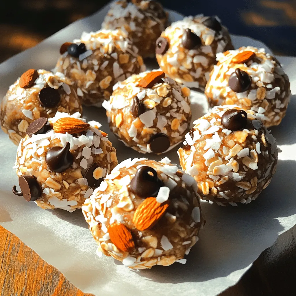 To make Almond Joy Energy Balls, you need simple and tasty ingredients. Here’s what you’ll use: - 1 cup rolled oats - 1/2 cup almond butter - 1/4 cup honey or maple syrup - 1/2 cup unsweetened shredded coconut - 1/4 cup dark chocolate chips - 1/4 cup chopped almonds - 1 teaspoon vanilla extract - Pinch of salt Each ingredient brings flavor and texture. Rolled oats give a hearty base. Almond butter adds creaminess. Honey or maple syrup brings sweetness. Shredded coconut and dark chocolate add fun twists. Chopped almonds give crunch. Vanilla extract enhances all the flavors. A pinch of salt balances everything. If you want a different sweetener, consider these options. You can use agave syrup for a vegan choice. Brown rice syrup works well, too. Dates are another great option. Just blend them into a paste. This gives a thick, natural sweetness. Each sweetener changes the taste slightly, so try what you like best! Not a fan of almonds? No problem! You can swap almonds for other nuts. Try cashews for a creamier taste. Walnuts offer a unique flavor. If you want to keep it nut-free, use seeds. Sunflower seeds or pumpkin seeds work nicely. Just make sure to chop them up. This way, they mix well with the other ingredients. Enjoy experimenting with your favorite nuts and seeds! For the full recipe, check the details above. To start, gather your ingredients. You need: - 1 cup rolled oats - 1/2 cup almond butter - 1/4 cup honey or maple syrup - 1/2 cup unsweetened shredded coconut - 1/4 cup dark chocolate chips - 1/4 cup chopped almonds - 1 teaspoon vanilla extract - Pinch of salt Next, get a large mixing bowl. This is where the magic happens. First, combine the rolled oats, almond butter, honey (or maple syrup), and vanilla extract in the bowl. Use a spatula or a spoon to mix until you see a thick blend. Now, add the shredded coconut, dark chocolate chips, chopped almonds, and a pinch of salt. Stir well to ensure everything is mixed together evenly. You want every bite to have a bit of each flavor. Now comes the fun part! Take about a tablespoon of the mixture. Roll it in your hands to form a ball, about 1 inch in size. Do this for the entire mixture. It may get sticky, but don’t worry; that just means they're fresh! Once rolled, place the energy balls on a parchment-lined baking sheet or plate. After that, pop them in the fridge for at least 30 minutes. This helps them firm up nicely. After chilling, your delicious Almond Joy Energy Balls are ready to enjoy! You can also store them in an airtight container in the fridge for up to a week, but I doubt they will last that long! For the complete recipe, check the [Full Recipe]. When you mix, use a large bowl. This gives you room to stir. Start with the rolled oats and almond butter. Mix these well before adding anything else. The almond butter helps the oats stick together. Then, add honey or maple syrup. This adds sweetness and moisture. Next, pour in the shredded coconut, chocolate chips, and chopped almonds. Stir gently to avoid breaking the chocolate. Make sure every bite has some chocolate and nuts. A good mix gives a yummy taste. To roll the balls, wet your hands. This helps the mixture not stick to you. Grab about a tablespoon of the mix. Roll it into a ball, about one inch wide. Don’t worry if they are not perfect. Each ball will still taste great. Place the balls on a parchment-lined sheet. This keeps them from sticking. After rolling, chill them in the fridge. This helps them firm up and hold shape. Serve these energy balls as a snack. They are great after school or before a workout. You can also pack them in lunch boxes. They are tasty and healthy. Try serving them with fresh fruit or yogurt. This adds color and more flavor. You can even drizzle some extra chocolate on top for fun. Enjoy these treats anytime you need a quick energy boost. For the full recipe, check the section above. {{image_2}} You can change the flavor of Almond Joy energy balls easily. Try adding a splash of almond extract for a nutty twist. You can also mix in different nuts like pecans or walnuts. Want a fruit kick? Toss in dried cherries or cranberries. You can even add a scoop of protein powder for extra nutrition. If you are following a special diet, you can adjust this recipe. For a vegan option, swap honey for maple syrup. You can use nut-free butter if you have a nut allergy. If you want gluten-free energy balls, make sure to use certified gluten-free oats. You can swap ingredients based on what you have at home. Instead of almond butter, try peanut butter or sunflower seed butter. If you don’t have dark chocolate chips, use milk chocolate or white chocolate. You can also replace shredded coconut with ground flaxseed for added fiber. These swaps keep the recipe fun and flexible while still tasting great. For the full recipe, check out the detailed instructions above. Store your Almond Joy Energy Balls in an airtight container. This keeps them fresh and tasty. Place the container in your fridge. The cool air helps maintain their texture and flavor. You can also layer parchment paper between the balls to prevent sticking. This makes it easy to grab one whenever you want a snack. You can freeze these energy balls for up to three months. First, place them on a baking sheet in a single layer. Freeze for about an hour. Once they are firm, transfer them to a freezer bag. Be sure to remove as much air as you can. This helps avoid freezer burn. When you want to enjoy them, simply thaw them in the fridge overnight. In the fridge, these energy balls last about one week. If you freeze them, they stay good for three months. Check for any changes in smell or texture before eating. If they seem off, it's best to toss them. Keeping track of when you made them helps you enjoy them at their best. For the full recipe, refer back to the main article. Almond Joy Energy Balls are tasty snacks. They mix oats, almond butter, and chocolate. You get a chewy, sweet treat that is also healthy. These balls taste like the candy but are much better for you. You can eat them for breakfast or as a snack. They are perfect for busy days and kids love them too! Yes, you can easily make these energy balls vegan. Just swap honey for maple syrup. Almond butter is already vegan, so you are good there. Use dairy-free dark chocolate chips to keep it plant-based. With these swaps, you have a tasty vegan snack that everyone can enjoy! You’ll know the energy balls are done chilling when they feel firm. After about 30 minutes in the fridge, check one. If it holds its shape well, they are ready. They should not be sticky when you touch them. This is when they are perfect to eat! If you want them firmer, chill them for a bit longer. In this post, we covered the key ingredients for Almond Joy Energy Balls, including sweeteners and nut substitutes. I shared simple steps for preparation, mixing, and forming the balls. You learned tips for mixing and rolling, along with serving suggestions. We explored variations and storage practices to keep your energy balls fresh. These bites are fun to make and tasty to eat. Give them a try and enjoy a healthy snack!
