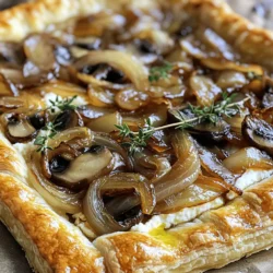 - 1 sheet of puff pastry, thawed - 2 large onions, thinly sliced - 2 cups cremini mushrooms, sliced For this tart, the main ingredients create a rich and tasty base. Puff pastry gives a nice crunch and flakiness. Onions add sweetness when caramelized. Cremini mushrooms bring an earthy flavor that pairs well with the onions. - 2 tablespoons olive oil - 1 tablespoon balsamic vinegar - 2 teaspoons fresh thyme leaves Flavor enhancers elevate the dish. Olive oil helps cook the onions and mushrooms. Balsamic vinegar adds a touch of tanginess. Fresh thyme gives a burst of herbal taste. Together, these flavors make the tart vibrant and delicious. - 1 cup ricotta cheese - 1/2 cup grated Parmesan cheese Cheese components add creaminess and depth. Ricotta cheese provides a smooth layer on the pastry. Grated Parmesan brings a savory kick. Mixing these cheeses creates a lovely balance that complements the tart's other flavors. For the full recipe, you can check the details in the Full Recipe section. 1. Preheat your oven to 400°F (200°C). This helps the tart puff up nicely. 2. Line a 9-inch tart pan with the puff pastry. Trim any extra dough that hangs over. 3. Use a fork to prick the bottom of the pastry. This prevents bubbles from forming while baking. 1. In a large skillet, heat 2 tablespoons of olive oil over medium heat. 2. Add 2 large, thinly sliced onions. Cook them, stirring often, until they get soft. This takes about 15 to 20 minutes. 3. If the onions start to brown too fast, turn down the heat. 4. Add 2 cups of sliced cremini mushrooms to the skillet. Cook for another 10 minutes, stirring occasionally. 5. Mix in 1 tablespoon of balsamic vinegar, 2 teaspoons of fresh thyme leaves, and 1 teaspoon of garlic powder. Add salt and pepper to taste. 6. Cook for an additional 2 to 3 minutes and then remove from heat. 1. In a small bowl, mix 1 cup of ricotta cheese and 1/2 cup of grated Parmesan. Season with a pinch of salt and pepper. 2. Spread the ricotta mixture evenly over the puff pastry base. Leave a small border around the edges. 3. Spoon the caramelized onion and mushroom mixture over the ricotta layer, spreading it evenly. 4. Fold the edges of the puff pastry inward to create a nice border. 5. Brush the exposed pastry edges with 1 beaten egg. This gives it a beautiful golden color. 6. Bake in the preheated oven for 20 to 25 minutes until the pastry is golden brown and puffy. 7. Once done, let the tart cool slightly before slicing. This recipe provides a simple yet delicious way to enjoy a savory tart. For the full experience, check the Full Recipe. To get the best flavor from your onions, you need to control the heat. Start by setting your stove to medium. This allows the onions to cook slowly and turn sweet. If the heat is too high, they may burn instead of caramelizing. Stir the onions often. This helps them cook evenly and prevents sticking. Stirring is key. It keeps the onions moving in the pan. This way, they don’t stick and burn. You want them to turn a deep golden color. This takes about 15 to 20 minutes. Patience is important here. Don’t rush the process. Handling puff pastry is easy but requires care. Make sure your dough is cold. This helps create those flaky layers we love. When you roll it out, do it gently. Too much pressure can flatten the layers. Baking the tart is crucial for the right texture. Preheat your oven to 400°F (200°C). Bake for 20 to 25 minutes. You want the crust to turn golden brown and puff up nicely. Keep an eye on it to avoid burning. Garnishing can elevate your tart. Add fresh thyme leaves on top for color and flavor. A drizzle of olive oil also adds richness. For pairing, consider serving a light salad. A mixed greens salad with a tangy vinaigrette goes well. You might also enjoy a glass of white wine. It complements the flavors of the tart nicely. For the full recipe, check out the complete guide for your cooking adventure! {{image_2}} If you want to switch things up, consider adding different veggies. Spinach adds a nice touch, and zucchini brings a fresh taste. You can also try other cheeses. Goat cheese gives a tangy flavor, while feta adds a creamy texture. For those who need gluten-free options, look for gluten-free puff pastry. Many brands offer great alternatives that work well. If you're vegan, you can replace ricotta with tofu or a nut-based cheese. This keeps the dish creamy while fitting your diet. You can make individual tarts for a fun twist. These are perfect for parties since they are easy to serve. A large tart works great for family meals. You can enjoy it as an appetizer or a main dish. Each style brings its charm to the table. For the full recipe, check the main article. To keep your Caramelized Onion Mushroom Tart fresh, store it in the fridge. Place the tart in an airtight container. If you do not have one, wrap it tightly in plastic wrap. This way, it will stay tasty for up to three days. To reheat, preheat your oven to 350°F (175°C). Place the tart on a baking sheet and cover it with foil. Heat for about 15 minutes. This method warms the tart evenly and keeps the crust crisp. You can freeze the tart whole or in slices. If you freeze the whole tart, wrap it tightly in plastic wrap and then foil. This helps prevent freezer burn. For slices, place them in a single layer in a container. After they are frozen, you can stack them with parchment paper in between. The tart can last in the freezer for up to three months. To enjoy, thaw in the fridge overnight. Then, reheat as described above. For storing, use glass or BPA-free plastic containers. They seal well and keep out air. Avoid using regular plastic bags, as they may trap moisture and cause sogginess. To prevent freezer burn, always wrap the tart tightly. This keeps flavors fresh and enjoyable. To get a crispy puff pastry, you should pre-bake the crust. Here’s how: - Thaw properly: Let your puff pastry thaw in the fridge. Do not rush it. - Prick the bottom: Use a fork to poke holes in the pastry. This helps steam escape. - Chill before baking: After shaping, chill the pastry for about 15 minutes. It will puff better. - Bake at high heat: Always preheat your oven to 400°F (200°C). This helps the layers separate. - Use a baking stone: If you have one, place it in the oven. It gives extra heat from below. These steps will help you achieve a beautifully crisp tart base. Yes, you can use dried thyme. However, the flavor will differ slightly. Fresh thyme has a bright, bold taste, while dried thyme can taste more muted. If you use dried thyme, here are some tips: - Use less: Dried herbs are stronger. Use about one-third the amount of fresh. - Add early: Add dried thyme at the start of cooking. This allows the flavors to blend well. Using dried thyme works but expect a different taste. This tart pairs well with several side dishes. Here are some tasty options: - Simple salad: A green salad with mixed greens and a light vinaigrette. - Roasted veggies: Roasted carrots, zucchini, or asparagus bring color and flavor. - Soup: A warm bowl of tomato or butternut squash soup complements the tart well. - Herb dip: Serve with a yogurt-based herb dip for added creaminess. These sides will enhance your meal and make it even more enjoyable. This blog post covers a delightful Caramelized Onion Mushroom Tart. We explored the key ingredients, including puff pastry, onions, mushrooms, and rich cheeses. I provided step-by-step instructions for preparing, assembling, and baking the tart. Helpful tips, variations, and storage advice will ensure your tart is perfect every time. Enjoy this dish for any occasion. With a few tweaks, you can make it your own. Whether you serve it as a small bite or a main course, your guests will love it. Embrace these simple guidelines, and happy cooking!