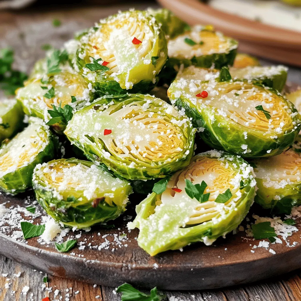 - 1 lb Brussels sprouts, halved - 4 tablespoons unsalted butter - 4 cloves garlic, minced - 1 tablespoon olive oil - 1 teaspoon salt - 1/2 teaspoon black pepper - 1/2 teaspoon red pepper flakes (optional for heat) - 1 tablespoon lemon juice - 2 tablespoons grated Parmesan cheese - Fresh parsley, chopped (for garnish) These ingredients make my Crispy Garlic Butter Brussels a perfect side dish. The Brussels sprouts bring a hearty taste, while the garlic and butter add rich flavor. The lemon juice brightens everything up. You may want to try different oils for sautéing. Avocado oil or coconut oil works well too. If you follow a vegan diet, you can use vegan butter instead of regular butter. For seasoning, feel free to mix it up! You can add herbs like thyme or rosemary. A sprinkle of smoked paprika can also add a fun twist. Explore these options to make my recipe fit your taste. Enjoy the process of cooking and taste the flavors come to life. For the full recipe, check the details above. 1. Preheat your oven to 425°F (220°C). This high heat helps the Brussels sprouts get nice and crispy. 2. Line a baking sheet with parchment paper. This prevents sticking and makes cleanup easy. 3. In a big bowl, add 1 lb of halved Brussels sprouts. 4. Pour in 1 tablespoon of olive oil, then sprinkle with 1 teaspoon of salt and 1/2 teaspoon of black pepper. If you like heat, add 1/2 teaspoon of red pepper flakes. 5. Toss everything well. You want the sprouts to be fully coated with oil and spices. 1. Spread the Brussels sprouts in a single layer on the baking sheet, cut side down. This helps them roast evenly and get crispy. 2. Roast in the oven for 20-25 minutes. Check them halfway through and shake the pan. This promotes even browning and crispiness. 3. Look for a golden brown color and a crispy outside. 1. While the Brussels sprouts roast, melt 4 tablespoons of unsalted butter in a small saucepan over medium heat. 2. Add 4 minced garlic cloves to the melted butter. Cook for 1-2 minutes until fragrant. Be careful not to burn the garlic. 3. Once the Brussels sprouts are done, take them out of the oven. Drizzle the garlic butter over them while they are hot. 4. Toss the Brussels sprouts gently to mix in the garlic butter. 5. Finally, sprinkle 1 tablespoon of lemon juice and 2 tablespoons of grated Parmesan cheese on top. Toss again to coat everything well. Now you have crispy garlic butter Brussels ready to serve! For the full recipe, check out the [Full Recipe]. To get your Brussels sprouts crispy, space them well on the baking sheet. Overcrowding will trap steam and make them soggy. Arrange them in a single layer. Cut the Brussels sprouts in half for uniform cooking. This helps them roast evenly and get that nice, crunchy texture. You can boost flavor by adding herbs and spices. Try thyme or rosemary for earthy notes. A sprinkle of garlic powder brings out a pleasant taste too. For garnishing, fresh herbs like parsley add color and a pop of flavor. Just chop them finely and sprinkle on top before serving. For roasting vegetables, choose heavy-duty bakeware. Materials like stainless steel or cast iron work great. They distribute heat evenly, ensuring a perfect roast. Use a good spatula or tongs to make turning the sprouts easy. A parchment-lined sheet also helps with easy cleanup. For the full recipe, check out Crispy Garlic Butter Brussels. {{image_2}} Brussels sprouts are fun to play with, and there are many ways to mix it up! You can give Brussels sprouts an Asian twist. Just add soy sauce and sesame oil. This makes them salty and nutty. Try sprinkling some sesame seeds on top for crunch! For a Mediterranean flavor, mix in olives and feta cheese. This adds a salty and creamy touch. The olives give a nice briny flavor that pairs well with the sprouts. If you're short on time, the air fryer is a great option. Set it to 375°F (190°C) and cook for about 12-15 minutes. Shake the basket halfway through for even cooking. You can also sauté Brussels sprouts on the stovetop. Heat some olive oil in a pan. Add halved sprouts and cook for 8-10 minutes until they get golden brown. This method is quick and keeps the kitchen cool! For gluten-free options, use tamari instead of soy sauce. This gives the same flavor without the gluten. If you’re on a low-carb or keto diet, skip the Parmesan cheese. You can replace it with nutritional yeast for a cheesy flavor without the carbs. These small changes make the dish fit many diets! To keep your leftover Crispy Garlic Butter Brussels fresh, store them in an airtight container in the fridge. This helps prevent moisture loss and keeps them tasty. They will last for about 3 to 4 days. When you’re ready to enjoy them again, reheating is key. For the best texture, use an oven or an air fryer. Preheat the oven to 350°F (175°C). Spread the Brussels sprouts on a baking sheet and heat for 10 to 15 minutes. This method will help them regain some crispiness. If you use the air fryer, set it to 350°F (175°C) and cook for about 5 to 8 minutes. If you want to save them for longer, you can freeze your Brussels sprouts. First, blanch them in boiling water for 2 to 3 minutes. This process helps keep their bright color and flavor. After blanching, place them in ice water to stop the cooking. Drain and dry them well, then pack them in freezer bags. They can last up to 6 months in the freezer. When you're ready to use frozen Brussels sprouts, thaw them in the fridge overnight. You can also cook them directly from frozen. Just add a few extra minutes to your cooking time for the best results. You can pair Crispy Garlic Butter Brussels with many dishes. They shine as a side dish. Here are some great options: - Roasted Chicken: The buttery flavor complements the savory chicken well. - Grilled Steak: The crispy sprouts balance the rich taste of steak. - Pasta: Toss them in with pasta for added crunch and flavor. - Quinoa Salad: Mix them with quinoa for a hearty, healthy meal. - Fish: They add a nice touch alongside baked or grilled fish. These pairings elevate your meal and make it more exciting. To store leftovers, follow these tips: - Cool Down: Let the Brussels sprouts cool to room temperature. - Use an Airtight Container: Place them in a container to keep them fresh. - Refrigerate: Store in the fridge for up to three days. When you're ready to enjoy them again, reheat in the oven. This helps restore their crispiness. Yes, you can use frozen Brussels sprouts. However, the texture will change. Here's what to know: - Thaw First: Always thaw them before cooking. This helps avoid mushiness. - Adjust Cooking Time: They may need a bit longer to roast. - Check Crispiness: Frozen sprouts may not get as crispy as fresh ones. Using frozen sprouts can save time, but fresh ones yield the best results. For the full recipe, check the instructions for perfect cooking tips. This post covered how to make Crispy Garlic Butter Brussels Sprouts. We looked at ingredients, steps, and tips for the best results. Remember to try different oils or seasonings for your taste. You can also use an air fryer or stovetop for easy cooking. Store leftovers properly to enjoy them later. With these techniques, you’ll impress anyone at your table. Cooking Brussels sprouts can be fun and delicious! Enjoy your dish and share it with friends and family.