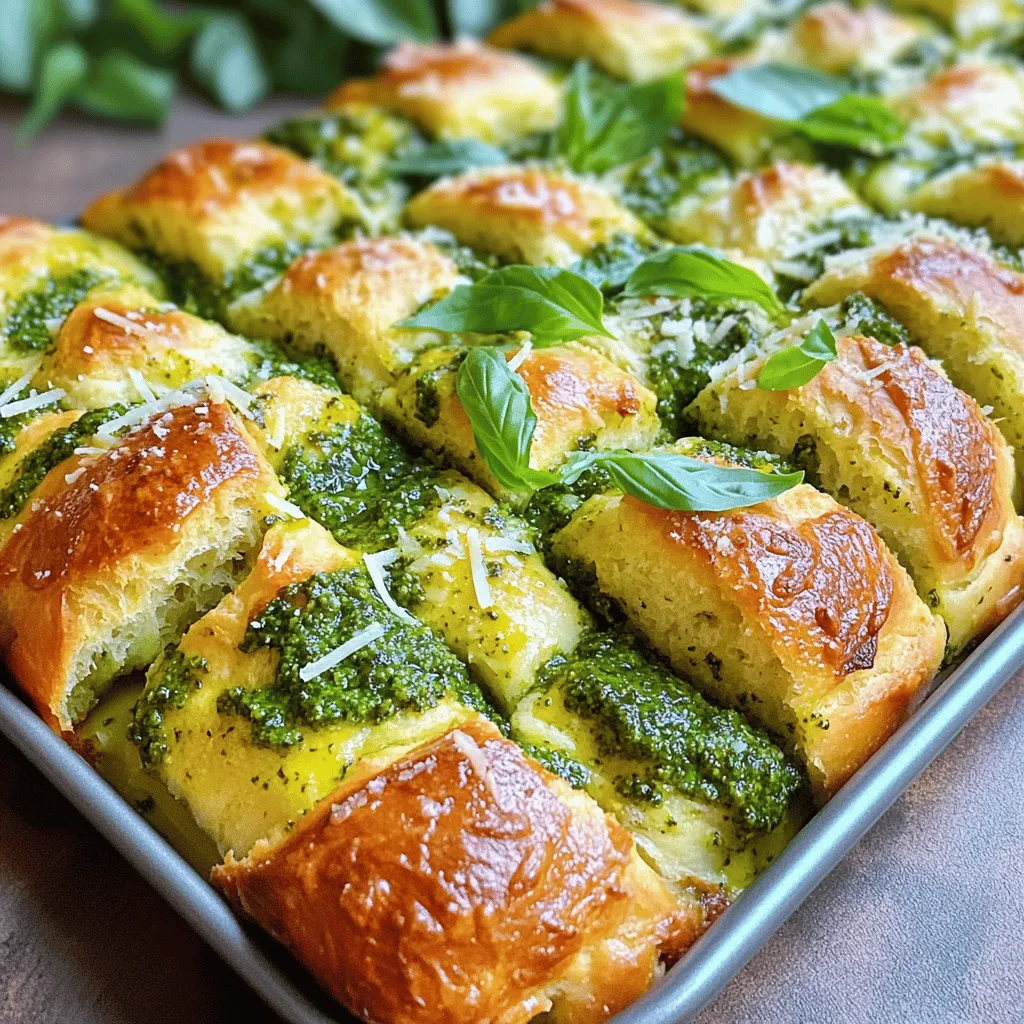 To make Pesto Parmesan Pull Apart Bread, you need fresh and simple ingredients. Here’s what you will gather: - 1 large round loaf of bread (like sourdough or focaccia) - 1 cup fresh basil pesto - 1 cup grated Parmesan cheese - 4 tablespoons unsalted butter, melted - 2 cloves garlic, minced - 1 teaspoon Italian seasoning - Salt and pepper to taste - Fresh basil leaves for garnish (optional) Each of these ingredients plays a key role in creating the perfect pull-apart bread. The bread gives a wonderful base, while the pesto adds a rich, herby flavor. Parmesan cheese melts beautifully and adds a salty kick. Garlic brings warmth to the dish, and the butter helps the flavors blend. Using fresh basil pesto instead of store-bought adds a homemade touch. The Italian seasoning gives a nice depth to the garlic butter. Don’t forget salt and pepper; they enhance all the flavors. If you want to add a personal twist, think about using different herbs or cheeses. The options are endless! For the full recipe, check out the instructions and enjoy this delightful snack treat. - Preheat your oven to 375°F (190°C). - In a small bowl, mix melted butter, minced garlic, Italian seasoning, salt, and pepper. Set aside. - Take a large round loaf of bread and cut it in a grid pattern. Don’t cut all the way through. - Spoon fresh basil pesto into each cut of the bread. Make sure it fills the cracks well. - Generously sprinkle grated Parmesan cheese over the pesto-filled cuts. - Brush the garlic butter mixture all over the bread, especially in the cuts. - Wrap the bread in aluminum foil and place it on a baking sheet. - Bake in the preheated oven for 15 to 20 minutes. Look for melted cheese and warm bread. - Unwrap the foil for the last 5 minutes. This helps the top get golden brown and crispy. Now, you can enjoy this Pesto Parmesan Pull Apart Bread! For the full recipe details, check out the [Full Recipe]. - Best types of bread to use For this recipe, I recommend using a large round loaf. Sourdough or focaccia works best. These breads hold the pesto and cheese well. Their crusts also crisp up nicely when baked. - How to achieve the best flavor balance To get great taste, use fresh basil pesto. The flavor of the pesto shines with the rich Parmesan cheese. I like to add garlic for a bold kick. The butter helps meld all the flavors together. - Tips for cutting the bread properly Use a serrated knife for cutting. Slice the bread in a grid pattern. Make sure not to cut all the way through the bottom. This keeps the loaf intact and allows for easy pulling apart. - Ideal pairings with the bread This bread goes well with a fresh salad or a warm soup. You can serve it as a side at dinner or as a party snack. The flavors of the bread complement many dishes. - Best way to serve for gatherings Serve the bread warm. Place it on a large platter. Guests can pull apart pieces easily. Add some extra pesto on the side for dipping, and watch it disappear! - Creative ways to use leftovers If you have leftovers, don’t worry! You can toast slices in the oven. They make a great addition to breakfast with eggs. You can also use pieces in a sandwich or a salad. {{image_2}} You can switch up the pesto to fit your taste. Try sun-dried tomato pesto for a twist. You can also use roasted red pepper pesto for a sweeter flavor. If you want a different cheese, mozzarella or cheddar works great. They melt well and add their own charm. For gluten-free options, use gluten-free bread. Many stores sell good gluten-free round loaves. Want to add more depth? Sprinkle in some red pepper flakes for heat. Fresh herbs like thyme or rosemary can brighten the flavor. You can also mix in chopped spinach or sun-dried tomatoes for a veggie boost. If you love cheese, consider adding goat cheese or feta for a tangy kick. These simple changes can make your Pesto Parmesan Pull Apart Bread even more delightful! Check out the Full Recipe for more tips. To store leftovers at room temperature, keep the bread in a paper bag. Avoid plastic wrap, as it traps moisture and can make the bread soggy. If you have a lot left, you can wrap it in a clean kitchen towel. For storing in the refrigerator, wrap the bread tightly in plastic wrap. This helps keep it fresh for a few days. However, note that the bread may lose some crispness in the fridge. To regain some texture, you can reheat it later. To freeze your Pesto Parmesan Pull Apart Bread, wrap it well in aluminum foil or plastic wrap. Then, place it in a freezer bag. This way, it stays fresh for up to three months. For reheating, preheat your oven to 350°F (175°C). Remove the foil and place the bread on a baking sheet. Heat for about 15-20 minutes or until warm throughout. This brings back the soft inside and crispy crust. Enjoy every bite again! How to keep Pesto Parmesan Pull Apart Bread fresh? To keep your bread fresh, wrap it well in plastic wrap. You can also place it in an airtight container. This helps keep moisture in and air out. Store it at room temperature for up to two days. If you need it for longer, consider freezing it. Can I make this bread ahead of time? Yes, you can prepare it ahead. Cut the bread and fill it with pesto and cheese. Then, cover it tightly. Store it in the fridge for up to 24 hours. Just bake it when you are ready to serve. What can I serve with Pesto Parmesan Pull Apart Bread? This bread pairs well with soups or salads. You can serve it with a fresh tomato salad or a warm bowl of minestrone. It also goes great with a glass of wine for a cozy night in. Can I use store-bought pesto? Absolutely! Store-bought pesto saves time and still tastes great. Just make sure to choose a high-quality brand for the best flavor. How long does it take to bake? It takes about 15-20 minutes to bake. You want the cheese to melt and the bread to warm up. Keep an eye on it during the last few minutes for that perfect golden brown top. What’s the best way to slice the bread? Use a serrated knife for easy cutting. Cut the bread into a grid pattern without cutting all the way through. This way, the bread stays intact and holds the fillings well. This blog post covers all you need to know about Pesto Parmesan Pull Apart Bread. We discussed ingredients, preparation, baking, and serving. You learned tips for perfecting the recipe and how to store leftovers. Now, you can enjoy making this delicious bread for any occasion. With variations and answers to common questions, you’re ready to impress friends and family. Trust me, your efforts will be worth it when everyone asks for more!