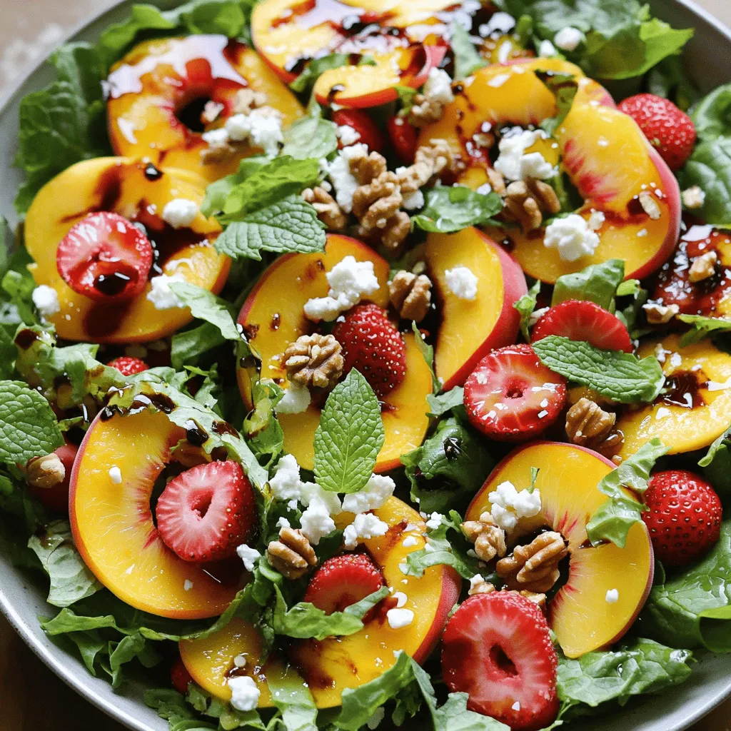 - 2 ripe peaches, sliced - 1 cup strawberries, hulled and halved Fresh fruits are key to this salad. The peaches give a sweet and juicy bite. Strawberries add brightness and color. Choose ripe fruits for the best flavor. - 1 cup mixed greens (arugula, spinach, and baby kale) Mixed greens add crunch and nutrients. Arugula gives a slight peppery taste, while spinach and baby kale add softness. This mix balances the sweetness of the fruits. - ¼ cup crumbled feta cheese - ¼ cup walnuts, roughly chopped - 3 tablespoons balsamic glaze - 2 tablespoons olive oil - Salt and pepper to taste - Fresh mint leaves for garnish Feta cheese brings a salty creaminess. Walnuts add a nice crunch. Balsamic glaze gives a tangy touch, while olive oil adds richness. Season with salt and pepper for extra flavor. Mint leaves are a fresh finish. You can find the complete recipe in the [Full Recipe]. 1. Combining fruits in a large bowl Start by slicing the ripe peaches and hulled strawberries. Toss them into a large bowl. The colors alone will make your mouth water. 2. Adding mixed greens Next, add one cup of mixed greens. I love using arugula, spinach, and baby kale. They add a nice crunch and a fresh taste. 3. Drizzling with olive oil and balsamic glaze Now, drizzle two tablespoons of olive oil and three tablespoons of balsamic glaze over the fruit and greens. This will tie all the flavors together. 1. Lightly tossing the salad Using two large spoons, gently toss the salad. You want everything mixed well without squishing the fruit. 2. Adding salt and pepper to taste Finally, sprinkle salt and pepper to your liking. This simple step brightens the flavors in your salad. 1. Topping with feta and walnuts Add a quarter cup of crumbled feta cheese and a quarter cup of roughly chopped walnuts on top. This gives a creamy and crunchy texture. 2. Garnishing with fresh mint leaves Finish off with a few fresh mint leaves for garnish. This adds a pop of color and a lovely aroma. For the full recipe, check out the details above. Enjoy making this fresh and fruity delight! For a great look, use a large, shallow bowl. It shows off the colors of peaches and strawberries. Just before serving, drizzle more balsamic glaze on top. This adds a shiny finish and boosts flavor. Choose the ripest peaches and strawberries. They should smell sweet and feel firm yet soft. Fresh herbs, like mint, add bright flavor and aroma. They also enhance the salad's look, making it more inviting. To elevate your salad, try adding nuts or seeds. Sunflower seeds or sliced almonds work well. For dressings, a simple lemon vinaigrette can brighten the dish. Balance sweet and savory by adjusting the glaze and herbs. For the full recipe, check out the Peach & Strawberry Bliss Salad . {{image_2}} You can mix up your Peach and Strawberry Salad by changing the fruits. If peaches or strawberries are out of season, try using nectarines or raspberries. These fruits add a different taste while keeping the salad fresh and fruity. For a summer twist, consider adding tropical fruits. Pineapple and mango bring bright flavors to the mix. Cut them into small pieces and toss them in with the greens and other fruits. This change keeps the salad exciting and perfect for hot days. Making the salad vegan-friendly is easy. Simply skip the feta cheese, or use a vegan cheese alternative. You can also add more nuts or seeds for extra protein. This way, you still enjoy rich flavors without any animal products. If you need a gluten-free option, this salad is already a great choice. All the ingredients are naturally gluten-free. Just be sure to check any dressings or toppings for hidden gluten. You can switch up the cheese for different flavors. Goat cheese or ricotta can replace feta. Each option adds a unique taste that complements the fruit. Try crumbling or dolloping the cheese on top for a nice finish. You should also experiment with dressings. While balsamic glaze is a classic choice, a honey-lime dressing can add a zesty kick. Simply mix honey, lime juice, and a bit of olive oil for a bright twist. You can also try a citrus vinaigrette for a refreshing flavor. Feel free to explore these variations as you create your Peach and Strawberry Salad. With so many options, you can make it your own. For the full recipe, check out the Peach & Strawberry Bliss Salad. To keep your peach and strawberry salad fresh, store leftovers in an airtight container. This helps lock in moisture and flavor. Avoid using plastic wrap directly on the salad, as it can trap moisture and make it soggy. To prevent sogginess, store the dressing separately. Only add it just before serving. This keeps the greens crispy and the fruits vibrant. You can prep ingredients ahead of time. Slice the peaches and strawberries early in the day. Store them in separate containers. Wash and dry the mixed greens and keep them in a sealed bag. Assemble the salad just before serving. This way, the salad stays fresh and looks beautiful. Most ingredients in this salad last well in the fridge. Sliced peaches and strawberries stay fresh for 1-2 days. Mixed greens can last 3-5 days if stored properly. Feta cheese has a shelf life of about 5 days after opening. Walnuts can last up to a month if kept in a cool, dry place. Keep an eye on freshness to enjoy the best flavors. If you want a different taste, try goat cheese or ricotta. Both add creaminess. For a dairy-free option, use tofu or cashew cheese. You can also use blue cheese for a tangy kick. Each choice gives a unique flavor, so feel free to experiment! Yes, you can prep this salad in advance. Slice the peaches and strawberries, but keep them separate from the greens. Store them in airtight containers in the fridge. When ready to serve, mix everything together. This keeps the greens fresh and crunchy. A simple balsamic vinaigrette works great. You can make it with balsamic glaze and olive oil. For a sweet twist, try honey mustard dressing. If you're short on time, store-bought dressings like raspberry vinaigrette also taste amazing. Choose what you love! For the full recipe, check out Peach & Strawberry Bliss Salad. This blog post laid out a fresh peach and strawberry salad that is simple and tasty. You learned about the key ingredients, like ripe fruits, greens, and tasty add-ons. I shared easy steps to prepare this salad and offered tips for serving and storing it. Let your creativity shine by trying different fruits or toppings. Whether it's a summer picnic or a family dinner, this salad is a great choice. Enjoy every bite of your healthy creation!
