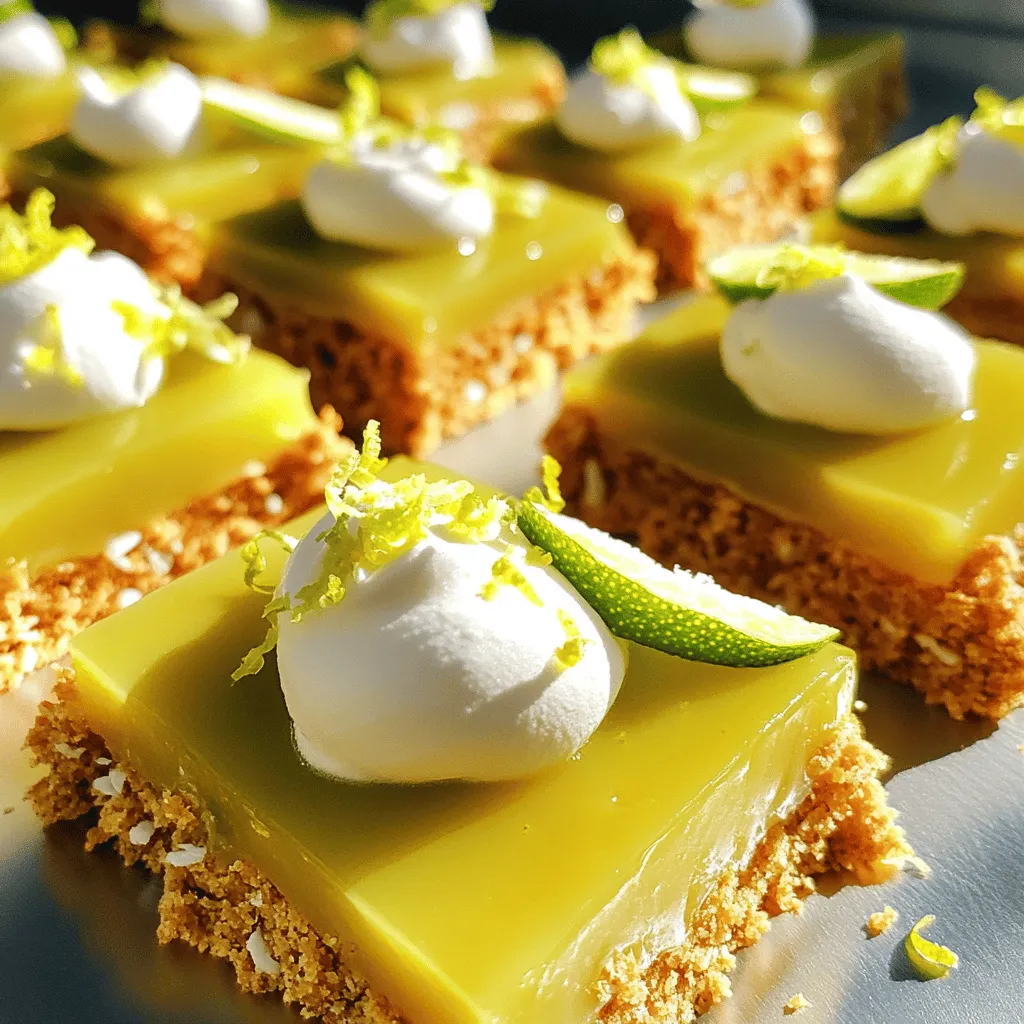 Making Key Lime Pie Bars is fun and simple. Here are the main ingredients you will need: - 1 ½ cups graham cracker crumbs - ½ cup unsweetened shredded coconut - ⅓ cup granulated sugar - ½ cup unsalted butter, melted - 4 large egg yolks - 1 can (14 oz) sweetened condensed milk - ½ cup fresh key lime juice (or regular lime juice) - Zest of 2 key limes - ¼ teaspoon salt These ingredients create a tasty crust and a zesty filling. The graham cracker crumbs and coconut mix give a nice texture. The key lime juice adds a bright, tangy flavor. You can make your Key Lime Pie Bars even better with these garnishes: - Fresh whipped cream - Lime slices - Additional lime zest These toppings give a nice look and add more flavor. You can use as much or as little as you like. If you need to swap some ingredients, here are some ideas: - Use regular limes if key limes are hard to find. - Substitute coconut with more graham cracker crumbs for a classic crust. - If you want a dairy-free option, try using coconut cream instead of sweetened condensed milk. These swaps still keep the bars delicious. Don't be afraid to get creative with what you have! For the full recipe, check the section earlier. Start by preheating your oven to 350°F (175°C). Grab an 8x8 inch baking pan. Line it with parchment paper, leaving a bit hanging over the edges. This helps when you lift out the bars later. In a mixing bowl, add 1 ½ cups of graham cracker crumbs, ½ cup of unsweetened shredded coconut, and ⅓ cup of granulated sugar. Melt ½ cup of unsalted butter and pour it into the bowl. Mix everything well until it looks like wet sand. Now, press this mixture firmly into the bottom of your lined pan. Make it even and compact. Bake it for about 10 minutes or until it turns lightly golden. Once done, take it out and let it cool for a few minutes. In another bowl, whisk together 4 large egg yolks and 1 can of sweetened condensed milk until smooth. This step is key for a creamy texture. Then, add ½ cup of fresh key lime juice and the zest of 2 key limes. Don’t forget the ¼ teaspoon of salt! Whisk everything until it blends well. This filling is the star of the show. It should smell zesty and fresh. Pour this mixture over your cooled crust. Spread it out evenly to cover all the edges. Bake the pan for another 15 to 20 minutes. You want the edges to set, but the center should jiggle a bit. This jiggle means it will set up nicely in the fridge later. Once baked, take it out and let it cool at room temperature for about 30 minutes. After that, pop it in the fridge for at least 2 hours. This step is important for the bars to firm up. When ready, lift the bars using the parchment paper. Cut them into squares. Serve with fresh whipped cream, a sprinkle of lime zest, and a slice of lime on top. Enjoy your zesty key lime pie bars! For the full recipe, refer to the earlier section. To get a great crust, use fresh graham cracker crumbs. You can crush them yourself for the best taste. Mix the crumbs with shredded coconut and sugar. Melt the butter and pour it in. Stir until it feels like wet sand. Press this mixture firmly into your pan. Bake it until golden. This step ensures a crisp and crunchy base. Fresh key limes bring the best flavor. If you can't find them, regular limes work too. Always zest your limes before juicing. The zest adds a nice kick to your bars. Use a fine grater for the best results. Taste your lime juice before adding it to the filling. If it’s too sweet, add a touch more zest to balance. Bars can crack if baked too long. Watch for a slight jiggle in the center as they bake. If they seem too soft after cooling, chill them longer. They need time to set properly. If your crust is too crumbly, add a bit more melted butter next time. For too sweet bars, reduce the sugar in the filling by a tablespoon. This recipe is flexible for your taste! Find the Full Recipe to try these tips. {{image_2}} Want a tropical twist? Try coconut key lime pie bars. Just add ½ cup of shredded coconut to the crust. This gives a nice chew and flavor. You can also mix coconut milk into the filling. This adds creaminess. The coconut enhances the tart lime taste. It’s a fun twist on a classic! Need gluten-free options? You can easily make these bars gluten-free. Use gluten-free graham cracker crumbs for the crust. Check the label to ensure they are safe. The filling remains the same. This way, everyone can enjoy the sweet tartness of key lime pie bars. It’s a great way to include all guests! Want a quick option? Go for no-bake key lime pie bars. Skip the oven and use a fridge instead. For the crust, mix crushed graham crackers with melted butter. Press it into the pan. For the filling, mix sweetened condensed milk, fresh lime juice, and whipped cream. Spread it on the crust and chill it for a few hours. It’s easy and super refreshing! For the full recipe, check out the details above. To keep your key lime pie bars fresh, place them in an airtight container. You should store them in the fridge. They will stay good for about 3 to 5 days. Make sure they are fully cooled before you store them. If you leave them out too long, they may spoil. Freezing is a great way to save extra bars. Start by cutting the cooled bars into squares. Wrap each square tightly with plastic wrap. Then, place the wrapped bars in a freezer bag. Label the bag with the date. You can freeze them for up to 3 months. When you want to eat them, move them to the fridge to thaw overnight. If you prefer warm bars, you can reheat them. Preheat your oven to 350°F (175°C). Place the bars in a baking dish. Cover them with foil to prevent drying out. Heat for about 10 to 15 minutes. Check if they are warm enough. Serve them with fresh whipped cream for a treat! For the complete recipe, check out the Full Recipe. You can use regular limes if you can't find key limes. Regular limes have a strong flavor. They work well in this recipe. You may notice a slight taste difference. Add a bit more zest to enhance the flavor. Key Lime Pie Bars last about a week in the fridge. Store them in an airtight container. They taste best when eaten fresh. You can also freeze them for up to three months. Just remember to wrap them well before freezing. Yes, you can use sweetened coconut. Just know it will add extra sugar. This can make the bars sweeter. Make sure to adjust the sugar in the recipe. This will help keep the balance of flavors just right. You learned how to make tasty Key Lime Pie Bars using simple ingredients. We covered key steps from the crust to the filling. I shared tips for the best flavor and how to fix common problems. You can also try fun variations like coconut or gluten-free bars. Store leftovers properly to enjoy them later. Remember, experimenting with flavors can lead to delicious results. Keep these tips in mind, and you'll impress everyone with your baking skills. Enjoy every bite!