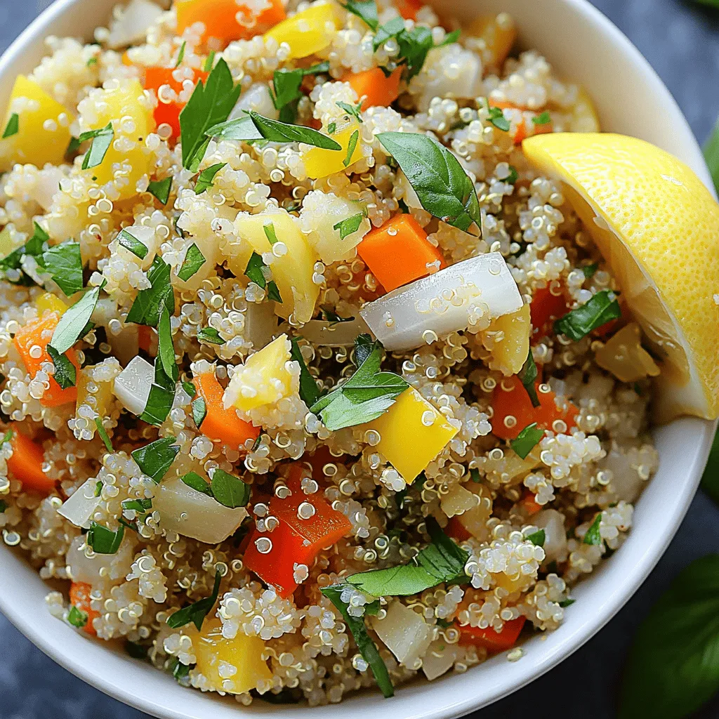 To make the Herbed Lemon Quinoa Pilaf, you will need a few simple ingredients that come together to create a tasty and healthy dish. - 1 cup quinoa, rinsed - 2 cups vegetable broth - 1 medium onion, finely chopped - 2 cloves garlic, minced - 1 carrot, diced - 1 bell pepper (any color), diced - 1 teaspoon dried thyme - 1 teaspoon dried oregano - 1 lemon (zest and juice) - 3 tablespoons olive oil - Salt and pepper to taste - 1/4 cup fresh parsley, chopped - 1/4 cup fresh basil, chopped These ingredients bring flavor and nutrition to the dish. Quinoa is the star. It is a protein-rich grain that is gluten-free. The vegetables add color and crunch. Fresh herbs like parsley and basil give it a bright taste. The lemon juice and zest add a refreshing zing that makes this dish memorable. For the full recipe, you can check out the details at the beginning of this article. Enjoy cooking! First, bring the vegetable broth to a boil in a medium saucepan. Add 1 cup of rinsed quinoa and a pinch of salt. Reduce the heat to low and cover the pot. Let it simmer for about 15 minutes. The liquid will absorb, and the quinoa will become fluffy. After cooking, remove it from heat and let it sit, covered, for 5 minutes. Fluff the quinoa with a fork before serving. While the quinoa cooks, heat 3 tablespoons of olive oil in a large skillet over medium heat. Add 1 medium onion, finely chopped, and sauté until it turns translucent, about 3 to 5 minutes. Then, add 2 cloves of minced garlic, 1 diced carrot, and 1 diced bell pepper. Sauté these for another 5 to 7 minutes until the vegetables are tender. Now, stir in 1 teaspoon each of dried thyme and oregano. Let the herbs toast for about 1 minute to enhance their flavor. Once the quinoa is fluffy, add it to the skillet with the sautéed vegetables. Also, mix in the zest and juice of 1 lemon for brightness. Toss everything together until well combined. Season with salt and pepper to taste, adjusting as needed. Finally, fold in 1/4 cup each of fresh parsley and basil for a fresh burst of flavor. Serve warm or at room temperature. For the best look, garnish with extra herbs and a lemon wedge. Find the full recipe to try this delightful dish today! Start by rinsing your quinoa. This step helps remove any bitter taste. Use a fine mesh strainer. Rinse under cool water for about 1-2 minutes. This small step makes a big difference in flavor. For the perfect cook time, aim for about 15 minutes. Bring the vegetable broth to a boil before adding the rinsed quinoa. Then, reduce the heat and cover it. Let it simmer until all the liquid is absorbed. After cooking, let it sit for 5 minutes. Fluff it with a fork for a light and fluffy texture. You can boost flavor by adding more herbs. Fresh herbs like dill or cilantro work well. You could also try spices like cumin or paprika. These add warmth and depth to your dish. Mix in different vegetables for variety. Try adding zucchini or peas for color and taste. Seasonal veggies can change the dish each time you make it. This keeps it fun and exciting. How you present the dish matters. Spoon the pilaf into a bowl or plate. Garnish with extra fresh herbs to make it pop. Add a lemon wedge on the side for a lovely touch. For serving, pair this dish with grilled chicken or fish. It also works well as a side for any meal. This makes it a versatile option on your table. To see the full recipe, check out the Full Recipe section. {{image_2}} You can change this dish by adding protein. Chickpeas or beans give a heartier feel. They add texture and protein to keep you full. Just toss them in when you mix the quinoa with the veggies. You can also try chicken or shrimp. Sauté them in the skillet before adding the other ingredients. This adds a tasty twist to your pilaf. Quinoa is great, but you have choices. Couscous or rice can work well too. If you use couscous, it cooks quickly and has a nice texture. For rice, use long-grain or brown rice for a different bite. If you need gluten-free options, quinoa is perfect. Just ensure the broth is gluten-free if you switch grains. You can adapt this recipe to match the seasons. In spring, add peas or asparagus for freshness. Summer brings zucchini or tomatoes, which add color and taste. In fall, think about adding roasted squash. In winter, use hearty greens like kale or spinach. Each season offers unique flavors, making this dish enjoyable year-round. For the complete recipe, check out the Full Recipe section. To store leftover herbed lemon quinoa pilaf safely, place it in an airtight container. Make sure it cools to room temperature before sealing. Refrigerate the pilaf within two hours of cooking. You can enjoy it for up to five days. Always check for any off smells or signs of spoilage before eating. If you want to save the pilaf for later, freezing works great. First, let it cool completely. Then, place it in a freezer-safe bag or container. Squeeze out as much air as possible to prevent freezer burn. It can last up to three months in the freezer. When you're ready to eat, thaw the pilaf in the fridge overnight. To reheat, warm it in a skillet over medium heat. You can add a splash of vegetable broth to keep it moist. Stir occasionally until heated through for the best taste. What is quinoa and its health benefits? Quinoa is a grain that comes from a plant. It is high in protein and fiber. Quinoa is also gluten-free, making it great for many diets. It contains vitamins and minerals like magnesium and iron. Eating quinoa can help you feel full and support your health. Can I use fresh herbs instead of dried? Yes, you can use fresh herbs! Fresh herbs add bright flavor. Use about three times more fresh herbs than dried ones. For instance, if the recipe calls for one teaspoon of dried thyme, use three teaspoons of fresh thyme. How long does it take to cook quinoa? Cooking quinoa takes about 15 minutes. First, bring water or broth to a boil. Then, add the quinoa, cover, and simmer. Once the liquid is absorbed, let it sit for five minutes before fluffing. Can I make this recipe in advance? Yes, you can make Herbed Lemon Quinoa Pilaf ahead of time. Cook it and let it cool. Store it in the fridge for up to three days. Reheat it gently on the stove or in the microwave. Can I use chicken broth instead of vegetable broth? Definitely! Chicken broth will add a rich flavor to the pilaf. Just substitute it in the same amount as vegetable broth. What other vegetables work well in this pilaf? You can add many vegetables to this pilaf. Peas, zucchini, or spinach all work well. Just chop them up and sauté with the other veggies. This blog post covered how to make a tasty herbed lemon quinoa pilaf. We looked at the key ingredients, from quinoa to flavorful herbs. I shared step-by-step cooking tips and ways to enhance your dish. You can add proteins or try seasonal veggies for variety. Remember to store leftovers properly for freshness. With these insights, you can create a healthy and delicious meal you'll love. Enjoy cooking and experimenting with this versatile dish!