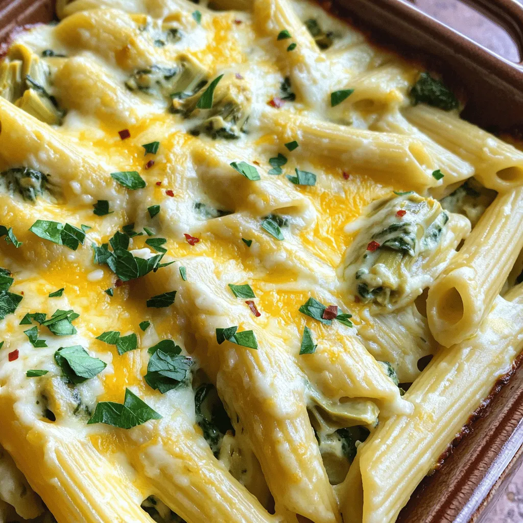 - Pasta and Vegetables You need 12 oz of penne pasta. It holds the sauce well. Add 1 can of artichoke hearts, drained and chopped. Include 4 cups of fresh spinach. This adds color and nutrients. - Dairy Products Use 1 cup of ricotta cheese for creaminess. You also need 1 cup of shredded mozzarella cheese, divided. Plus, add 1/2 cup of grated Parmesan cheese. These cheeses melt and create great flavor. - Seasonings For taste, include 2 cloves of minced garlic. Add 1/2 teaspoon of red pepper flakes for a bit of heat. Use 1 teaspoon of Italian seasoning to enhance flavor. Don’t forget salt and pepper to taste. - Protein Add-ins Want more protein? Try adding cooked chicken or shrimp. You can also use canned tuna for an easy option. - Additional Vegetables You can mix in other veggies. Try bell peppers, mushrooms, or zucchini. They can add texture and taste to your dish. For the full recipe, check the detailed steps and ingredients list. Preparing the Oven First, set your oven to 375°F (190°C). This heat will help your pasta bake cook evenly. Boiling the Pasta Next, fill a large pot with water. Add some salt and bring it to a boil. Once boiling, add 12 oz of penne pasta. Cook it until it's al dente, which means it should still have a slight bite. This usually takes about 8 to 10 minutes. After that, drain the pasta and set it aside. Combining Vegetables and Cheeses In a big mixing bowl, combine the chopped artichoke hearts, fresh spinach, ricotta cheese, 3/4 cup of mozzarella cheese, grated Parmesan cheese, minced garlic, red pepper flakes, Italian seasoning, softened cream cheese, salt, and pepper. Mix all these ingredients well until they are fully blended. Folding in the Pasta Now, gently add the cooked penne pasta to the bowl. Carefully fold the pasta into the cheese and vegetable mix. You want everything to be evenly coated. Preparing the Baking Dish Take a greased 9x13 inch baking dish. Transfer your pasta mixture into this dish, spreading it out evenly. Baking Time and Temperature Sprinkle the remaining 1/4 cup of mozzarella cheese on top. Place the dish in your preheated oven. Bake for 25 to 30 minutes. Look for the cheese to be bubbly and golden brown. Once done, take it out and let it cool for 5 minutes. Garnish with fresh parsley before serving. For a more detailed recipe, refer to the Full Recipe. Ensuring Even Cooking To ensure even cooking, spread the pasta mixture evenly in the baking dish. This helps the heat reach all parts of the dish. Stir the pasta gently before baking to mix ingredients properly. This step is key for a great texture. Achieving the Right Cheese Consistency For that perfect cheese pull, use both mozzarella and Parmesan. Mix them well into the pasta. The cream cheese also helps create a smooth texture. If you want more flavor, add a bit more garlic or cheese. Side Dish Ideas Serve with a fresh side salad or garlic bread. A crisp salad balances the rich flavors of the pasta bake. Garlic bread adds a nice crunch and flavor. These sides complete the meal and make it more inviting. Presentation Tips To make your dish look great, sprinkle fresh parsley on top. This adds color and freshness. Use a nice serving dish to showcase your bake. Place a bowl of extra Parmesan on the side for guests. This gives them the option to add more cheese if they wish. {{image_2}} You can pick different pasta types for your bake. - Whole Wheat vs. Regular: Whole wheat pasta adds more fiber. It also gives a nutty taste. Regular pasta is softer and lighter. Choose what fits your meal plan and taste. - Gluten-Free Options: If you need gluten-free pasta, there are many choices. Rice or corn pasta works well. Make sure to check the cooking times. Some cook faster than regular pasta. Spices can take this dish to the next level. - Spices to Consider: Try adding garlic powder for more flavor. A pinch of nutmeg can brighten the taste of the cheese. You can also add cayenne for a little heat. - Alternative Cheese Choices: While ricotta is great, you can mix it up. Cream cheese can make it extra creamy. You can also try goat cheese or feta for a tangy kick. Each cheese brings a unique flavor to the dish. For the full recipe, check the detailed steps and ingredients above. To keep your Spinach Artichoke Pasta Bake fresh, refrigerate it. Place leftovers in an airtight container. This helps prevent drying out and keeps flavors intact. You can store it in the fridge for up to three days. If you want to keep it longer, freezing is a good option. To freeze, let the dish cool completely. Cut it into portions for easy thawing. Wrap each portion tightly in plastic wrap. Then, place the wrapped portions in a freezer-safe bag. Label it with the date. Frozen pasta bake can last for up to three months. When it's time to enjoy your leftovers, reheating is key. The best method is to use the oven. Preheat your oven to 350°F (175°C). Place the pasta bake in an oven-safe dish. Cover it with foil to keep moisture in. Heat for about 20 minutes or until warm. To avoid dryness, add a splash of milk or cream before reheating. This adds moisture back into the dish. Stir gently to mix it in. If you're in a hurry, you can use the microwave. Just cover the dish and heat in short bursts. Check often to avoid overheating. Yes, you can prepare this dish ahead. Just follow these steps: - Cook the pasta until it's al dente. - Mix all ingredients as directed. - Place the mixture in a greased baking dish. - Cover tightly with plastic wrap or foil. - Store it in the fridge for up to two days. When ready to bake, remove the cover and add a few extra minutes to the cooking time. This keeps it fresh and delicious. If you need a ricotta cheese swap, here are some great options: - Cottage cheese: Blended until smooth, it gives a similar texture. - Cream cheese: Adds richness and creaminess to the dish. - Greek yogurt: Use plain for a tangy twist that is also healthy. These options work well and still taste great! Look for these signs to check if your pasta bake is ready: - Cheese on top is golden brown and bubbly. - The edges of the dish are slightly crispy. - If you insert a knife, it should come out hot. These indicators mean that your dish is cooked perfectly and ready to serve. Here is the full recipe for this tasty dish: Ingredients: - 12 oz penne pasta - 1 (14 oz) can artichoke hearts, drained and chopped - 4 cups fresh spinach, chopped - 1 cup ricotta cheese - 1 cup shredded mozzarella cheese, divided - 1/2 cup grated Parmesan cheese - 2 cloves garlic, minced - 1/2 teaspoon red pepper flakes - 1 teaspoon Italian seasoning - 1/4 cup cream cheese, softened - Salt and pepper to taste - Fresh parsley, chopped (for garnish) Instructions: 1. Preheat your oven to 375°F (190°C). 2. In a large pot, boil salted water and cook the penne pasta until al dente. Drain and set aside. 3. In a mixing bowl, combine chopped artichoke hearts, spinach, ricotta, 3/4 cup mozzarella, Parmesan, garlic, red pepper flakes, Italian seasoning, cream cheese, salt, and pepper. Mix well. 4. Fold the cooked penne pasta into the cheese mixture until evenly coated. 5. Transfer to a greased 9x13 inch baking dish. 6. Sprinkle the remaining mozzarella on top. 7. Bake for 25-30 minutes or until cheese is bubbly and golden. 8. Let cool for 5 minutes and garnish with parsley before serving. This recipe is perfect for a cozy dinner or a gathering with friends! This blog post explored how to create a tasty spinach artichoke pasta bake. We looked at the main ingredients, cooking steps, and ways to customize the dish. I shared helpful tips for perfecting your bake and ideas for serving. You can even store and reheat leftovers with ease. In the end, this recipe offers a delicious meal that fits many tastes. Experiment with your favorite flavors for a fun twist. Enjoy your time in the kitchen as you whip up this dish!