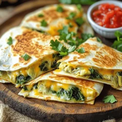 - Spinach - Artichoke Hearts - Cream Cheese - Mozzarella Cheese - Parmesan Cheese - Herbs and Spices The main ingredients for cheesy spinach artichoke quesadillas come together perfectly. You need spinach to add green goodness. Artichoke hearts bring a unique flavor. Cream cheese makes the filling creamy and rich. Mozzarella cheese melts beautifully, while Parmesan cheese adds a salty bite. Finally, herbs and spices like garlic powder and onion powder give the dish its depth. - Red Pepper Flakes - Additional Cheese Variations For those who like a little heat, red pepper flakes are a great choice. You can also swap in different cheeses. Cheddar or pepper jack can add fun twists. Use what you enjoy most. - Olive Oil - Tortillas - Seasoning Tips To cook these quesadillas, you need olive oil for that crispy edge. Flour tortillas are the best choice for wrapping the filling. When seasoning, don't be shy—taste as you go! Adjust salt and pepper to suit your palate. This way, each bite will be bursting with flavor. For the full recipe, check out the details above. Combining Ingredients To start, gather your ingredients. In a mixing bowl, add the thawed spinach and chopped artichokes. Next, include the cream cheese, mozzarella cheese, and Parmesan cheese. This mix gives your quesadillas a creamy base. Seasoning Tips Now, sprinkle in garlic powder, onion powder, and red pepper flakes if you want some heat. Add salt and pepper to taste. These spices bring out the best flavors. Make sure everything is well combined. Mixing Techniques Use a spatula or a fork to mix the ingredients. This helps blend the cheeses and veggies evenly. Aim for a smooth filling without chunks. Preheating the Skillet Heat a large skillet over medium heat. Add half of the olive oil to the pan. This oil helps the quesadilla get nice and crispy. Folding Techniques Place one tortilla in the skillet. Spoon a generous amount of the filling onto one half. Fold the tortilla over, covering the filling. This creates a half-moon shape. Recommended Cooking Times Cook for about 3-4 minutes until the bottom is golden brown. You will see the cheese starting to melt. Carefully flip the quesadilla and cook for another 3-4 minutes until both sides are crispy. Presentation Tips Once cooked, remove the quesadilla from the skillet. Let it cool for a minute before slicing it into wedges. Serve warm on a platter. Accompaniments Pair your quesadillas with salsa and sour cream for dipping. These add extra flavor and make eating fun. Garnishing Ideas For a pop of color, garnish with fresh parsley or cilantro. This adds freshness to the dish. Check out the Full Recipe for more tips! To make your quesadillas truly shine, focus on three key areas: crispiness, cheese, and tortillas. - Achieving Golden Crispiness: Use medium heat for cooking. It helps the quesadilla brown evenly. A hot pan cooks the outside and keeps the inside warm. - Ensuring Melty Cheese: Use a mix of cheeses. Mozzarella melts well and adds stretch. Combine it with Parmesan for flavor. Don't rush the cooking time. Give the cheese enough time to melt. - Avoiding Soggy Tortillas: Make sure to drain the spinach well. Excess water can make your tortillas soggy. Also, use a light hand when adding the filling. The right tools make cooking easier and more fun. - Recommended Skillets: I love using a non-stick skillet. It helps keep the quesadillas from sticking. A cast iron skillet works too; it gives a nice, even heat. - Tools for Easier Preparation: A spatula is essential for flipping. A mixing bowl helps combine ingredients well. Use a sharp knife for slicing your quesadillas after cooking. Even simple recipes can go wrong if you're not careful. - Overstuffing the Quesadilla: It might be tempting to add lots of filling. But too much can make them hard to flip. Stick to a generous but manageable amount. - Not Heating the Pan Enough: A cold pan will lead to soggy quesadillas. Preheat your skillet before adding the tortillas. This ensures they cook nicely and get that perfect golden crust. For the complete recipe, check out the [Full Recipe]. {{image_2}} You can easily boost the protein in your cheesy spinach artichoke quesadillas. - Chicken or Shrimp Options: Cook and shred chicken breast or sauté shrimp. Mix these with your filling for extra flavor. - Vegetarian Alternatives: Try adding black beans or chickpeas for a hearty, veggie-packed option. These ingredients add protein while keeping the meal meat-free. Want to add some heat? Spice things up with these options! - Incorporating Hot Sauce: Drizzle your favorite hot sauce into the filling. This adds a nice kick that pairs well with the creamy cheese. - Adding Jalapeños: Chop pickled or fresh jalapeños and mix them in. This will give your quesadillas a zesty, fiery touch that many will love. You can adapt this recipe for different diets easily. - Gluten-Free Tortillas: Use gluten-free tortillas if you need a gluten-free option. They work just as well, and you won’t miss out on flavor. - Dairy-Free Cheese Substitutes: Swap out the cheese for dairy-free alternatives. Look for brands that melt well to keep that cheesy taste and texture. For the complete recipe of these cheesy spinach artichoke quesadillas, be sure to follow the [Full Recipe]. Enjoy your cooking! To keep your cheesy spinach artichoke quesadillas fresh, store them in airtight containers. Glass or plastic containers work well. Let the quesadillas cool down before sealing them. This step helps prevent moisture buildup, which can make them soggy. Place the containers in the fridge. They stay good for about 3 to 4 days. You can reheat quesadillas using a stovetop or a microwave. The stovetop method is best for keeping them crispy. Heat a pan over medium heat and add a little olive oil. Place the quesadilla in the pan, cooking for about 2 minutes on each side. If you use the microwave, wrap the quesadilla in a damp paper towel. This trick helps keep it moist but can make it less crispy. You can freeze uncooked quesadillas for later. After making the filling, assemble the quesadillas but do not cook them. Place them in a single layer on a baking sheet and freeze until firm. Then, transfer them to a freezer bag. To cook frozen quesadillas, thaw them in the fridge overnight. Then, cook them as you normally would. This method makes it easy to enjoy a quick meal anytime. For the full recipe, check the detailed instructions. You can use Greek yogurt or ricotta cheese as a substitute. Both add creaminess and flavor. I find that Greek yogurt gives a nice tang, while ricotta keeps it mild. You can also try cottage cheese, but blend it for a smooth mix. Just remember to adjust the seasoning since these options vary in taste. Yes, fresh spinach is a great choice! Start by washing and drying the leaves. Remove any tough stems, then chop them into smaller pieces. Sauté the spinach in a pan for 2-3 minutes until wilted before mixing it with the other ingredients. This step enhances the flavor and reduces moisture, keeping your quesadillas crispy. To achieve crispy quesadillas, heat your skillet well before adding the tortillas. Use just enough olive oil to coat the pan lightly. Cook the quesadillas on medium heat, flipping them carefully. If you want extra crispiness, press down gently with a spatula while cooking. This helps the cheese melt and the tortilla get golden brown. We covered many aspects of making cheesy spinach artichoke quesadillas. You learned about the main ingredients, some optional ones, and cooking essentials. We explored step-by-step instructions for preparing the filling and cooking the quesadillas. Tips for perfecting the quesadilla and variations to suit your taste were also shared. In the end, you can create a tasty and satisfying dish. Enjoy experimenting with flavors and textures, and remember to have fun while cooking!