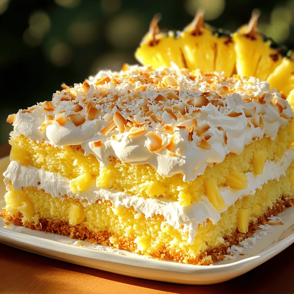 - 1 box yellow cake mix - 1 cup coconut milk (from a can) - 1 cup crushed pineapple (drained) - 3 large eggs - 1/2 cup shredded coconut (sweetened) - 1 cup whipped cream - 1/4 cup sweetened condensed milk - Toasted coconut flakes (for topping) - Fresh pineapple slices (for garnish) When I make Coconut Pineapple Poke Cake, I start with these simple ingredients. The yellow cake mix acts as a perfect base. The coconut milk adds a rich flavor, while the crushed pineapple brings sweetness. I use three large eggs to bind it all together, giving the cake its fluffy texture. After baking, I pour the whipped cream and sweetened condensed milk mixture over the warm cake. This makes the cake moist and adds a creamy layer. The shredded coconut on top adds a delightful chewiness. For finishing touches, I sprinkle toasted coconut flakes and fresh pineapple slices. You can switch up the cake mix if you want. A spice cake mix gives a nice twist. If you need dairy-free options, use almond or oat milk instead of coconut milk. You can also add more flavorings like vanilla extract or lime zest for a different taste. This cake is flexible and fun to customize! For the full recipe, check out the detailed steps to create this tropical delight. - Preheat the oven to 350°F (175°C). - Prepare a 9x13 inch baking dish by greasing it or lining it with parchment paper. - In a large bowl, mix the yellow cake mix, eggs, crushed pineapple, and coconut milk. - Stir gently until just combined. Do not overmix. - Pour the batter into the prepared dish and spread it evenly. - Bake for 25-30 minutes. Check for doneness by inserting a toothpick in the center. - Remove the cake from the oven and let it cool for about 10 minutes. - While the cake is warm, poke holes all over the surface with a wooden spoon handle. - In a small bowl, mix the sweetened condensed milk and whipped cream until smooth. - Pour the mixture evenly over the cake, letting it seep into the holes. - Sprinkle shredded coconut on top of the cake. - Allow the cake to cool completely at room temperature. - Refrigerate for at least 2 hours or overnight for the best flavor. - Before serving, top with toasted coconut flakes and fresh pineapple slices. You can find the full recipe for Coconut Pineapple Poke Cake above. Enjoy making this delightful treat! To bake a great Coconut Pineapple Poke Cake, keep a few things in mind. First, avoid overmixing your batter. Mix just until the ingredients blend. Overmixing can make the cake tough. Second, ensure the cake remains moist. Use coconut milk and crushed pineapple for extra moisture. When pouring the topping, do it slowly and evenly. This helps the topping seep into the holes. After poking the cake, let it cool for about 10 minutes. Allowing the cake to cool helps the flavors mix better. For the best taste, refrigerate the cake for at least two hours. Overnight chilling is even better. For the perfect slice, use a sharp knife. This helps keep the layers intact. Pair the cake with fresh fruit, like pineapple slices or berries. You can also add a dollop of whipped cream on top. This adds a nice touch. Serve it cold for a refreshing treat. Check the [Full Recipe] for more details. {{image_2}} You can change the flavor of your Coconut Pineapple Poke Cake easily. Swap out the crushed pineapple for other fruits. Mango works great, and so do berries. They add a fresh taste. You can also mix in nuts like pecans or walnuts. They give a nice crunch and extra flavor. Toppings can change the whole look and taste of your cake. You can use flavored whipped cream. Consider coconut whipped cream for a fun twist. You can also try using different types of coconut toppings. Toasted coconut flakes add a great texture. Or, sprinkle unsweetened coconut for a less sweet option. If you need gluten-free options, use a gluten-free cake mix. Most brands work well in this recipe. For a vegan cake, swap the eggs for flax eggs. Mix 1 tablespoon of ground flaxseed with 2.5 tablespoons of water for each egg. Use plant-based whipped cream instead of regular cream. These simple swaps make the cake fit many diets. For the complete recipe, check the Full Recipe. To keep your Coconut Pineapple Poke Cake fresh, store it in the fridge. Place the cake in an airtight container or cover it tightly with plastic wrap. This helps to keep the cake moist and prevents it from absorbing odors. Your cake will stay fresh for about 4 to 5 days in the fridge. If you want the best taste, try to eat it within the first few days. You can freeze Coconut Pineapple Poke Cake for later enjoyment. First, let the cake cool completely. Then, cut it into slices or keep it whole. Wrap the cake tightly in plastic wrap and then in aluminum foil. This keeps it fresh and prevents freezer burn. When you are ready to eat it, thaw the cake in the fridge overnight. For a quick thaw, you can leave it at room temperature for about 2 hours. Enjoy the delicious flavors even after freezing! How long does the cake keep in the fridge? The cake stays fresh in the fridge for about four days. Keep it covered to prevent drying out. Can I make this cake ahead of time? Yes, you can make this cake a day ahead. It tastes even better after chilling overnight. What's the best way to serve Coconut Pineapple Poke Cake? Serve it cold, topped with toasted coconut and fresh pineapple slices. It looks and tastes amazing this way! Why is my cake dry? A dry cake often comes from overbaking. Check it a few minutes before the time is up. What to do if the cake is too dense? If your cake is dense, you might have overmixed the batter. Mix just until combined to keep it light. Can I use fresh pineapple instead of canned? Yes, fresh pineapple works great! Just chop it small and make sure to drain the juice. What type of coconut milk is best for this recipe? Use full-fat coconut milk from a can. It gives your cake a rich and creamy taste. For the full recipe, check out the previous sections. This blog post covered how to make a tasty Coconut Pineapple Poke Cake. We shared the key ingredients, from yellow cake mix to whipped cream. I also included tips to mix, bake, and add your own flavors. You can store leftovers well and adapt the recipe for different diets. Feel free to explore variations and substitutions to suit your taste. Enjoy making your cake, and have fun experimenting! It's all about finding your favorite twist. Happy baking!