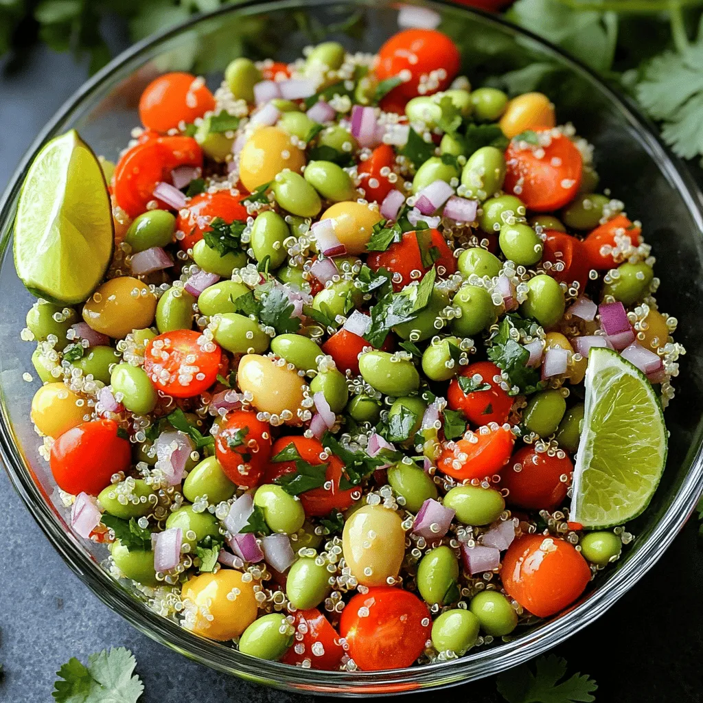 - 1 cup quinoa - 2 cups vegetable broth - 1 cup shelled edamame (fresh or frozen) - 1 red bell pepper, diced - 1 cup cherry tomatoes, halved - 1/4 cup red onion, finely chopped - 1/4 cup fresh cilantro, chopped - 2 tablespoons olive oil - 2 tablespoons lime juice - 1 teaspoon honey or maple syrup - 1 teaspoon cumin - Salt and pepper to taste For a fresh and tasty dish, these ingredients work perfectly together. First, quinoa serves as a great base. It brings a nutty flavor and is packed with protein. Next, edamame adds a nice crunch, plus it’s full of nutrients. The red bell pepper and cherry tomatoes bring color and sweetness. Red onion gives a slight bite, while cilantro adds a bright touch. For the dressing, olive oil and lime juice create a zesty blend. Honey or maple syrup gives a hint of sweetness, while cumin adds warmth. Salt and pepper balance all the flavors. You can find the complete recipe [Full Recipe] for easy reference. - Rinse quinoa under cold water. This step helps get rid of the bitter taste. - Combine quinoa and vegetable broth in a medium saucepan. The broth adds great flavor. - Bring to a boil over medium-high heat. Once boiling, reduce heat to low. - Cover and simmer for about 15 minutes. Check that the liquid is absorbed and the quinoa is fluffy. - If you use frozen edamame, cook until tender. This takes about 3-5 minutes. Then drain. - Dice the red bell pepper, halve the cherry tomatoes, and chop the red onion and cilantro. Fresh veggies add crunch and color. - In a large mixing bowl, mix the cooked quinoa and edamame with the diced vegetables. - In a small bowl, whisk together the olive oil, lime juice, honey or maple syrup, cumin, salt, and pepper. - Pour the dressing over the salad and toss gently. Make sure all ingredients are coated well. Let the salad rest for 15 minutes to allow the flavors to meld together. Enjoy the bright and fresh taste! For the exact steps, refer to the Full Recipe. Let your salad rest for 15 minutes. This helps the flavors blend well. You can adjust the seasonings to match your taste. If you like it zesty, add more lime juice. If you want it sweet, increase the honey. Taste as you go! Always rinse your quinoa before cooking. This step removes any bitterness. You want the quinoa to taste fresh and clean. For edamame, steaming it gives the best flavor. If using frozen, steam or boil it for just a few minutes. This keeps it tender yet firm. You can serve the salad chilled or at room temperature. It tastes great either way. For a nice presentation, garnish with fresh cilantro and lime wedges. This adds color and makes the dish look inviting. Enjoy your beautiful Quinoa Edamame Salad! For the full recipe, check out the details above. {{image_2}} You can make your Quinoa Edamame Salad heartier by adding proteins. Grilled chicken or shrimp pairs well with the fresh ingredients. This adds flavor and boosts nutrition. If you want a vegetarian option, try chickpeas or black beans. Both are great sources of protein and fiber. They also add a nice texture to your salad. The dressing can change your salad's flavor completely. I love trying a sesame dressing or a balsamic vinaigrette. Each one brings a unique taste. You can also experiment with different herbs and spices. Fresh basil, mint, or even a pinch of chili flakes can enhance the salad. Mix and match until you find your favorite combination. Take advantage of seasonal produce to keep your salad fresh. In summer, add zucchini or sweet corn for a crunchy twist. In fall, diced apples or pears can add a sweet touch. You can also incorporate fruits like mango or diced avocado. These fruits not only add flavor but also bring additional nutrients. Enjoying seasonal ingredients makes every bite exciting. For the full recipe, be sure to check out the complete guide for Quinoa Edamame Delight! To keep your Quinoa Edamame Salad fresh, store it in an airtight container. This method helps maintain the flavor and texture. Place it in the refrigerator right after serving. You want to eat it within 3-5 days for the best taste. Though this salad tastes best cold, you can reheat it if needed. When reheating, do so gently to avoid overcooking the quinoa. A quick warm-up in the microwave or on the stove will work. Just be careful not to heat it too long. Freezing this salad is not the best choice if you want to keep it fresh. The texture of the quinoa and veggies may change. If you still want to freeze it, you can. Just know it won't taste as good once thawed. Enjoy the fresh flavors right away instead! For a full recipe, check out the Quinoa Edamame Delight. Yes, it can be prepared a day in advance. Making it ahead helps the flavors blend well. Just store it in the fridge and serve it cold. This makes a great meal prep option for busy days. Yes, quinoa is naturally gluten-free. This makes it a perfect choice for those with gluten sensitivities. You can enjoy this salad without worries about gluten. You can substitute with green peas or diced cucumber for a different texture. Both options add a fresh crunch. Keep it vibrant by mixing in colorful veggies as well. Approximately 250 calories per serving, based on the ingredients used in the Full Recipe. This makes it a light yet nutritious choice. You can enjoy this salad while keeping an eye on your calorie intake. This blog post covers everything you need to make a delicious Quinoa Edamame Salad. We discussed the main ingredients, cooking steps, and tips for flavor. You can customize this salad with proteins and dressings, making it unique and tasty. Remember to store it right for the best flavor. Enjoy this nutritious dish, whether you serve it chilled or at room temperature. Creating this salad is easy, fun, and rewarding. It's packed with protein and flavors that everyone will love.