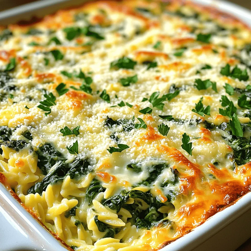 To make a tasty Creamy Spinach Orzo Bake, you need fresh and simple ingredients. Here’s what you will need: - 1 cup orzo pasta - 2 cups fresh spinach, chopped - 1 cup ricotta cheese - 1 cup mozzarella cheese, shredded - 1/2 cup grated Parmesan cheese - 1 clove garlic, minced - 1/2 teaspoon onion powder - 1/2 teaspoon dried Italian herbs (basil, oregano) - 2 cups vegetable broth - 1 tablespoon olive oil - Salt and pepper to taste - Fresh parsley, for garnish Using fresh spinach is best for flavor and texture. Fresh spinach wilts nicely when cooked. If you use frozen spinach, make sure to thaw and drain it well. This helps avoid extra water in your dish. When it comes to cheese, I recommend using whole milk ricotta for creaminess. Mozzarella adds a lovely stretch, while Parmesan gives a nice salty bite. You can mix and match your cheeses based on what you have. Just remember, the more cheese, the creamier it gets. You can find the full recipe in the earlier section. Enjoy your cooking! 1. Preheating the oven Start by preheating your oven to 375°F (190°C). This step ensures your bake cooks evenly. 2. Cooking the orzo In a medium pot, heat one tablespoon of olive oil over medium heat. Add one clove of minced garlic. Sauté for about one minute until it smells great. Then, add one cup of orzo pasta to the pot. Stir it for another minute. Pour in two cups of vegetable broth and bring it to a simmer. Cook for about ten minutes, stirring occasionally. The orzo should be al dente when done. 3. Combining ingredients Remove the pot from heat. Now, stir in two cups of chopped fresh spinach, one cup of ricotta cheese, and half of the shredded mozzarella cheese. Add half a teaspoon of onion powder, half a teaspoon of dried Italian herbs, and salt and pepper to taste. Mix until everything blends well and the spinach wilts slightly. 1. Transferring to a baking dish Grease a 2-quart baking dish and pour the orzo mixture into it. Make sure to spread it out evenly. 2. Cheese topping suggestions Sprinkle the rest of the mozzarella cheese and half a cup of grated Parmesan cheese on top of the mixture. This will give a nice cheesy crust. 3. Baking time and temperature Place the baking dish in the preheated oven. Bake for 20-25 minutes. You want the cheese to melt, bubble, and turn slightly golden. Enjoy the warm, creamy flavors of your Spinach Orzo Bake! For the full recipe, refer to the details above. To make your creamy spinach orzo bake the best it can be, focus on a few key tips. First, to ensure a creamy consistency, mix the ricotta and mozzarella well with the orzo. This will help the cheese melt evenly. If the mix seems too dry, add a splash of vegetable broth to keep it creamy. Next, avoid sogginess in the orzo. Cook the orzo just until it’s al dente before adding it to the bake. If you overcook it, it will turn mushy in the oven. Adjusting seasonings to taste is also important. Start with salt and pepper, but feel free to add more herbs if you want a bolder flavor. A pinch of crushed red pepper can add a nice kick too! When it comes to serving, pair your creamy spinach orzo bake with a crisp side salad. A simple green salad with lemon vinaigrette works well. You can also serve it with garlic bread for a comforting meal. For presentation, sprinkle fresh parsley on top for color. You can also add a few extra cheese shavings on top before serving. This will make it look even more inviting. Best practices for serving hot include letting the dish cool for a few minutes before dishing it out. This helps it set and makes it easier to serve. Enjoy your meal while it’s warm for the best taste! For the full recipe, check out the detailed instructions above. {{image_2}} You can easily customize your creamy spinach orzo bake. Here are some fun swaps: - Alternative vegetables: Try adding chopped bell peppers, mushrooms, or zucchini for extra flavor. - Different cheese combinations: Swap ricotta for cottage cheese or cream cheese. Use sharp cheddar or gouda instead of mozzarella for a new taste. - Gluten-free options for orzo: Look for gluten-free orzo made from rice or quinoa. These options work well for those with gluten sensitivities. Boost the flavor of your dish with these ideas: - Adding proteins: Toss in cooked chicken, shrimp, or even beans for a protein kick. This makes the dish heartier and more filling. - Spice variations: Experiment with spices like cumin for a touch of warmth or chili flakes for a bit of heat. This can change the dish’s vibe completely. - Adjusting herbs: Try fresh basil, cilantro, or dill if you want to change the herb profile. Fresh herbs add a nice pop of flavor. These variations let you put your own twist on this creamy spinach orzo bake. The full recipe is flexible, so feel free to get creative! After you enjoy your Creamy Spinach Orzo Bake, store leftovers properly. To refrigerate, place the dish in an airtight container. It will stay fresh for about 3 to 4 days. If you want to keep it longer, consider freezing it. Use a freezer-safe dish and cover it tightly. This way, it can last for up to 3 months. Just remember to label the container with the date. When it’s time to reheat, do it gently. The best method is to use the oven. Preheat it to 350°F (175°C). Transfer the orzo bake to a baking dish if it’s not already in one. Cover it with foil to keep the moisture in. Heat for about 20 to 25 minutes or until it’s warm and bubbly. To maintain creaminess, add a splash of vegetable broth or milk before reheating. This will help bring back the smooth texture. Stir gently to mix it in. You can also use the microwave, but do so in short bursts. Heat on medium power and stir often to avoid hot spots. This method can be quick but may not keep the creaminess as well as the oven. Can I make this dish ahead of time? Yes, you can prepare the dish ahead. Assemble it in the baking dish, then cover and chill. Bake it just before serving. This saves time and makes meals easy. What is the best way to reheat leftovers? To reheat, use an oven set to 350°F (175°C). Place the bake in a dish, cover it with foil, and warm for about 15-20 minutes. This keeps the dish creamy and delicious. How can I make it vegetarian-friendly? This dish is already vegetarian! Use vegetable broth and fresh spinach. You can add more veggies like bell peppers or mushrooms for extra flavor. Why is my orzo mushy? Mushy orzo often comes from overcooking. Be sure to follow the cooking time. You want it al dente, so it holds up well in the bake. How can I fix a dry bake? If your bake is dry, try adding a bit more vegetable broth or cheese. This will bring back the creaminess. You can mix it in before serving for best results. What to do if it’s too salty? Too salty? Add a splash of cream or milk to balance the salt. Mixing in more spinach can also help. Taste as you go to adjust the flavors. For the full recipe, check out the Creamy Spinach Orzo Bake! In this post, we covered key ingredients, cooking steps, and storage tips for a delicious orzo dish. You learned how to choose fresh ingredients, prepare and bake properly, and serve it well. Remember, small changes in ingredients can make a big difference in flavor. Following these steps ensures a creamy, enjoyable meal every time. Don't hesitate to experiment with flavors and ingredients for your twist. Enjoy your cooking journey!