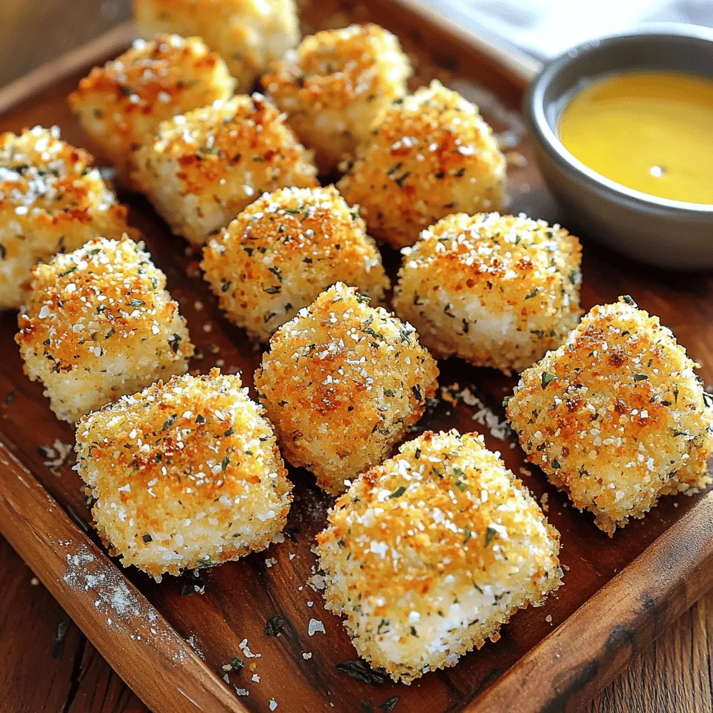 - 1 lb (450g) chicken breast, cut into bite-sized pieces - 1 cup breadcrumbs (panko for extra crunch) - ½ cup grated Parmesan cheese - 1 teaspoon garlic powder - 1 teaspoon onion powder - 1 teaspoon dried oregano - 1 teaspoon dried thyme - ½ teaspoon paprika - Salt and pepper to taste - 2 large eggs - ½ cup all-purpose flour - Olive oil spray When I make baked chicken nuggets, I focus on fresh, simple ingredients. The chicken breast is the star. Cut it into small pieces for even cooking. Panko breadcrumbs give the nuggets a fantastic crunch. You’ll want to use these for the best texture. The seasonings are key for flavor. I always add grated Parmesan cheese for a savory touch. Garlic and onion powders bring depth. Dried herbs like oregano and thyme add a lovely aroma. A pinch of paprika gives a mild kick. Don't forget to add salt and pepper. This mix gives the chicken an amazing taste. For binding, the eggs are crucial. They help the breadcrumbs stick to the chicken. I also use flour to coat the chicken before dipping. A light spray of olive oil at the end helps achieve that golden color. This recipe is all about balance and flavor. You can find the full recipe in the section above. - Preheat your oven to 400°F (200°C). - Line a baking sheet with parchment paper. - Combine breadcrumbs and seasonings in a bowl. - Arrange flour, beaten eggs, and breadcrumb mixture in shallow dishes. - Coat chicken in flour, then eggs, and finally the breadcrumb mix. - Place breaded nuggets on the baking sheet and spray with olive oil. - Bake for 15-20 minutes, flipping halfway for even cooking. - Ensure the nuggets are crispy and golden brown. To make this recipe even easier, check out the Full Recipe for all the details! To get that perfect crispy texture, I have a couple of tips. First, I use panko breadcrumbs. They give the nuggets a great crunch. Second, I lightly spray the nuggets with olive oil before baking. This helps them brown nicely. Want to kick up the flavor? Experiment with herbs and spices! You can add your favorites like Italian seasoning or garlic. If you like heat, sprinkle in some cayenne pepper. It adds a nice kick to your nuggets. When it’s time to serve, think about your favorite dipping sauces. Honey mustard, BBQ, and ranch are great choices. You can also pair the nuggets with a side of veggies or a fresh salad. This combo makes for a fun and tasty meal! For the full recipe, check out the Crispy Herb-Infused Baked Chicken Nuggets. {{image_2}} You can easily make baked chicken nuggets healthier. - Substitute chicken with turkey or tofu for a lighter option. - Use whole grain or gluten-free breadcrumbs to fit dietary needs. These swaps keep the taste great while adding health benefits. Want to spice things up? - Create buffalo-style nuggets by mixing in hot sauce. - Incorporate cheese into the breadcrumb mix for a cheesy crunch. These changes can add a fun twist to the classic recipe. Make these nuggets fun for kids! - Add sweet seasonings like cinnamon or brown sugar for a treat. - Shape the nuggets into fun forms, like stars or animals, for more appeal. These ideas can help make mealtime exciting for young eaters. You can find the full recipe above to try these variations! Store leftover nuggets in an airtight container in the fridge. They taste best within 3 days. This keeps the nuggets fresh and safe to eat. To freeze, place cooked nuggets in a single layer on a baking sheet. Once frozen, transfer them to a freezer bag. This helps to keep them from sticking together. When you want to eat them, reheating is key to keeping that fresh taste. For best results, bake the nuggets in the oven at 350°F (175°C) for 10-15 minutes. This method maintains their crunch. Avoid using the microwave; it can make them soggy. Enjoy your crispy baked chicken nuggets! For the full recipe, check the details above. To make baked chicken nuggets crispy, use panko breadcrumbs. They add great crunch. Also, spray a light coating of oil on the nuggets before baking. This helps them crisp up nicely in the oven. Yes, you can use chicken thighs. They have more fat, which gives more moisture and flavor. This can make your nuggets even tastier. If you prefer, you can mix both chicken types for balance. You can serve baked chicken nuggets with many sauces. Honey mustard is a sweet option. Ketchup is a classic favorite. Ranch dressing adds a creamy touch. Choose your favorite or mix them up for fun! You can create tasty baked chicken nuggets by following these simple steps. Use fresh ingredients, and don’t skip the spices for great flavor. The tips on storing and reheating help keep them yummy longer. Feel free to mix things up with different meats or spices. Remember, a good dip makes them even better. With this guide, you'll enjoy making a fun meal that everyone loves. Happy cooking!