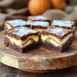 - 1 cup unsalted butter, melted - 2 cups granulated sugar - 4 large eggs - 1 teaspoon vanilla extract - 1 cup all-purpose flour - 1 cup unsweetened cocoa powder - 1 teaspoon baking powder - 1/2 teaspoon salt - 1 teaspoon pumpkin spice - 1 cup canned pumpkin puree - 8 oz cream cheese, softened - 1/2 cup powdered sugar - 1 teaspoon cinnamon - For gluten-free options, use almond flour or a gluten-free blend. - For vegan choices, substitute eggs with flax eggs and use dairy-free cream cheese. When I create Pumpkin Cream Cheese Swirl Brownies, I always choose quality ingredients. Each element plays a big role in the final taste. The unsalted butter adds richness. Granulated sugar gives sweetness and helps with texture. Eggs bind the mixture and add moisture. Vanilla extract brings warmth and depth. All-purpose flour and cocoa powder create the brownie base. Baking powder helps the brownies rise and become fluffy. Salt balances the sweetness and enhances flavor. Pumpkin spice adds that cozy fall taste, while pumpkin puree gives moisture and a rich color. Cream cheese, mixed with powdered sugar and cinnamon, creates a luscious swirl. This creamy layer makes each bite special and tasty. If you want to try something different, consider the optional ingredients. Gluten-free flour works well for those with dietary needs. Vegan substitutes are perfect for plant-based diets. You can easily make these brownies fit your preferences. For the full recipe, check out the details above. - Preheat the oven to 350°F (175°C) and prepare the baking pan. - In a large bowl, mix the melted butter and sugar until combined. - Add the eggs one at a time, mixing well after each. Then add the vanilla extract. - In a separate bowl, sift together the flour, cocoa powder, baking powder, salt, and pumpkin spice. Gradually fold the dry mix into the wet mix until just combined. - In another bowl, beat the cream cheese with powdered sugar and cinnamon until smooth. - Next, incorporate the pumpkin puree into the cream cheese mixture and mix until well blended. - Pour half of the brownie batter into the prepared baking pan and spread evenly. - Spoon dollops of the pumpkin cream cheese mixture over the brownie layer, then pour the remaining brownie batter on top. - Use a knife or toothpick to gently swirl the cream cheese filling through the brownie batter to create a marbled effect. - Bake in the preheated oven for 30-35 minutes. Check for doneness by inserting a toothpick in the center; it should come out mostly clean. For more details, refer to the Full Recipe. To get that perfect fudgy texture, use melted butter and mix well. This helps the brownies stay moist. If you want extra fudginess, don’t overbake them. Check for doneness by inserting a toothpick; it should come out with a few moist crumbs. Avoid overmixing the batter once you add the dry ingredients. Mix just until you see no flour. This keeps the brownies soft and chewy. These brownies taste great with a dollop of whipped cream or a scoop of ice cream. The creamy topping contrasts nicely with the rich brownies. For a fun display, dust them with powdered sugar. You can also stack them on a cake stand for a festive look. Sometimes brownies sink or overcook. If they sink, you may have added too much liquid or not baked them long enough. To fix this, make sure to measure ingredients accurately. If they overcook, check your oven’s temperature. Ovens can vary, so use an oven thermometer for accuracy. {{image_2}} You can make these brownies even better! Try adding chocolate chips or nuts to the batter. Chocolate chips add a rich taste, while nuts give a nice crunch. Other spices can enhance the flavor too. Consider using nutmeg or clove for a warm, cozy touch. Switch up the cream cheese flavor for a fun twist. Maple or vanilla cream cheese can add a whole new layer of taste. You can even swirl in caramel or peanut butter for extra yumminess. These alternatives keep things interesting and let you customize your brownies. If you need a gluten-free option, swap regular flour for a gluten-free blend. Many brands work well in this recipe. For dairy-free choices, you can replace the cream cheese with a dairy-free alternative. Also, use flax eggs instead of regular eggs for a vegan twist. These modifications make it easier for everyone to enjoy these tasty treats. To keep your Pumpkin Cream Cheese Swirl Brownies fresh, store them in an airtight container. This helps prevent them from drying out. You can line the container with parchment paper for easy removal. If you want them to stay extra moist, place a slice of bread in the container. The bread will help keep the brownies soft. If you live in a warm area, store the brownies in the fridge. The cool air helps them stay fresh longer. Just remember to let them come to room temperature before eating for the best taste! To freeze your brownies, first cut them into squares. Wrap each piece tightly in plastic wrap. Then, place the wrapped brownies in a freezer-safe bag. Make sure to remove any air before sealing. This method helps prevent freezer burn. When you’re ready to enjoy your brownies, take them out of the freezer. Let them thaw in the fridge overnight for the best results. If you're in a hurry, you can leave them out at room temperature for a few hours. They will taste just as good! At room temperature, these brownies last about three to four days. If you store them in the fridge, they can last up to a week. Always check for signs of spoilage. Look for changes in color or a strange smell. If they feel dry or hard, it’s best to toss them. Enjoy your brownies while they are fresh for the best flavor! How long do Pumpkin Cream Cheese Swirl Brownies last? These brownies stay fresh for about 3 to 5 days at room temperature. Keep them in an airtight container to maintain their moisture and flavor. Can I use fresh pumpkin instead of canned pumpkin puree? Yes, you can use fresh pumpkin. Just cook it until soft, then mash it until smooth. This adds a nice, fresh taste to your brownies. Is it necessary to use unsweetened cocoa powder? Using unsweetened cocoa powder is best. It helps balance the sweetness of the sugar and cream cheese. Sweetened cocoa can make your brownies too sweet. Can I double the recipe, and how would I adjust baking time? You can double the recipe easily. Use a larger pan, like a 12x18 inch. Check for doneness by adding about 5 to 10 minutes to the baking time. What can I substitute for cream cheese in this recipe? You can use Greek yogurt or silken tofu. Both will give you a creamy texture. They also add a slight tang, similar to cream cheese. What beverages pair well with Pumpkin Cream Cheese Swirl Brownies? These brownies go great with coffee or chai tea. The spices in these drinks match the pumpkin flavor perfectly. Hot chocolate is also a cozy option. Can these brownies be made a day in advance? Yes, making them a day early is a good idea. This helps the flavors blend nicely. Just store them properly to keep them fresh for serving. Making Pumpkin Cream Cheese Swirl Brownies is fun and rewarding. We covered the key ingredients, mixing steps, and baking tips to ensure success. Don’t forget the optional and dietary variations that suit your needs. Store and freeze them properly for longer enjoyment. With this guide, you can impress everyone with your delicious treats. Now it's time to bake and share your brownies with friends and family! Enjoy the process and savor every bite.