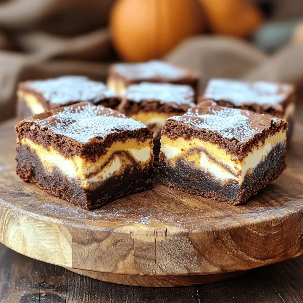 - 1 cup unsalted butter, melted - 2 cups granulated sugar - 4 large eggs - 1 teaspoon vanilla extract - 1 cup all-purpose flour - 1 cup unsweetened cocoa powder - 1 teaspoon baking powder - 1/2 teaspoon salt - 1 teaspoon pumpkin spice - 1 cup canned pumpkin puree - 8 oz cream cheese, softened - 1/2 cup powdered sugar - 1 teaspoon cinnamon - For gluten-free options, use almond flour or a gluten-free blend. - For vegan choices, substitute eggs with flax eggs and use dairy-free cream cheese. When I create Pumpkin Cream Cheese Swirl Brownies, I always choose quality ingredients. Each element plays a big role in the final taste. The unsalted butter adds richness. Granulated sugar gives sweetness and helps with texture. Eggs bind the mixture and add moisture. Vanilla extract brings warmth and depth. All-purpose flour and cocoa powder create the brownie base. Baking powder helps the brownies rise and become fluffy. Salt balances the sweetness and enhances flavor. Pumpkin spice adds that cozy fall taste, while pumpkin puree gives moisture and a rich color. Cream cheese, mixed with powdered sugar and cinnamon, creates a luscious swirl. This creamy layer makes each bite special and tasty. If you want to try something different, consider the optional ingredients. Gluten-free flour works well for those with dietary needs. Vegan substitutes are perfect for plant-based diets. You can easily make these brownies fit your preferences. For the full recipe, check out the details above. - Preheat the oven to 350°F (175°C) and prepare the baking pan. - In a large bowl, mix the melted butter and sugar until combined. - Add the eggs one at a time, mixing well after each. Then add the vanilla extract. - In a separate bowl, sift together the flour, cocoa powder, baking powder, salt, and pumpkin spice. Gradually fold the dry mix into the wet mix until just combined. - In another bowl, beat the cream cheese with powdered sugar and cinnamon until smooth. - Next, incorporate the pumpkin puree into the cream cheese mixture and mix until well blended. - Pour half of the brownie batter into the prepared baking pan and spread evenly. - Spoon dollops of the pumpkin cream cheese mixture over the brownie layer, then pour the remaining brownie batter on top. - Use a knife or toothpick to gently swirl the cream cheese filling through the brownie batter to create a marbled effect. - Bake in the preheated oven for 30-35 minutes. Check for doneness by inserting a toothpick in the center; it should come out mostly clean. For more details, refer to the Full Recipe. To get that perfect fudgy texture, use melted butter and mix well. This helps the brownies stay moist. If you want extra fudginess, don’t overbake them. Check for doneness by inserting a toothpick; it should come out with a few moist crumbs. Avoid overmixing the batter once you add the dry ingredients. Mix just until you see no flour. This keeps the brownies soft and chewy. These brownies taste great with a dollop of whipped cream or a scoop of ice cream. The creamy topping contrasts nicely with the rich brownies. For a fun display, dust them with powdered sugar. You can also stack them on a cake stand for a festive look. Sometimes brownies sink or overcook. If they sink, you may have added too much liquid or not baked them long enough. To fix this, make sure to measure ingredients accurately. If they overcook, check your oven’s temperature. Ovens can vary, so use an oven thermometer for accuracy. {{image_2}} You can make these brownies even better! Try adding chocolate chips or nuts to the batter. Chocolate chips add a rich taste, while nuts give a nice crunch. Other spices can enhance the flavor too. Consider using nutmeg or clove for a warm, cozy touch. Switch up the cream cheese flavor for a fun twist. Maple or vanilla cream cheese can add a whole new layer of taste. You can even swirl in caramel or peanut butter for extra yumminess. These alternatives keep things interesting and let you customize your brownies. If you need a gluten-free option, swap regular flour for a gluten-free blend. Many brands work well in this recipe. For dairy-free choices, you can replace the cream cheese with a dairy-free alternative. Also, use flax eggs instead of regular eggs for a vegan twist. These modifications make it easier for everyone to enjoy these tasty treats. To keep your Pumpkin Cream Cheese Swirl Brownies fresh, store them in an airtight container. This helps prevent them from drying out. You can line the container with parchment paper for easy removal. If you want them to stay extra moist, place a slice of bread in the container. The bread will help keep the brownies soft. If you live in a warm area, store the brownies in the fridge. The cool air helps them stay fresh longer. Just remember to let them come to room temperature before eating for the best taste! To freeze your brownies, first cut them into squares. Wrap each piece tightly in plastic wrap. Then, place the wrapped brownies in a freezer-safe bag. Make sure to remove any air before sealing. This method helps prevent freezer burn. When you’re ready to enjoy your brownies, take them out of the freezer. Let them thaw in the fridge overnight for the best results. If you're in a hurry, you can leave them out at room temperature for a few hours. They will taste just as good! At room temperature, these brownies last about three to four days. If you store them in the fridge, they can last up to a week. Always check for signs of spoilage. Look for changes in color or a strange smell. If they feel dry or hard, it’s best to toss them. Enjoy your brownies while they are fresh for the best flavor! How long do Pumpkin Cream Cheese Swirl Brownies last? These brownies stay fresh for about 3 to 5 days at room temperature. Keep them in an airtight container to maintain their moisture and flavor. Can I use fresh pumpkin instead of canned pumpkin puree? Yes, you can use fresh pumpkin. Just cook it until soft, then mash it until smooth. This adds a nice, fresh taste to your brownies. Is it necessary to use unsweetened cocoa powder? Using unsweetened cocoa powder is best. It helps balance the sweetness of the sugar and cream cheese. Sweetened cocoa can make your brownies too sweet. Can I double the recipe, and how would I adjust baking time? You can double the recipe easily. Use a larger pan, like a 12x18 inch. Check for doneness by adding about 5 to 10 minutes to the baking time. What can I substitute for cream cheese in this recipe? You can use Greek yogurt or silken tofu. Both will give you a creamy texture. They also add a slight tang, similar to cream cheese. What beverages pair well with Pumpkin Cream Cheese Swirl Brownies? These brownies go great with coffee or chai tea. The spices in these drinks match the pumpkin flavor perfectly. Hot chocolate is also a cozy option. Can these brownies be made a day in advance? Yes, making them a day early is a good idea. This helps the flavors blend nicely. Just store them properly to keep them fresh for serving. Making Pumpkin Cream Cheese Swirl Brownies is fun and rewarding. We covered the key ingredients, mixing steps, and baking tips to ensure success. Don’t forget the optional and dietary variations that suit your needs. Store and freeze them properly for longer enjoyment. With this guide, you can impress everyone with your delicious treats. Now it's time to bake and share your brownies with friends and family! Enjoy the process and savor every bite.