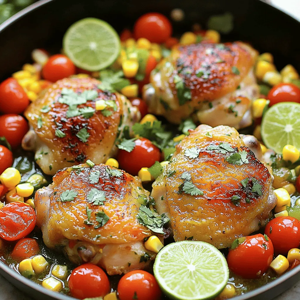 - 4 boneless, skinless chicken thighs - 2 tablespoons olive oil - 1 teaspoon garlic powder - 1 teaspoon onion powder - 1 teaspoon cumin - 1 teaspoon smoked paprika - Salt and pepper, to taste - 1 lime, juiced and zested - 1/4 cup chicken broth - 1 cup cherry tomatoes, halved - 1 cup corn kernels (fresh or frozen) - 1/2 cup red bell pepper, diced - 1/4 cup fresh cilantro, chopped - Optional: slices of lime for garnish - Skillet - Spatula - Meat thermometer - Measuring cups and spoons - Knife and cutting board I love to keep my ingredient list simple yet flavorful. The chicken thighs are key because they stay juicy and tender. Olive oil helps to sear them well, adding a rich taste. The garlic and onion powder give a nice base flavor. Cumin and smoked paprika bring warmth and depth to each bite. Fresh lime juice and zest add that bright, zesty kick we all crave. Chicken broth ties everything together, making a lovely sauce. Cherry tomatoes and corn bring sweetness and color. Red bell pepper adds crunch and freshness. And of course, cilantro gives a fresh herb finish that is just delightful. Gather these items before you start cooking! Trust me; it makes the process smoother and more fun. If you want to see the complete steps for cooking this dish, check out the Full Recipe. First, season the chicken thighs. Use garlic powder, onion powder, cumin, smoked paprika, salt, and pepper. Mix these spices well. This step adds great flavor. Next, heat the olive oil in a large skillet over medium heat. You want the oil hot but not smoking. This will help brown the chicken nicely. Now, add the seasoned chicken to the skillet. Brown the chicken for about 5-7 minutes on each side. You aim for a golden color. Use a meat thermometer to check the internal temperature. It should reach 165°F (75°C). This ensures the chicken is safe to eat. Once cooked, remove the chicken from the skillet. Place it on a plate and cover it with foil. This keeps it warm while you make the sauce. In the same skillet, add chicken broth, lime juice, and lime zest. Scrape any brown bits from the bottom of the skillet. These bits add flavor to your dish. Now, incorporate the cherry tomatoes, corn, and red bell pepper. Stir well and let the mixture cook for about 5 minutes. You want the veggies to be tender and warmed through. Finally, return the cooked chicken to the skillet. Nestle it among the vegetables for even heating. Let everything cook for an additional 2 minutes. This step melds all the flavors together. Once done, remove the skillet from heat. Sprinkle fresh cilantro on top before serving. This adds a bright touch to your meal. For the full recipe, check the main recipe section. To get juicy chicken, start with room temperature thighs. This helps them cook evenly. Use a meat thermometer to check for doneness. Your chicken should reach 165°F (75°C). For skillet temperature, heat your oil over medium heat. This avoids burning and helps the chicken brown nicely. You can add more flavor by using extra spices. Try chili powder for heat or smoked paprika for depth. Fresh herbs like oregano or thyme can also boost the taste. For garnishes, fresh cilantro adds a bright touch. Lime slices on top bring a fresh look and flavor. To create a pretty plate, use a large platter. Arrange the chicken and veggies in a colorful way. The cherry tomatoes and corn look great together. Garnish with lime slices and extra cilantro. This adds a pop of color and makes your meal inviting. Serve with rice or tortillas for a full meal. For the full recipe, check above! {{image_2}} You can easily swap the chicken for shrimp or tofu. Shrimp cooks fast and adds a sweet flavor. Tofu absorbs spices well and makes the dish plant-based. Just cut tofu into cubes and press it to remove water. Cook it until golden brown for a nice texture. Use seasonal vegetables to change the dish each time. Zucchini, bell peppers, or asparagus work great. You can also add greens like spinach or kale. They boost nutrition and add color. Just toss them in during the last few minutes of cooking. For a gluten-free option, check the broth label to ensure it’s gluten-free. You can also skip the broth and use water or more lime juice. If you want a low-carb meal, leave out the corn. Replace it with mushrooms or cauliflower rice for a tasty twist. This flexibility makes the cilantro lime chicken skillet a perfect meal for many diets. Check out the Full Recipe for more ideas. To store leftovers, let the dish cool first. Place it in an airtight container. This keeps the chicken and veggies fresh. In the fridge, it lasts about 3 to 4 days. Always check for any off smells or changes in color before eating. To freeze the dish, let it cool completely. Transfer the Cilantro Lime Chicken Skillet to a freezer-safe container. Label it with the date. It can stay good for up to 3 months. For reheating, thaw it in the fridge overnight. Then, heat it in a skillet over medium heat until warm. Leftovers can be fun! You can make tacos by adding the chicken to corn tortillas. Add some salsa, avocado, or cheese. You can also toss it into a salad for a quick meal. Another idea is to mix it with rice or quinoa for a filling lunch. Enjoy the flavors again in new ways! Yes, you can prep this dish ahead. Cook the chicken and veggies, then store them. Keep everything in an airtight container in the fridge for up to three days. When ready to eat, just reheat in a skillet or microwave until warm. This dish pairs well with many sides. Here are some great options: - Rice or quinoa for a filling base. - Tortillas for a fun wrap. - A fresh green salad for some crunch. - Black beans for added protein. Check the chicken's internal temperature. It should reach 165°F (75°C). Use a meat thermometer for accuracy. The chicken should not be pink inside, and the juices must run clear. Yes, you can make a veggie version. Use tofu or tempeh instead of chicken. Season them the same way and cook until golden. You can also add more veggies like zucchini or mushrooms for a heartier meal. You can use lime juice in place of fresh lime. However, fresh lime zest adds a burst of flavor. If using bottled juice, about two tablespoons should work. Adjust to your taste for the best results. For the full recipe, check out the Cilantro Lime Chicken Skillet. In this post, we explored how to make a Cilantro Lime Chicken Skillet. We covered the key ingredients, tools needed, and step-by-step instructions. You learned tips for great flavor and ways to modify the dish to fit your diet. Remember, cooking can be fun and creative. Use these ideas to make the dish your own. Enjoy your cooking and the tasty meals you'll create!