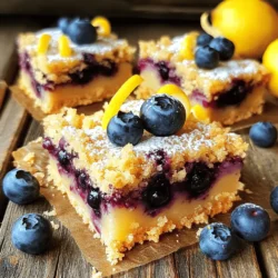 - 2 cups all-purpose flour - 1 cup old-fashioned rolled oats - 1 cup brown sugar, packed - 1/2 cup granulated sugar - 1/2 teaspoon baking soda - 1/4 teaspoon salt - 1 cup unsalted butter, melted - 2 cups fresh blueberries - Zest of 1 lemon - 1/4 cup fresh lemon juice - 1 tablespoon cornstarch - 1 teaspoon vanilla extract - 1 teaspoon baking powder To make these Lemon Blueberry Crumb Bars, you need simple ingredients. The flour and oats provide a nice base. Brown sugar adds a rich taste, while granulated sugar gives a sweet touch. Baking soda and salt help with the texture and flavor. Unsalted butter holds it all together and gives a great taste. Blueberries shine in this recipe. Fresh blueberries add flavor and color. The lemon zest and juice brighten the bars. They bring a refreshing zing that pairs well with the berries. Cornstarch helps to thicken the blueberry filling. Vanilla extract adds a hint of warmth, while baking powder ensures a nice rise. If you want a gluten-free option, you can use gluten-free flour. This keeps the texture similar. For a lower-sugar treat, use less sugar or a sugar substitute. Applesauce can replace some butter to reduce fat. You will need a 9x13 inch baking pan. A metal or glass pan works well. Mixing bowls are essential for combining your ingredients. Use measuring cups and spoons for accuracy. A spatula helps in mixing and spreading the batter evenly. 1. Preheat your oven to 350°F (175°C). This ensures even baking. 2. Prepare your baking pan by greasing a 9x13 inch pan. Line it with parchment paper. Leave some paper over the edges for easy lifting later. 3. Combine dry ingredients in a large bowl. Mix together 2 cups of flour, 1 cup of oats, 1 cup of brown sugar, 1/2 cup of granulated sugar, 1/2 teaspoon of baking soda, and 1/4 teaspoon of salt. 4. Add melted butter. Pour in 1 cup of melted unsalted butter. Stir until the mixture looks like wet sand. Reserve 1 cup for later. 1. Press the mixture firmly into the bottom of the prepared pan. This creates a solid base. 2. Bake for 15 minutes. This sets the base for the blueberry filling. Keep an eye on it to avoid over-baking. 1. Prepare the filling while the base bakes. In a medium bowl, mix 2 cups of fresh blueberries, the zest of 1 lemon, 1/4 cup of lemon juice, 1 tablespoon of cornstarch, 1 teaspoon of vanilla extract, and 1 teaspoon of baking powder. 2. Toss gently to coat the blueberries evenly. This helps every bite burst with flavor. 1. Layer the mixture. After removing the crust from the oven, spread the blueberry mixture evenly over it. 2. Sprinkle reserved crumbs on top of the blueberries. This adds a nice texture. 3. Bake for an additional 25-30 minutes. Look for a golden top and bubbling blueberries. 4. Cool completely in the pan on a wire rack. Once cool, lift out using the parchment paper and cut into squares. For the complete list of ingredients and detailed steps, check the Full Recipe. To get the right crumbly texture for your Lemon Blueberry Crumb Bars, you need to mix your dry ingredients well. When adding melted butter, mix until it resembles wet sand. This ensures a great base and crumb topping. A common mistake is overmixing the batter. This can make your bars tough. Always mix just until combined. Also, remember to press the crust firmly into the pan. This helps it hold its shape while baking. For a fun garnish, dust your bars with powdered sugar. Add a few fresh blueberries and a lemon twist on top. This not only looks great but adds a pop of flavor too. Pair your bars with a cold glass of lemonade or iced tea. The bright flavors complement each other perfectly. For a warm treat, serve them with a scoop of vanilla ice cream. You can prepare the crumb bars in advance. Bake them, let them cool, and cover them tightly. They stay fresh for a few days at room temperature. If you need to store them longer, freeze the bars. Cut them into squares and wrap each piece in plastic wrap. When you want to enjoy them, just thaw them in the fridge overnight. Reheat in the oven for a warm treat again. For the full recipe, check out the Lemon Blueberry Crumb Bars section above. {{image_2}} You can easily switch up the flavors in these bars. Try adding other fruits. Strawberries and raspberries work great. They add a nice twist and keep the bars juicy. You can also mix different berries for a fun blend. Adjusting sweetness is simple too. If you want to lower the sugar, use honey or maple syrup. These options add a unique flavor while keeping the bars tasty. You can also try coconut sugar for a more caramel-like taste. If you follow a vegan diet, you can still enjoy these bars. Swap the butter for coconut oil or plant-based butter. Use flaxseed mixed with water instead of eggs for binding. For nut-free or dairy-free diets, check your ingredients. Ensure the butter is dairy-free and that you’re using nut-free oats. This way, everyone can enjoy a slice without worry. To keep your Lemon Blueberry Crumb Bars fresh at room temperature, wrap them in plastic wrap. Place them in an airtight container. This way, they stay soft and tasty for about three days. If you want them to last longer, refrigeration is a good option. Just pop them in the fridge in the same airtight container. They will stay fresh for about a week this way. For long-term storage, freezing is the best choice. First, cut the bars into squares. Then, wrap each piece in plastic wrap. Place the wrapped bars in a freezer bag or container. This keeps them fresh for up to three months. When you want to enjoy a bar, take it out and thaw it in the fridge overnight. If you are in a hurry, leave it at room temperature for a couple of hours. To reheat, place the thawed bars in a warm oven at 350°F (175°C) for about 10 minutes. This will make them warm and crumbly again. Enjoy your treat fresh from the oven! For the full recipe, check earlier sections. To cut crumb bars well, let them cool completely in the pan. Use a sharp knife for clean edges. I like to run the knife under hot water, then dry it before slicing. This trick helps the knife glide through the bars. Aim for even, square pieces to show off the layers. Yes, you can use frozen blueberries! They save time and you can find them year-round. However, frozen berries may release more juice, making the bars a bit wetter. If you use frozen, let them thaw and drain excess juice. This way, your bars stay firm and tasty. Look for a golden brown top and bubbling blueberries. The edges should pull away slightly from the pan. You can also poke a toothpick into the crumb topping. If it comes out clean, your bars are done. Keep an eye on them; every oven is different. These bars last about 3 to 5 days at room temperature. Store them in an airtight container to keep them fresh. If you want to make them last longer, they freeze well for up to 3 months. Thaw them in the fridge overnight before serving. This blog post covered the essential steps to make Lemon Blueberry Crumb Bars. You learned about key ingredients and helpful substitutions. We discussed the process from preparation to baking. I shared expert tips for perfecting texture and avoiding common baking errors. You discovered creative ways to serve and store your bars. Enjoy baking these treats! They are not just tasty; they are fun to make. Share them with friends and family for a delightful experience. Happy baking!