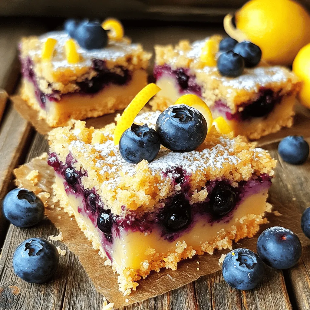 - 2 cups all-purpose flour - 1 cup old-fashioned rolled oats - 1 cup brown sugar, packed - 1/2 cup granulated sugar - 1/2 teaspoon baking soda - 1/4 teaspoon salt - 1 cup unsalted butter, melted - 2 cups fresh blueberries - Zest of 1 lemon - 1/4 cup fresh lemon juice - 1 tablespoon cornstarch - 1 teaspoon vanilla extract - 1 teaspoon baking powder To make these Lemon Blueberry Crumb Bars, you need simple ingredients. The flour and oats provide a nice base. Brown sugar adds a rich taste, while granulated sugar gives a sweet touch. Baking soda and salt help with the texture and flavor. Unsalted butter holds it all together and gives a great taste. Blueberries shine in this recipe. Fresh blueberries add flavor and color. The lemon zest and juice brighten the bars. They bring a refreshing zing that pairs well with the berries. Cornstarch helps to thicken the blueberry filling. Vanilla extract adds a hint of warmth, while baking powder ensures a nice rise. If you want a gluten-free option, you can use gluten-free flour. This keeps the texture similar. For a lower-sugar treat, use less sugar or a sugar substitute. Applesauce can replace some butter to reduce fat. You will need a 9x13 inch baking pan. A metal or glass pan works well. Mixing bowls are essential for combining your ingredients. Use measuring cups and spoons for accuracy. A spatula helps in mixing and spreading the batter evenly. 1. Preheat your oven to 350°F (175°C). This ensures even baking. 2. Prepare your baking pan by greasing a 9x13 inch pan. Line it with parchment paper. Leave some paper over the edges for easy lifting later. 3. Combine dry ingredients in a large bowl. Mix together 2 cups of flour, 1 cup of oats, 1 cup of brown sugar, 1/2 cup of granulated sugar, 1/2 teaspoon of baking soda, and 1/4 teaspoon of salt. 4. Add melted butter. Pour in 1 cup of melted unsalted butter. Stir until the mixture looks like wet sand. Reserve 1 cup for later. 1. Press the mixture firmly into the bottom of the prepared pan. This creates a solid base. 2. Bake for 15 minutes. This sets the base for the blueberry filling. Keep an eye on it to avoid over-baking. 1. Prepare the filling while the base bakes. In a medium bowl, mix 2 cups of fresh blueberries, the zest of 1 lemon, 1/4 cup of lemon juice, 1 tablespoon of cornstarch, 1 teaspoon of vanilla extract, and 1 teaspoon of baking powder. 2. Toss gently to coat the blueberries evenly. This helps every bite burst with flavor. 1. Layer the mixture. After removing the crust from the oven, spread the blueberry mixture evenly over it. 2. Sprinkle reserved crumbs on top of the blueberries. This adds a nice texture. 3. Bake for an additional 25-30 minutes. Look for a golden top and bubbling blueberries. 4. Cool completely in the pan on a wire rack. Once cool, lift out using the parchment paper and cut into squares. For the complete list of ingredients and detailed steps, check the Full Recipe. To get the right crumbly texture for your Lemon Blueberry Crumb Bars, you need to mix your dry ingredients well. When adding melted butter, mix until it resembles wet sand. This ensures a great base and crumb topping. A common mistake is overmixing the batter. This can make your bars tough. Always mix just until combined. Also, remember to press the crust firmly into the pan. This helps it hold its shape while baking. For a fun garnish, dust your bars with powdered sugar. Add a few fresh blueberries and a lemon twist on top. This not only looks great but adds a pop of flavor too. Pair your bars with a cold glass of lemonade or iced tea. The bright flavors complement each other perfectly. For a warm treat, serve them with a scoop of vanilla ice cream. You can prepare the crumb bars in advance. Bake them, let them cool, and cover them tightly. They stay fresh for a few days at room temperature. If you need to store them longer, freeze the bars. Cut them into squares and wrap each piece in plastic wrap. When you want to enjoy them, just thaw them in the fridge overnight. Reheat in the oven for a warm treat again. For the full recipe, check out the Lemon Blueberry Crumb Bars section above. {{image_2}} You can easily switch up the flavors in these bars. Try adding other fruits. Strawberries and raspberries work great. They add a nice twist and keep the bars juicy. You can also mix different berries for a fun blend. Adjusting sweetness is simple too. If you want to lower the sugar, use honey or maple syrup. These options add a unique flavor while keeping the bars tasty. You can also try coconut sugar for a more caramel-like taste. If you follow a vegan diet, you can still enjoy these bars. Swap the butter for coconut oil or plant-based butter. Use flaxseed mixed with water instead of eggs for binding. For nut-free or dairy-free diets, check your ingredients. Ensure the butter is dairy-free and that you’re using nut-free oats. This way, everyone can enjoy a slice without worry. To keep your Lemon Blueberry Crumb Bars fresh at room temperature, wrap them in plastic wrap. Place them in an airtight container. This way, they stay soft and tasty for about three days. If you want them to last longer, refrigeration is a good option. Just pop them in the fridge in the same airtight container. They will stay fresh for about a week this way. For long-term storage, freezing is the best choice. First, cut the bars into squares. Then, wrap each piece in plastic wrap. Place the wrapped bars in a freezer bag or container. This keeps them fresh for up to three months. When you want to enjoy a bar, take it out and thaw it in the fridge overnight. If you are in a hurry, leave it at room temperature for a couple of hours. To reheat, place the thawed bars in a warm oven at 350°F (175°C) for about 10 minutes. This will make them warm and crumbly again. Enjoy your treat fresh from the oven! For the full recipe, check earlier sections. To cut crumb bars well, let them cool completely in the pan. Use a sharp knife for clean edges. I like to run the knife under hot water, then dry it before slicing. This trick helps the knife glide through the bars. Aim for even, square pieces to show off the layers. Yes, you can use frozen blueberries! They save time and you can find them year-round. However, frozen berries may release more juice, making the bars a bit wetter. If you use frozen, let them thaw and drain excess juice. This way, your bars stay firm and tasty. Look for a golden brown top and bubbling blueberries. The edges should pull away slightly from the pan. You can also poke a toothpick into the crumb topping. If it comes out clean, your bars are done. Keep an eye on them; every oven is different. These bars last about 3 to 5 days at room temperature. Store them in an airtight container to keep them fresh. If you want to make them last longer, they freeze well for up to 3 months. Thaw them in the fridge overnight before serving. This blog post covered the essential steps to make Lemon Blueberry Crumb Bars. You learned about key ingredients and helpful substitutions. We discussed the process from preparation to baking. I shared expert tips for perfecting texture and avoiding common baking errors. You discovered creative ways to serve and store your bars. Enjoy baking these treats! They are not just tasty; they are fun to make. Share them with friends and family for a delightful experience. Happy baking!