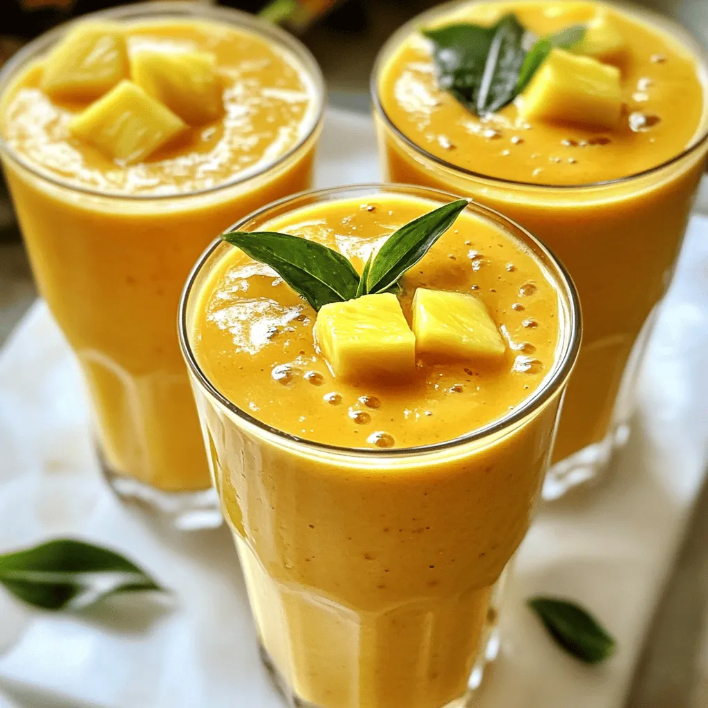 - 1 ripe mango, peeled and diced - 1 cup fresh pineapple chunks - 1 ripe banana - 1 cup coconut milk (or almond milk) - 1 tablespoon honey or maple syrup (adjust to taste) - 1/2 teaspoon vanilla extract - 1/2 cup ice cubes To make the perfect Mango Pineapple Smoothie, start with fresh, ripe fruit. A ripe mango gives a rich flavor. Dice it into small pieces to blend easily. Use fresh pineapple for that bright, tropical taste. A ripe banana adds natural sweetness and creaminess. Coconut milk creates a smooth texture and adds a hint of coconut flavor. You can also use almond milk for a lighter option. Sweeten the smoothie with honey or maple syrup. Adjust the sweetness based on your taste. A touch of vanilla extract enhances all the flavors. Finally, ice cubes chill the drink and make it refreshing. You can blend everything easily and enjoy a vibrant, fruity treat anytime. - Greek yogurt - Protein powder - Chia seeds If you want to boost nutrition, consider adding Greek yogurt for creaminess and protein. Protein powder can help if you're looking for an extra energy kick. Chia seeds add fiber and healthy fats. They also thicken the smoothie. These optional boosters make your drink even better. For the full recipe, you can refer to the detailed steps and instructions. To make your Mango Pineapple Smoothie, start with the fruit. For the mango, peel it and cut it into small cubes. Dice the pineapple into chunks, too. This makes blending easier. Use a sharp knife for safety and speed. For the banana, just peel it and slice it. When measuring ingredients, use a standard measuring cup. Fill it up to the top for the coconut milk. If you want it sweeter, add a tablespoon of honey or maple syrup. Always taste as you go! Now it’s time to blend! First, add the mango, pineapple, and banana into the blender. Next, pour in the coconut milk. Add the honey or syrup and the vanilla extract next. Finally, toss in the ice cubes. This keeps your smoothie cold and refreshing. For blending, set your blender to high speed. Blend until it’s smooth and creamy. If you notice chunks, stop and scrape the sides. Blend again if needed. Once blended, taste your smoothie. If it needs more sweetness, add a bit more honey or syrup. Blend for a few seconds to mix it in. Pour your smoothie into chilled glasses. This keeps it cool longer. I like to serve mine right away for the best taste. Enjoy your Mango Pineapple Smoothie! For the full recipe, check out the details above. To get a creamy texture, you need ripe fruit. Use a ripe mango and banana. They make your smoothie smooth and rich. Add coconut milk to keep it creamy. If your smoothie is too thick, add more milk slowly. To avoid a watery smoothie, use less ice. Too much ice can dilute the flavors. Make sure your fruit is frozen if you want a thicker drink. You can add new flavors to your smoothie easily. Try mixing in spinach or kale for a green twist. You can also add a splash of orange juice for a citrus boost. If you use fresh fruit, your smoothie will taste bright. Frozen fruit can add a thicker texture. Each option gives a unique flavor to your drink. Over-blending can make your smoothie too thin. Blend just until everything is mixed well. If you want to add protein, try Greek yogurt. You can also swap coconut milk for almond milk if you prefer. This makes your smoothie lighter. Always taste your smoothie before serving. Adjust sweetness as needed with honey or syrup. This simple check can improve your drink a lot. For the full recipe, check out the [Full Recipe]. {{image_2}} You can make this smoothie even better for you. Adding spinach or kale gives extra nutrients. These greens blend well and add a nice color. They also boost the vitamins without changing the sweet taste. If you want a dairy-free option, try using almond or oat milk instead of coconut milk. This swap gives a creamy feel without the dairy. Want to mix things up? You can add other tropical fruits. Try adding mango, papaya, or kiwi for more flavor. Each fruit changes the taste a bit. You can also play with citrus. A splash of lime or orange juice brightens the flavor. It gives your smoothie a fresh zing that wakes up your taste buds. Using seasonal fruits can make your smoothie special. In summer, use fresh berries or peaches. In winter, try using apples or pears. This keeps the smoothie fresh and fun year-round. You can also adjust the recipe based on the weather. For a cool drink in summer, add more ice. In colder months, you might want a thicker texture, so cut back on ice. For the full recipe, check out the Tropical Bliss Mango Pineapple Smoothie. Enjoy making your own delicious variations! To keep your leftover smoothie fresh, pour it into a clean container. Glass jars or BPA-free plastic containers work well. Seal the container tightly to keep air out. This helps your smoothie stay tasty and fresh for longer. Store it in the fridge. Enjoy it within 24 hours for the best flavor. You can freeze your smoothie if you have extra. Pour it into ice cube trays or freezer-safe bags. This method saves space and makes future smoothies easy. When you want to drink it, take it out and let it thaw in the fridge overnight. You can also pop it in the microwave for a few seconds. After thawing, blend it again for a smooth texture. Smoothies stay good in the fridge for about one day. After that, they may start to separate or lose flavor. If your smoothie smells sour or has a strange texture, it's best to toss it. Always trust your senses; if something seems off, don’t drink it. A Mango Pineapple Smoothie is not just tasty; it’s also healthy. Here’s a breakdown of its nutrients: - Calories: About 250 per serving. - Carbohydrates: Roughly 45 grams, mostly from fruits. - Fiber: Around 5 grams, great for digestion. - Protein: About 3 grams, depending on milk choice. - Fat: Roughly 7 grams, mainly from coconut milk. - Vitamins: High in vitamin C and A, boosting your immune system. This smoothie gives you energy and hydration, making it a great snack or breakfast option. Yes, you can make a Mango Pineapple Smoothie without a blender! Here are some methods: - Use a Food Processor: It can blend fruits well. Cut fruits small for easy blending. - Hand Mixer: If you have a hand mixer, it can work too. Just mash the fruits first. - Mason Jar Method: Place all ingredients in a jar. Use a stick blender. Shake and blend until smooth. These methods may take more time, but you’ll still enjoy a delicious smoothie. If you want to skip coconut milk, there are great substitutes: - Almond Milk: Light and nutty, a good choice. - Soy Milk: Creamy and rich in protein. - Oat Milk: Sweet and thick, perfect for smoothies. - Cow’s Milk: If you prefer dairy, it also works well. Choose what you like best, and your smoothie will still taste great! This article explored making a delicious mango pineapple smoothie. We discussed key ingredients, from ripe fruits to creamy milk. You learned step-by-step on preparing, blending, and serving. Tips for perfecting texture and flavor help you avoid common mistakes. We also shared variations, storage tips, and answers to common questions. Embrace creativity in making smoothies. Enjoy experimenting with flavors and ingredients. Each smoothie can be a unique, healthy treat for you!