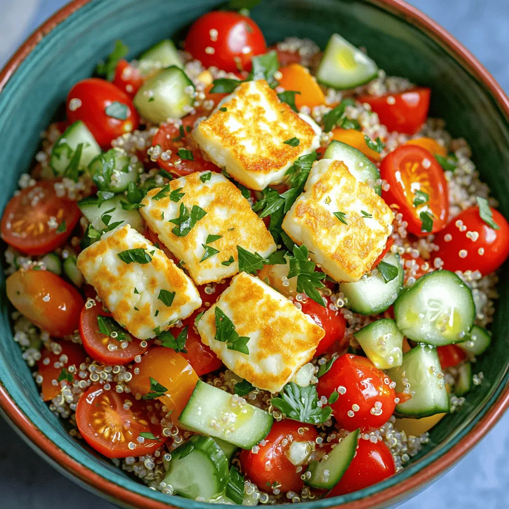 - 1 cup quinoa - 2 cups vegetable broth (or water) - 200g halloumi cheese, sliced into ½ inch rounds - 1 tablespoon olive oil - 1 cup cherry tomatoes, halved - 1 cucumber, diced - 1 red bell pepper, diced - ½ cup parsley, chopped - Juice of 1 lemon - Salt and pepper to taste - 2 tablespoons pumpkin seeds (optional) To make this crispy halloumi quinoa salad, you need fresh and tasty ingredients. Start with quinoa, which is high in protein and fiber. For flavor, use vegetable broth or water to cook the quinoa. Halloumi cheese is the star here, providing a lovely crispy texture. I recommend slicing it into ½ inch rounds for even cooking. Next, gather your vegetables. Cherry tomatoes add sweetness, while cucumber and red bell pepper bring crunch. Fresh parsley adds a nice herbal note. The lemon juice gives a bright kick to the salad. Season with salt and pepper to make everything pop. If you want some extra crunch, add pumpkin seeds. This dish is easy to make using these ingredients. For the full recipe, check out the cooking instructions. Enjoy the mix of flavors and textures! - First, boil the vegetable broth in a medium pot. - Then, add the rinsed quinoa and reduce the heat. Simmer it for about 15 minutes. The quinoa will be fluffy when ready. - Heat olive oil in a skillet on medium-high heat. - Add the halloumi slices. Cook them for 2–3 minutes per side until they turn golden brown. Remove them from the skillet and keep them warm. - In a large mixing bowl, combine the cooked quinoa, cherry tomatoes, cucumber, red bell pepper, and parsley. - Squeeze fresh lemon juice over the salad and season it with salt and pepper to taste. Toss everything gently to mix. - Finally, top the quinoa salad with the crispy halloumi slices. If you like, add pumpkin seeds for extra crunch. You can find the full recipe [here](#). To make crispy halloumi, cut the cheese into even slices. This helps it cook evenly. Heat your skillet to medium-high heat. A hot pan is key for that perfect crisp. Use olive oil for cooking. It has a nice flavor and high smoke point, making it ideal. To boost the taste, try adding garlic powder or smoked paprika. These spices add depth. Fresh herbs like basil or dill can brighten the dish. Feel free to experiment with different herbs and spices to find your favorite mix. Common mistakes include not rinsing the quinoa or cooking it at too high heat. Always rinse quinoa to remove bitterness. For fluffy quinoa, use a two to one ratio of liquid to quinoa. Cook on low heat and let it rest after cooking. This helps it become light and fluffy. For the complete recipe, check out the Full Recipe section. {{image_2}} You can boost this salad with proteins for more nutrition. Grilled chicken works well. Just slice it thin and add it on top. Chickpeas are another great option. They add texture and are packed with protein. If you want to switch the cheese, try feta or goat cheese. Both add a creamy taste that pairs nicely with the salad. Feel free to switch up the veggies based on what's in season. Try roasted sweet potatoes or zucchini for a warm touch. You could also add avocados for creaminess. If you want extra crunch, consider radishes or bell peppers. These add a nice snap to the salad. The right dressing can make a huge difference. A simple lemon vinaigrette adds brightness. Mix olive oil, lemon juice, salt, and pepper for a quick dressing. You can also try tahini or yogurt-based dressings. They add a creamy texture that complements the salad well. Explore different flavors to find what you love the most. For more ideas, check the Full Recipe. To store your crispy halloumi quinoa salad, place it in an airtight container. This keeps it fresh and prevents any strong odors from the fridge. You can store the salad for up to three days. If you want to keep the halloumi crispy, store it separately from the salad. When you’re ready to eat, just mix the two again for the best texture. Can it be frozen? No, it’s not the best option. Freezing can change the texture of the quinoa and the halloumi. If you must freeze it, do not freeze the halloumi. Freeze the quinoa salad without it. When you thaw, the salad may become mushy, so it is better to enjoy it fresh. The best way to reheat halloumi is in a skillet. Heat it over medium heat for a few minutes until warm. This keeps the crispy texture. For the salad, avoid reheating it. Instead, enjoy it cold or at room temperature. If you want, add fresh toppings or a squeeze of lemon to refresh the flavors. The best way to cook halloumi is to fry it. Start with a non-stick skillet. Heat the skillet over medium-high heat and add olive oil. Once the oil is hot, add the halloumi slices. Cook for about 2 to 3 minutes on each side. You want the cheese to turn golden brown and crispy. This method gives the perfect texture. Avoid overcrowding the pan to ensure even cooking. Yes, you can make this salad ahead of time. Prepare the quinoa and let it cool. You can also chop the veggies in advance. Just keep them stored in the fridge. However, I recommend adding the halloumi just before serving. This keeps it crispy. If you want to chill the salad, do it for about 30 minutes before serving. This makes it refreshing and delicious. Yes, quinoa salad is very healthy. Quinoa is a great source of protein and fiber. It contains essential amino acids. The veggies add vitamins and minerals. Halloumi gives protein and adds flavor. This salad is low in calories and filling. You can feel good about eating it. Enjoy the tasty and nutritious mix in this dish. For the full recipe, click here. This blog post covers a delicious quinoa salad with halloumi. We discussed key ingredients, step-by-step cooking guides, and tips for great flavor. You learned how to store, freeze, and reheat leftovers, ensuring no food goes to waste. In the end, this salad is not just tasty; it's also healthy. You can tweak it to fit your taste, so enjoy experimenting! I hope you try this dish soon.