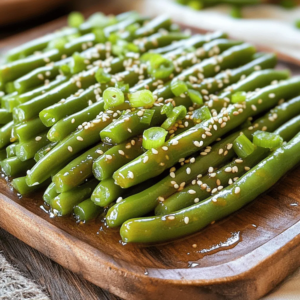 To make honey garlic green beans, you need simple and fresh ingredients. Here’s what you will need: - Fresh green beans - Honey - Garlic - Soy sauce - Sesame oil - Rice vinegar - Fresh ginger - Garnishes: sesame seeds, green onions Each ingredient plays a key role in building flavor. The fresh green beans offer a crisp bite. Honey adds a sweet touch, while garlic brings depth. Soy sauce provides a savory base, and sesame oil adds nuttiness. Rice vinegar gives a hint of tang. Fresh ginger enhances the dish with warmth. Finally, sesame seeds and green onions make your dish look beautiful and add extra flavor. These ingredients come together in a delightful way. You can find the full recipe to guide you through the cooking process. Enjoy cooking! Blanching the green beans is the first step. Start by bringing a large pot of salted water to a boil. Once boiling, add the green beans. Cook them for about 3-4 minutes. They should look bright green and be tender-crisp. After blanching, you need to cool them quickly. This is where the ice bath method comes in. Prepare a bowl of ice water. Drain the green beans and transfer them to the ice bath. This stops the cooking process and keeps them crisp. Now, let's make the honey garlic sauce. In a small bowl, whisk together these ingredients: honey, minced garlic, soy sauce, sesame oil, rice vinegar, and grated ginger. Mixing these flavors together is important. This blend creates a sweet and savory taste that complements the green beans. Next, we move to sautéing the green beans. In a large skillet over medium heat, add a teaspoon of sesame oil. Once hot, toss in the blanched green beans. Stir-fry them for 2-3 minutes until they are warmed through. Now, it's time to add the sauce. Pour the honey garlic sauce over the sautéed green beans. Toss to coat them evenly. Cook for an additional 2-3 minutes. You want the sauce to bubble and thicken slightly. The green beans should now be ready to serve. Season with salt and pepper to taste. Transfer the green beans to a serving plate. Garnish with sesame seeds and sliced green onions for that extra flair. For the full recipe, make sure to check the notes! For a deeper taste, try adjusting the ingredients. Adding a splash of lime juice can brighten the dish. You can also mix in some crushed red pepper for heat. Fresh ingredients often taste better than dried ones. Fresh garlic gives a stronger flavor than dried garlic. If you use dried, use a smaller amount. The best way to fry these green beans is in a large skillet. Use medium heat to prevent burning. If you want a bit of char, crank the heat up for a few minutes. Just watch closely! Stir often to keep them from sticking. This helps them cook evenly and gives great texture. When serving your honey garlic green beans, arrange them in a nice pile on a plate. You can use a large white plate to make the green stand out. For a pop of color, sprinkle the top with sesame seeds. Thinly sliced green onions add a nice contrast and freshness. These simple touches make your dish look beautiful and inviting. For the full recipe, check out the detailed steps above. {{image_2}} You can easily adjust this recipe to meet different dietary needs. For vegan options, simply swap out honey for maple syrup. This change still gives you that sweet flavor you want. You can also use tamari instead of soy sauce for a gluten-free version. Tamari has a similar taste but is made without wheat. If you want to change the flavor, try using maple syrup instead of honey. This gives a different sweetness and works well. You might also think about adding proteins to your dish. Chicken or shrimp can make this side a full meal. Just cook the protein first, then add the green beans and sauce. For the full recipe, check out the link. To keep your honey garlic green beans fresh, store them in the fridge. Place them in an airtight container. Make sure to cool the beans to room temperature first. This helps keep their crunch. Use glass or BPA-free plastic containers. They work best for storing food. To reheat, you have a few good options. The microwave is quick and easy. Just place the beans in a microwave-safe dish and heat for 30 seconds. Stir and heat again if needed. Using a skillet is another great method. Heat a little oil in the pan and add the green beans. Stir them often until they are warm. This helps keep the flavors strong and the texture nice. For best results, avoid overheating. You want to warm them, not cook them again. Enjoy your tasty leftovers! If you want the full recipe, check out the full recipe mentioned earlier. To make honey garlic green beans, follow these simple steps. First, blanch one pound of fresh green beans in boiling water for 3-4 minutes. This makes them bright and crisp. Drain the beans and place them in an ice bath. This stops the cooking and keeps them green. Next, mix the sauce. In a bowl, whisk together 3 tablespoons of honey, 3 minced garlic cloves, 2 tablespoons of soy sauce, 2 tablespoons of sesame oil, 1 tablespoon of rice vinegar, and 1 teaspoon of fresh ginger. This sauce adds sweet and savory flavors. Then, heat a skillet with a teaspoon of sesame oil over medium heat. Add the blanched green beans and stir-fry for 2-3 minutes. Now, pour the sauce over the beans and toss to coat. Cook for another 2-3 minutes until the sauce thickens. Season with salt and pepper. Finally, garnish the dish with sesame seeds and sliced green onions. Check out the Full Recipe for detailed steps. Yes, you can make honey garlic green beans ahead of time. To do this, prepare the beans and sauce as described. Then, store the cooked beans in an airtight container in the fridge for up to three days. When you are ready to eat, reheat the beans in a skillet. Add a splash of water or extra sauce to keep them moist. This method helps keep the flavors fresh. Honey garlic green beans pair well with many dishes. They are great alongside grilled chicken or salmon. You can also serve them with rice or quinoa for a complete meal. For a tasty vegetarian option, try them with tofu or chickpeas. The sweet and savory taste of the beans complements these proteins nicely. Consider adding a fresh salad for a balanced plate. In this blog post, we explored how to make honey garlic green beans. We covered the key ingredients, step-by-step instructions, and helpful tips. You learned about storage and flavor variations. This dish is simple, delicious, and adaptable to many diets. With the right techniques, you can enjoy perfect green beans every time. Experiment with different ingredients to find your favorite twist. Now, it’s time to cook and impress your friends and family!