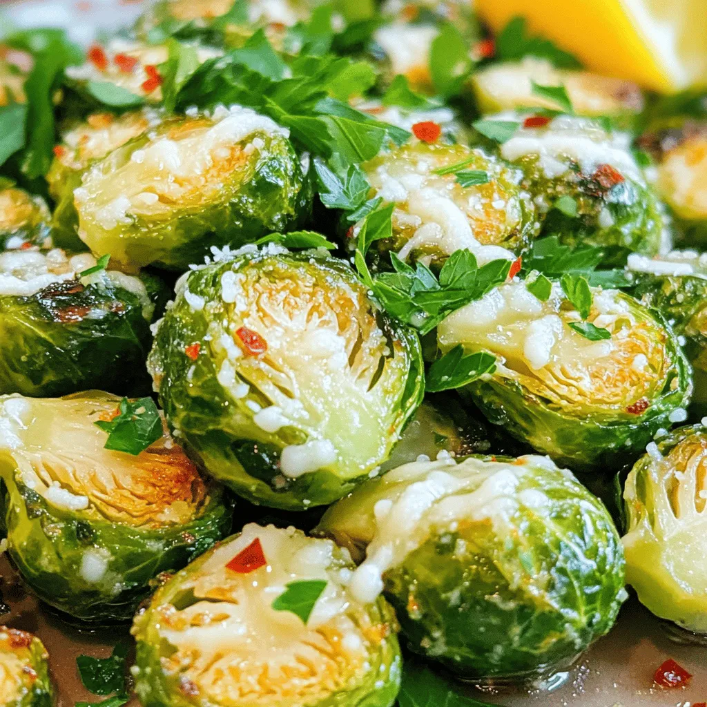 - Brussels sprouts - Olive oil - Garlic - Seasonings (salt, pepper, red pepper flakes) - Parmesan cheese - Fresh lemon juice - Fresh parsley To make Garlic Parmesan Roasted Brussels Sprouts, gather your ingredients. Start with 1 pound of Brussels sprouts. Trim them and cut them in half. Next, you need 3 tablespoons of olive oil. This oil helps the sprouts get crispy and adds flavor. For the flavor boost, grab 4 cloves of garlic. Mince them finely. You’ll also need seasonings: 1 teaspoon of salt and ½ teaspoon of black pepper. If you like some heat, add ½ teaspoon of red pepper flakes. Now, let’s not forget the star of the dish: ½ cup of grated Parmesan cheese. This cheese melts and creates a tasty crust. You’ll also use fresh lemon juice to drizzle over the sprouts. It adds a bright flavor. Finally, chop some fresh parsley for garnish. It makes the dish look nice and adds a fresh taste. This simple list of ingredients makes a delicious dish. For the full recipe, check the details in the recipe section. Enjoy your cooking adventure! Start by preheating your oven to 400°F (200°C). This temperature helps the Brussels sprouts cook evenly and become crisp. A hot oven ensures they roast, not steam. Trim the ends of each Brussels sprout. Cut them in half to allow for better cooking. Place the halved sprouts in a large bowl. Add 3 tablespoons of olive oil, 4 cloves of minced garlic, 1 teaspoon of salt, and ½ teaspoon of black pepper. If you like a bit of heat, add 1 teaspoon of red pepper flakes. Mix well so the sprouts are coated evenly. Spread the Brussels sprouts on a baking sheet. Make sure to place them cut side down, allowing them to caramelize. Give them space; avoid overcrowding. Roast in the preheated oven for 20 to 25 minutes. You’ll know they are done when they are golden brown and crispy around the edges. Once roasted, take out the baking sheet. Sprinkle ½ cup of grated Parmesan cheese over the hot sprouts. Return the baking sheet to the oven for another 5 minutes. This step melts the cheese and adds flavor. When the cheese bubbles, it’s ready. Finally, drizzle fresh lemon juice over the sprouts and garnish with chopped parsley before serving. For the full recipe, check the recipe section. To get that perfect crunch, roast the Brussels sprouts cut side down. This helps them brown nicely. Make sure they have space on the baking sheet. If they are too close, they will steam instead of roast. Aim for a golden color on the edges. That’s the sign of crispiness. While garlic and Parmesan taste great, you can add more spices. Try a pinch of smoked paprika for a smoky flavor. You can also use Italian seasoning for a herby touch. Adding lemon juice is key. Drizzle it right before serving. This brightens the dish and makes the flavors pop. Garnishing adds a nice touch. Chop fresh parsley and sprinkle it over the sprouts. This adds color and freshness. When plating, arrange the sprouts in a circle. This makes for a lovely presentation. For extra flair, serve with lemon wedges on the side. It brings a fun and inviting look to your table. {{image_2}} To make a vegan version of Garlic Parmesan Roasted Brussels Sprouts, swap out the Parmesan cheese. You can use nutritional yeast for a cheesy flavor. It adds a nice, nutty taste without any dairy. For the oil, choose avocado oil or melted coconut oil. Both work well and keep the dish tasty. If you want to change the flavor, try different cheeses. Vegan cheese can work too, giving a creamy touch. You can also add more herbs or spices to make it unique. Think about using thyme, rosemary, or even smoked paprika. These additions can elevate the dish and surprise your guests. These roasted Brussels sprouts pair well with many main dishes. They complement chicken, fish, or even a hearty grain salad. You can also serve them as a side with pasta or quinoa. They add color and flavor to any meal. For a fun twist, mix them into a salad with fresh greens. The crispy sprouts will add great texture and taste. For the full recipe, check out the detailed cooking instructions provided above. To store leftovers, let the Brussels sprouts cool first. Place them in an airtight container. This keeps them fresh for up to three days. Always check for any signs of spoilage before eating. If you notice any off smells or colors, it's best to throw them out. Reheat Brussels sprouts in the oven for best results. Preheat your oven to 350°F (175°C). Spread the leftovers on a baking sheet. Heat for about 10-15 minutes until warm. You can also use a microwave, but this may make them soggy. If you want to freeze Brussels sprouts, first, cook them completely. Allow them to cool, then pack them in a freezer bag. Squeeze out as much air as possible. They can last for up to three months. When ready to eat, thaw them in the fridge overnight. Reheat them in the oven or stovetop for the best taste. Check the [Full Recipe] for more details on preparing these delicious sprouts! Roasting Brussels sprouts takes about 20 to 25 minutes. You want them golden brown and crispy. Check them at the 20-minute mark. If they look good, they are ready. Yes, you can use frozen Brussels sprouts. Just remember they might be softer. Thaw them first and pat them dry. This helps get rid of extra moisture. If you want a crispier bite, fresh sprouts work best. If you need a substitute for Parmesan cheese, try nutritional yeast. It adds a cheesy flavor and is dairy-free. You can also use vegan Parmesan. For a lower-fat option, try a light cheese or omit it. Each choice gives a unique taste to your dish. For the full recipe, check out the details above! This guide covers everything you need to know about roasting Brussels sprouts. We discussed the right ingredients, from olive oil to fresh parsley. I gave you clear steps to ensure perfect roasting and key tips for flavor. Remember, you can customize with variations and serve these tasty sprouts in many ways. Properly storing and reheating leftovers helps keep your dish fresh. Enjoy your tasty, healthy Brussels sprouts, and don’t be afraid to experiment with flavors!