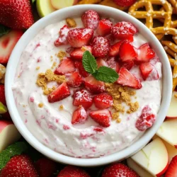 To make the best Strawberry Cheesecake Dip, you need simple and fresh ingredients. Here’s what you will need: - 8 oz cream cheese, softened - 1/2 cup powdered sugar - 1 tsp vanilla extract - 1/2 cup whipped cream - 1 cup strawberries, finely chopped (plus extra for topping) - 1/4 cup graham cracker crumbs (plus extra for garnish) - Fresh mint leaves for garnish (optional) These ingredients blend together to create a smooth and creamy dip. The cream cheese gives it richness, while the strawberries add a sweet and fruity taste. Make sure your cream cheese is soft. This helps it mix well with the sugar and whipped cream. Fresh strawberries are best for flavor; they make the dip vibrant and tasty. You can use more strawberries for a pretty topping. The graham cracker crumbs add a nice crunch. They help bring that classic cheesecake flavor. If you want extra freshness, the mint leaves make a great garnish. This list of ingredients sets you up for a fun and easy treat. You can find the full recipe in the article to guide you through the steps. Enjoy preparing this delightful dip! - Beat the cream cheese until creamy. - Gradually mix in the powdered sugar. - Stir in the vanilla extract. To start, I use a mixing bowl and add the softened cream cheese. I beat it until it is nice and creamy. This step is key for a smooth dip. Next, I slowly add the powdered sugar. I mix it until it blends well into the cream cheese. This keeps the dip sweet but not too sweet. Finally, I stir in the vanilla extract. It adds a nice flavor that makes the dip taste like cheesecake. - Fold in whipped cream until fluffy. - Incorporate chopped strawberries and graham cracker crumbs. Now comes the fun part! I take some whipped cream and gently fold it into the mixture. This makes the dip light and airy. I am careful not to overmix it. Then, I add the finely chopped strawberries and graham cracker crumbs. I fold these in gently, too, to keep the dip fluffy. The strawberries add sweetness, and the crumbs give it that cheesecake crust flavor. - Transfer dip to a serving bowl. - Garnish with extra strawberries and graham cracker crumbs. Once everything is mixed, I transfer the dip to a nice serving bowl. I smooth out the top to make it look pretty. For the final touch, I garnish it with extra chopped strawberries and a sprinkle of graham cracker crumbs. This makes it look delicious and inviting. You can find the full recipe with all the steps in the article. Using room temperature cream cheese is key. Cold cream cheese can make your dip lumpy. Let it sit out for about 30 minutes before mixing. This helps blend smoothly with the other ingredients. When you fold in the whipped cream, do it gently. This keeps the dip light and airy. Use a spatula and fold from the bottom up. Avoid stirring too hard or fast. Garnish your dip for a lovely look. Adding extra chopped strawberries on top makes it pop. A sprinkle of graham cracker crumbs adds a nice crunch. Fresh mint leaves can brighten the dish and add color. Serve with a variety of dippers. Pretzels give a salty contrast. Graham crackers add sweetness. Sliced apples offer a crunch and freshness. You can also add more strawberries for a fruity touch. Be careful not to overmix your ingredients. Overmixing can make the dip dense and heavy. Mix just until everything is combined for the best texture. Watch the ratio of strawberries to dip. Too many strawberries can make it watery. Aim for a balance to keep the dip creamy. This will ensure every bite is delicious and smooth. {{image_2}} You can make this dip even more fun! Try adding chocolate chips or colorful sprinkles. Both add a nice crunch and sweetness. If you want to switch up the fruit, use raspberries or blueberries instead of strawberries. These berries mix well and add vibrant colors. Want to make it gluten-free? Just use gluten-free graham crackers. They taste just as good! If you're going vegan, swap the cream cheese for a plant-based cream cheese. You can also use coconut whipped cream instead of regular whipped cream. These changes keep the dip tasty and friendly for all diets. Seasonal fruits can change the whole flavor. Use peaches in summer for a juicy twist. In the fall, try adding pumpkin spice for warmth. For special holidays, add lemon zest for a bright, fresh taste. These variations keep the dip exciting all year long. For the full recipe, check out the main article. To store leftover dip, place it in an airtight container. Make sure the lid seals well to keep out air. You can also cover the dip tightly with plastic wrap. This helps keep it fresh and tasty. Use glass or plastic containers for storage. Glass containers let you see the dip inside. Plastic ones are lightweight and easy to handle. The dip lasts about 3 to 5 days in the refrigerator. Keep an eye on it during this time. If you see any change in color or smell, it’s time to toss it. Signs that the dip has gone bad include a sour smell, watery texture, or mold. Always trust your senses! You can serve this dip cold, so reheating is not needed. If you want to warm it, use a microwave. Heat it in short bursts, stirring in between. This helps keep the texture smooth. Avoid reheating if you have added strawberries. They can become mushy and lose their fresh taste. Enjoy your dip fresh for the best flavor! You can serve many tasty dippers with Strawberry Cheesecake Dip. Here are some popular choices: - Graham crackers - Pretzels - Sliced apples - Fresh strawberries - Vanilla wafers - Biscotti These dippers add crunch and sweetness. They also enhance the creamy, fruity flavor of the dip. Arrange them nicely around the dip for a beautiful presentation. Yes, you can prepare Strawberry Cheesecake Dip in advance. Just keep a few tips in mind: - Make the dip and store it in the fridge. - Cover it tightly with plastic wrap. - Serve it within two days for the best taste. Chilling the dip helps the flavors meld together. This makes it even more delicious! Absolutely! Strawberry Cheesecake Dip is great for kids. It is sweet and creamy, making it appealing to young taste buds. Here’s why it is safe and fun: - The ingredients are common and easy to find. - Kids can help with dippers and toppings. - It’s a fun way to enjoy fruit. This dip makes a great snack or dessert for parties and gatherings. Kids love to dip and explore different flavors! This blog post shared how to make a tasty Strawberry Cheesecake Dip. You learned the ingredients needed, step-by-step instructions, and helpful tips. Variations, storage info, and FAQs also guide you for the best results. Enjoy making this easy treat for parties or snacks. Experiment with flavors and toppings to make it your own. Remember, the key is to have fun while you create!