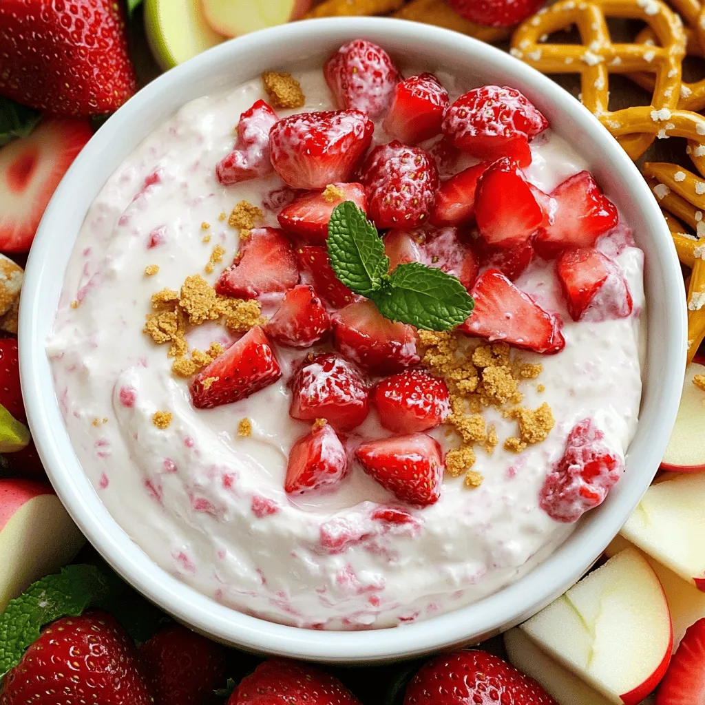 To make the best Strawberry Cheesecake Dip, you need simple and fresh ingredients. Here’s what you will need: - 8 oz cream cheese, softened - 1/2 cup powdered sugar - 1 tsp vanilla extract - 1/2 cup whipped cream - 1 cup strawberries, finely chopped (plus extra for topping) - 1/4 cup graham cracker crumbs (plus extra for garnish) - Fresh mint leaves for garnish (optional) These ingredients blend together to create a smooth and creamy dip. The cream cheese gives it richness, while the strawberries add a sweet and fruity taste. Make sure your cream cheese is soft. This helps it mix well with the sugar and whipped cream. Fresh strawberries are best for flavor; they make the dip vibrant and tasty. You can use more strawberries for a pretty topping. The graham cracker crumbs add a nice crunch. They help bring that classic cheesecake flavor. If you want extra freshness, the mint leaves make a great garnish. This list of ingredients sets you up for a fun and easy treat. You can find the full recipe in the article to guide you through the steps. Enjoy preparing this delightful dip! - Beat the cream cheese until creamy. - Gradually mix in the powdered sugar. - Stir in the vanilla extract. To start, I use a mixing bowl and add the softened cream cheese. I beat it until it is nice and creamy. This step is key for a smooth dip. Next, I slowly add the powdered sugar. I mix it until it blends well into the cream cheese. This keeps the dip sweet but not too sweet. Finally, I stir in the vanilla extract. It adds a nice flavor that makes the dip taste like cheesecake. - Fold in whipped cream until fluffy. - Incorporate chopped strawberries and graham cracker crumbs. Now comes the fun part! I take some whipped cream and gently fold it into the mixture. This makes the dip light and airy. I am careful not to overmix it. Then, I add the finely chopped strawberries and graham cracker crumbs. I fold these in gently, too, to keep the dip fluffy. The strawberries add sweetness, and the crumbs give it that cheesecake crust flavor. - Transfer dip to a serving bowl. - Garnish with extra strawberries and graham cracker crumbs. Once everything is mixed, I transfer the dip to a nice serving bowl. I smooth out the top to make it look pretty. For the final touch, I garnish it with extra chopped strawberries and a sprinkle of graham cracker crumbs. This makes it look delicious and inviting. You can find the full recipe with all the steps in the article. Using room temperature cream cheese is key. Cold cream cheese can make your dip lumpy. Let it sit out for about 30 minutes before mixing. This helps blend smoothly with the other ingredients. When you fold in the whipped cream, do it gently. This keeps the dip light and airy. Use a spatula and fold from the bottom up. Avoid stirring too hard or fast. Garnish your dip for a lovely look. Adding extra chopped strawberries on top makes it pop. A sprinkle of graham cracker crumbs adds a nice crunch. Fresh mint leaves can brighten the dish and add color. Serve with a variety of dippers. Pretzels give a salty contrast. Graham crackers add sweetness. Sliced apples offer a crunch and freshness. You can also add more strawberries for a fruity touch. Be careful not to overmix your ingredients. Overmixing can make the dip dense and heavy. Mix just until everything is combined for the best texture. Watch the ratio of strawberries to dip. Too many strawberries can make it watery. Aim for a balance to keep the dip creamy. This will ensure every bite is delicious and smooth. {{image_2}} You can make this dip even more fun! Try adding chocolate chips or colorful sprinkles. Both add a nice crunch and sweetness. If you want to switch up the fruit, use raspberries or blueberries instead of strawberries. These berries mix well and add vibrant colors. Want to make it gluten-free? Just use gluten-free graham crackers. They taste just as good! If you're going vegan, swap the cream cheese for a plant-based cream cheese. You can also use coconut whipped cream instead of regular whipped cream. These changes keep the dip tasty and friendly for all diets. Seasonal fruits can change the whole flavor. Use peaches in summer for a juicy twist. In the fall, try adding pumpkin spice for warmth. For special holidays, add lemon zest for a bright, fresh taste. These variations keep the dip exciting all year long. For the full recipe, check out the main article. To store leftover dip, place it in an airtight container. Make sure the lid seals well to keep out air. You can also cover the dip tightly with plastic wrap. This helps keep it fresh and tasty. Use glass or plastic containers for storage. Glass containers let you see the dip inside. Plastic ones are lightweight and easy to handle. The dip lasts about 3 to 5 days in the refrigerator. Keep an eye on it during this time. If you see any change in color or smell, it’s time to toss it. Signs that the dip has gone bad include a sour smell, watery texture, or mold. Always trust your senses! You can serve this dip cold, so reheating is not needed. If you want to warm it, use a microwave. Heat it in short bursts, stirring in between. This helps keep the texture smooth. Avoid reheating if you have added strawberries. They can become mushy and lose their fresh taste. Enjoy your dip fresh for the best flavor! You can serve many tasty dippers with Strawberry Cheesecake Dip. Here are some popular choices: - Graham crackers - Pretzels - Sliced apples - Fresh strawberries - Vanilla wafers - Biscotti These dippers add crunch and sweetness. They also enhance the creamy, fruity flavor of the dip. Arrange them nicely around the dip for a beautiful presentation. Yes, you can prepare Strawberry Cheesecake Dip in advance. Just keep a few tips in mind: - Make the dip and store it in the fridge. - Cover it tightly with plastic wrap. - Serve it within two days for the best taste. Chilling the dip helps the flavors meld together. This makes it even more delicious! Absolutely! Strawberry Cheesecake Dip is great for kids. It is sweet and creamy, making it appealing to young taste buds. Here’s why it is safe and fun: - The ingredients are common and easy to find. - Kids can help with dippers and toppings. - It’s a fun way to enjoy fruit. This dip makes a great snack or dessert for parties and gatherings. Kids love to dip and explore different flavors! This blog post shared how to make a tasty Strawberry Cheesecake Dip. You learned the ingredients needed, step-by-step instructions, and helpful tips. Variations, storage info, and FAQs also guide you for the best results. Enjoy making this easy treat for parties or snacks. Experiment with flavors and toppings to make it your own. Remember, the key is to have fun while you create!