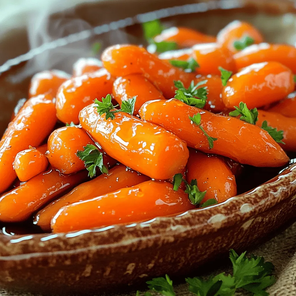 - 1 pound baby carrots (or sliced regular carrots) - 1/4 cup pure maple syrup - 2 tablespoons unsalted butter - 1 teaspoon cinnamon - 1/2 teaspoon nutmeg - Salt to taste - Fresh parsley, chopped (for garnish) Using fresh ingredients makes a big difference in flavor. The baby carrots are sweet and tender. If you can’t find them, regular carrots work well too. Just cut them into similar sizes. Pure maple syrup adds a rich sweetness. Avoid imitation syrup; it lacks real flavor. The unsalted butter gives a nice creaminess to the glaze. Cinnamon and nutmeg add warmth and spice. They pair perfectly with the sweetness of the carrots. A pinch of salt balances the flavors. Finally, fresh parsley adds a pop of color and freshness. For the full recipe, check the earlier section. Enjoy your cooking! First, wash your carrots well. If you're using regular carrots, peel them. Cut them into even pieces if needed. For baby carrots, just rinse them under cold water. Next, take a large saucepan and fill it with water. Add the carrots to the pan and bring the water to a boil over medium-high heat. Once it boils, lower the heat. Let the carrots simmer for about 5-7 minutes. You want them tender but still crisp. Drain the carrots well after cooking. Now, let’s make the glaze. In the same saucepan, melt 2 tablespoons of unsalted butter over medium heat. Once the butter has melted, pour in 1/4 cup of pure maple syrup. Add 1 teaspoon of cinnamon, 1/2 teaspoon of nutmeg, and a pinch of salt. Stir this mixture well until it's combined. The aroma will be delightful and sweet. It’s time to combine everything! Add the drained carrots back into the pan with your maple mixture. Toss the carrots gently to coat them in the glaze. Cook for an additional 3-5 minutes while stirring occasionally. This helps the glaze thicken a bit and coat the carrots evenly. When they are fully coated, you are ready to serve. For a nice touch, garnish with freshly chopped parsley. For the complete process, check the Full Recipe. Enjoy your delicious maple glazed carrots! Cooking time is key for great maple glazed carrots. Aim for 5-7 minutes of simmering. This keeps the carrots tender and crisp. If you cook them too long, they turn mushy. A thick glaze is what we want. To get the right consistency, keep an eye on the sauce. Stir often and let it cook for 3-5 minutes after adding the carrots. The glaze should cling to the carrots nicely. If it's too thin, let it cook a bit longer. Want to spice things up? Try adding a pinch of ginger or allspice. These spices add warmth and depth. You can also use fresh herbs like thyme or rosemary. They bring a new twist to the dish. For a bright touch, add a splash of lemon juice or orange zest. Citrus cuts through the sweetness. This balance makes every bite more exciting. Plating matters when serving this dish. Use a shallow bowl to show off the glaze. Arrange the carrots neatly in a fan shape. This gives a nice visual appeal. Garnish with freshly chopped parsley. It adds color and a hint of freshness. You can also sprinkle some toasted nuts on top. This adds crunch and makes the dish pop. For the full recipe, check the section above. Enjoy your cooking! {{image_2}} You can swap maple syrup for honey or agave syrup. Both options add a nice sweetness. Honey gives a floral note, while agave offers a milder flavor. Each will still make your carrots shine. Just use the same amount as the maple syrup in the full recipe. Want to mix it up? Try using parsnips or sweet potatoes. Parsnips bring a sweet and nutty taste. Sweet potatoes add creaminess and a vibrant color. Both options work great with the maple glaze. Just chop them to a similar size as the carrots for even cooking. If you're vegan, you can make a plant-based version. Use plant-based butter instead of regular butter. This keeps the recipe delicious and friendly for all diets. You still get that rich flavor and perfect glaze. Enjoy your maple glazed carrots guilt-free! To keep your maple glazed carrots fresh, store them in an airtight container. This helps keep out moisture and air. Refrigerate the leftovers within two hours after cooking. They will stay tasty for up to four days. When you are ready to eat them, check for any signs of spoilage, like odd smells or colors. You can reheat your glazed carrots in two ways: the microwave or stovetop. - Microwave: Place your carrots in a microwave-safe dish. Add a splash of water to help steam them. Cover the dish with a lid or plastic wrap. Heat for about 1-2 minutes, stirring halfway through. This method is quick and easy. - Stovetop: For stovetop reheating, use a skillet over medium heat. Add a little butter or water to the pan. Stir the carrots often until they are heated through. This method helps to keep the glaze nice and shiny. If you want to freeze your maple glazed carrots, follow these steps: 1. Allow the carrots to cool completely. 2. Place them in a freezer-safe bag or container. Make sure to remove as much air as possible. 3. Label the bag with the date. They can stay in the freezer for up to three months. When you’re ready to enjoy them again, thaw in the fridge overnight. Then, reheat using the stovetop method for the best flavor. If you want to skip the butter, use olive oil or coconut oil instead. Both add a rich taste. You can also try vegan butter for a similar effect. If you use oil, keep the amount about the same as the butter in the recipe. Yes, you can use frozen carrots. They may need a bit more cooking time. Start by boiling them for 10-12 minutes until tender. After that, follow the same steps to make the glaze. Keep in mind that frozen carrots might be softer than fresh ones. Maple glazed carrots taste great with many main dishes. They pair well with roasted chicken, grilled pork, or even a nice steak. If you're serving a vegetarian meal, try them with quinoa or a hearty salad. Cooked carrots can stay fresh for about 3 to 5 days in the fridge. Make sure to store them in an airtight container. If you see any signs of spoilage, throw them away. Always trust your senses when it comes to food safety. This blog post guides you through making maple glazed carrots. You learned the ingredients, how to prepare them, and tips for the best glaze. We also explored variations and storage methods to keep your dish fresh. Maple glazed carrots add sweetness and color to any meal. Try different veggies or spices to make it your own. Enjoy your cooking, and share this easy recipe with friends!