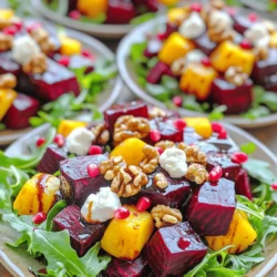 To make a tasty roasted beet and goat cheese salad, gather these items: - 3 medium beets, peeled and cubed - 2 tablespoons olive oil - Salt and pepper to taste - 4 cups mixed greens (arugula, spinach, and kale) - 1/2 cup crumbled goat cheese - 1/4 cup walnuts, chopped and toasted - 1/4 cup pomegranate seeds - 2 tablespoons balsamic glaze - 1 tablespoon honey You can switch some ingredients to match your taste. If you don't like goat cheese, try feta or blue cheese. If you want a nut-free option, leave out the walnuts. You can use mixed greens like romaine or even just spinach. For a sweeter touch, maple syrup can replace honey. When you shop for beets, look for small to medium-sized ones. They should feel firm and smooth. Avoid beets that have soft spots or wrinkles. Fresh beets have vibrant color and green tops. If you can, pick beets with fresh greens; they taste better. Store beets in the fridge for up to two weeks. First, preheat your oven to 400°F (200°C). This step is key for roasting. Next, peel and cube three medium beets. Place them in a bowl. Toss the beets with two tablespoons of olive oil. Add salt and pepper to taste. Make sure all the beets are coated. Spread the beets on a parchment-lined baking sheet. Lay them in a single layer for even cooking. Roast them for 30-35 minutes. They should be tender and caramelized. Turn them halfway through to ensure they cook evenly. While the beets roast, prepare the salad base. Take a large bowl and mix four cups of assorted greens. You can use arugula, spinach, and kale for a colorful mix. After the beets cool for a few minutes, add them to the greens. Now sprinkle half a cup of crumbled goat cheese over the salad. Next, add one-quarter cup of toasted walnuts and one-quarter cup of pomegranate seeds. These add crunch and sweetness to the dish. In a small bowl, whisk together two tablespoons of balsamic glaze and one tablespoon of honey. This simple dressing enhances the salad's flavors. Drizzle the dressing over the salad just before serving. Gently toss everything together to coat all the ingredients. This salad looks great and tastes even better. For a full recipe, check the details above. Roasting beets makes them sweet and tender. First, preheat your oven to 400°F (200°C). Cut the beets into cubes, about one inch each. Toss them in olive oil, salt, and pepper. This helps bring out their natural flavor. Spread the beets on a baking sheet lined with parchment paper. Roast for 30-35 minutes. Turn them halfway through to cook evenly. You want them soft and slightly caramelized. To make this salad pop, balance flavors well. The creamy goat cheese pairs nicely with the sweet beets. Add crunchy walnuts for texture. Pomegranate seeds give a burst of sweetness and color. For a tangy kick, drizzle balsamic glaze over the salad. Mixing honey with the glaze adds a lovely sweetness. These simple touches make your salad more exciting. A beautiful salad makes it more enjoyable. Serve it in individual bowls for a special touch. Drizzle extra balsamic glaze on top for flair. Scatter pomegranate seeds across the salad. This adds bright color and makes it look fresh. Use a mix of greens to create texture. A colorful dish not only looks great but also tastes better. Follow the Full Recipe for all these delicious details! {{image_2}} You can change up this salad with seasonal ingredients. In spring, try fresh peas or asparagus. Summer is great for adding ripe tomatoes or cucumbers. Fall brings apples or pears for a sweet crunch. In winter, consider roasted squash or citrus fruits for bright flavor. These swaps keep the salad fresh and fun all year. This salad pairs well with grilled chicken or fish. You can serve it as a side dish or a main meal. For a picnic, pack it in a jar for easy transport. You can also serve it on a bed of couscous or quinoa for added texture. Don't forget to offer extra dressing on the side for those who love it saucy! To make this salad vegan, swap goat cheese for avocado or a nut-based cheese. Use maple syrup instead of honey for sweetness. For a gluten-free version, ensure that your dressing does not contain any gluten ingredients. This salad is naturally gluten-free, so it works perfectly for anyone avoiding gluten. To keep your roasted beet and goat cheese salad fresh, store it in the fridge. Place any leftovers in an airtight container. This helps maintain the flavor and crunch. Enjoy your salad within three days for the best taste. If the greens start to wilt, you may want to add fresh ones before serving again. I recommend using glass containers for storing your salad. Glass is non-toxic and keeps food fresh longer. If you prefer plastic, choose BPA-free options. Make sure to seal the containers tightly. This will keep the air out and prevent your salad from going soggy. Reheating your salad is not the best idea. The greens might wilt and lose their crispness. If you want to warm it up, heat the beets separately. Use a microwave-safe bowl and warm them for about 30 seconds. Then, add them back to the salad. This way, you enjoy warm beets without losing the salad's beauty. For more details, check out the Full Recipe. Roasting beets is simple and rewarding. First, preheat your oven to 400°F. Next, peel and cube the beets. In a bowl, toss the beets with olive oil, salt, and pepper. Spread them on a baking sheet. Roast for 30 to 35 minutes. Turn the beets halfway for even cooking. They should be tender and slightly caramelized. This method brings out their natural sweetness. Yes, you can! While goat cheese pairs well with beets, you can try other cheeses. Feta adds a salty kick. Blue cheese brings a bold flavor. For a creamier choice, use burrata. Each cheese offers a unique taste, so feel free to experiment. Choose what you like best for your salad. This salad is packed with health benefits. Beets are rich in vitamins and minerals. They help lower blood pressure and improve stamina. Goat cheese provides protein and calcium, which are essential for strong bones. Mixed greens are full of fiber and antioxidants. Walnuts add healthy fats, and pomegranate seeds boost your vitamin C. This salad is not only tasty but also good for your body. For the full recipe, check the detailed instructions above. This blog post covered everything you need for a great beet salad. We discussed key ingredients, substitutions, and tips for choosing fresh beets. I provided step-by-step instructions for preparation, assembly, and dressing. You learned roasting techniques, how to enhance flavor, and presentation tips. We also explored variations, storage info, and answered common questions. You can easily make this vibrant salad your own. Enjoy experimenting with different ingredients and flavors. Each bite will be fresh and exciting!