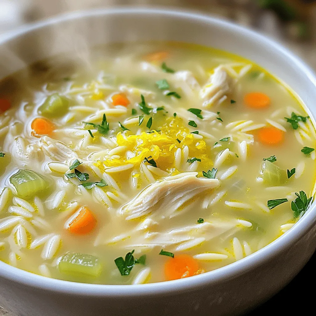 For this cozy dish, you will need some key ingredients. Here’s the list: - 1 pound boneless, skinless chicken breasts - 1 cup orzo pasta - 1 medium onion, diced - 2 cloves garlic, minced - 3 medium carrots, diced - 2 celery stalks, diced - 6 cups chicken broth - 1 cup heavy cream - 1 lemon (zest and juice) - 2 tablespoons olive oil - Salt and pepper to taste - Fresh parsley, chopped (for garnish) Each ingredient adds a special flavor. The chicken gives a hearty base. The orzo adds a nice texture. The lemon brings brightness to the soup. While the key ingredients shine, consider these optional ones. They can take your soup to the next level: - 1 teaspoon dried thyme - 1 teaspoon dried oregano - 1 cup spinach or kale, chopped - A pinch of red pepper flakes for heat These additions can make the soup even more delicious. Herbs add depth, while greens bring nutrition. Understanding nutritional information helps you enjoy this dish wisely. Here’s a quick look: - Calories: Approximately 400 per serving - Protein: About 25 grams - Carbohydrates: Around 35 grams - Fat: Roughly 20 grams This soup is filling and gives energy. It’s perfect for lunch or dinner. Plus, it offers a good mix of protein and carbs. Enjoy this comforting bowl of Creamy Lemon Chicken Orzo Soup, knowing it’s both tasty and nourishing. For the complete recipe, check the Full Recipe section! To start, gather all your ingredients to make cooking easy. You need: - 1 pound boneless, skinless chicken breasts - 1 cup orzo pasta - 1 medium onion, diced - 2 cloves garlic, minced - 3 medium carrots, diced - 2 celery stalks, diced - 6 cups chicken broth - 1 cup heavy cream - 1 lemon (zest and juice) - 2 tablespoons olive oil - Salt and pepper to taste - Fresh parsley, chopped (for garnish) Next, chop your onion, carrots, and celery. Dice them small for even cooking. Mince the garlic finely. This prep helps the soup taste great. In a large pot, heat the olive oil over medium heat. Add the onion, carrots, and celery. Sauté for about 5 minutes. You want the veggies to soften but not brown. Then, add the minced garlic. Cook for just one minute more, stirring to prevent burning. Now, add the chicken breasts. Season them with salt and pepper. Pour in the chicken broth and bring it to a boil. Once boiling, reduce the heat to low. Cover the pot and let it simmer for 15 to 20 minutes. You know the chicken is done when it’s cooked through. After the chicken is cooked, take it out and let it cool slightly. Now, add the orzo to the broth. Cook it according to the package instructions, which is usually about 8 to 10 minutes. While the orzo cooks, shred the chicken into bite-sized pieces using two forks. When the orzo is ready, stir in the heavy cream, lemon zest, and lemon juice. Then, add the shredded chicken back to the pot. Give it a good stir. Taste your soup and adjust the seasoning with salt and pepper, if needed. Simmer for another 2 to 3 minutes to heat everything through. Now your creamy lemon chicken orzo soup is ready! Serve it hot, and don’t forget to garnish with fresh parsley. Enjoy this cozy dish that warms the soul. You can find the full recipe above for a detailed guide. To get that rich, creamy texture, use heavy cream. It thickens the soup well. Stir in the cream after cooking the orzo. This step keeps the cream from curdling. You can also add more lemon juice for a zesty kick. The lemon brightens the flavors and works well with the cream. Start by sautéing your veggies first. It brings out their flavors. Use medium heat for cooking the chicken. This way, it cooks evenly and stays juicy. When you add the orzo, make sure to stir it often. This prevents it from sticking to the pot. Follow the cooking time on the package for best results. Overcooked orzo turns mushy. Avoid adding the heavy cream too early. It can curdle and ruin the soup. Don’t skip seasoning the chicken. Salt and pepper are key. They enhance the overall taste. Also, be careful not to overcook the orzo. It should be al dente, or firm to the bite. Check the soup's flavor before serving. Adjust the salt and pepper as needed. For more guidance, refer to the Full Recipe. {{image_2}} You can easily make this soup gluten-free. Simply swap orzo for gluten-free pasta. Look for rice-based or quinoa-based options. These pasta types cook well and blend nicely. Always check the package for cooking time. To make a vegetarian version, skip the chicken. Use a mix of mushrooms and chickpeas instead. These add texture and protein. For a vegan option, replace heavy cream with coconut milk. It gives a creamy feel. Use vegetable broth in place of chicken broth. Want to enhance the flavor? Try adding fresh herbs like thyme or dill. A splash of white wine adds depth too. For heat, add red pepper flakes. If you enjoy a tangy twist, stir in capers or olives. Each choice makes your soup unique and tasty. For the complete recipe, check the Full Recipe section. To keep your creamy lemon chicken orzo soup fresh, cool it down first. Place it in an airtight container. You can store it in the fridge for up to three days. If you notice any off smells or colors, it’s best to toss it out. Always check before serving. Freezing is a great way to keep your soup for longer. To freeze, let the soup cool completely. Then, pour it into freezer-safe bags or containers. Leave some space at the top for expansion. You can freeze it for up to three months. Label the bags with the date to keep track. When it’s time to enjoy your soup again, thaw it overnight in the fridge if frozen. Reheat it on the stove over low heat. Stir often to keep it from sticking. If it seems too thick, add a splash of chicken broth or water. Heat just until warm, and enjoy the cozy flavors again! For the full recipe, check out the details above. Yes, you can use frozen chicken breasts. Just remember to cook them longer. Cook the chicken until it reaches 165°F. This ensures it is safe to eat. Thawing the chicken first can help it cook evenly. You can also add the frozen chicken to the pot directly. Just make sure to check it for doneness. To make fewer servings, cut the ingredients in half. Use ½ pound of chicken and ½ cup of orzo. You can adjust the broth and cream too. This way, you still keep the same great flavor. Make sure to keep the cooking times similar. Monitor closely to avoid overcooking. This soup pairs well with crusty bread or a fresh salad. A simple green salad balances the creamy soup well. You might also enjoy it with garlic bread. The flavors complement each other nicely. Adding a sprinkle of cheese on top can enhance the dish too. In this blog post, we explored how to create a delicious Creamy Lemon Chicken Orzo Soup. We covered key ingredients, preparation steps, cooking processes, and final touches. I shared helpful tips to get the perfect creamy texture and avoid common mistakes. You learned about different variations, storage methods, and answers to frequently asked questions. In conclusion, making this soup is easy and fun. Experiment with flavors and enjoy each bowl as a comforting meal. Happy cooking!