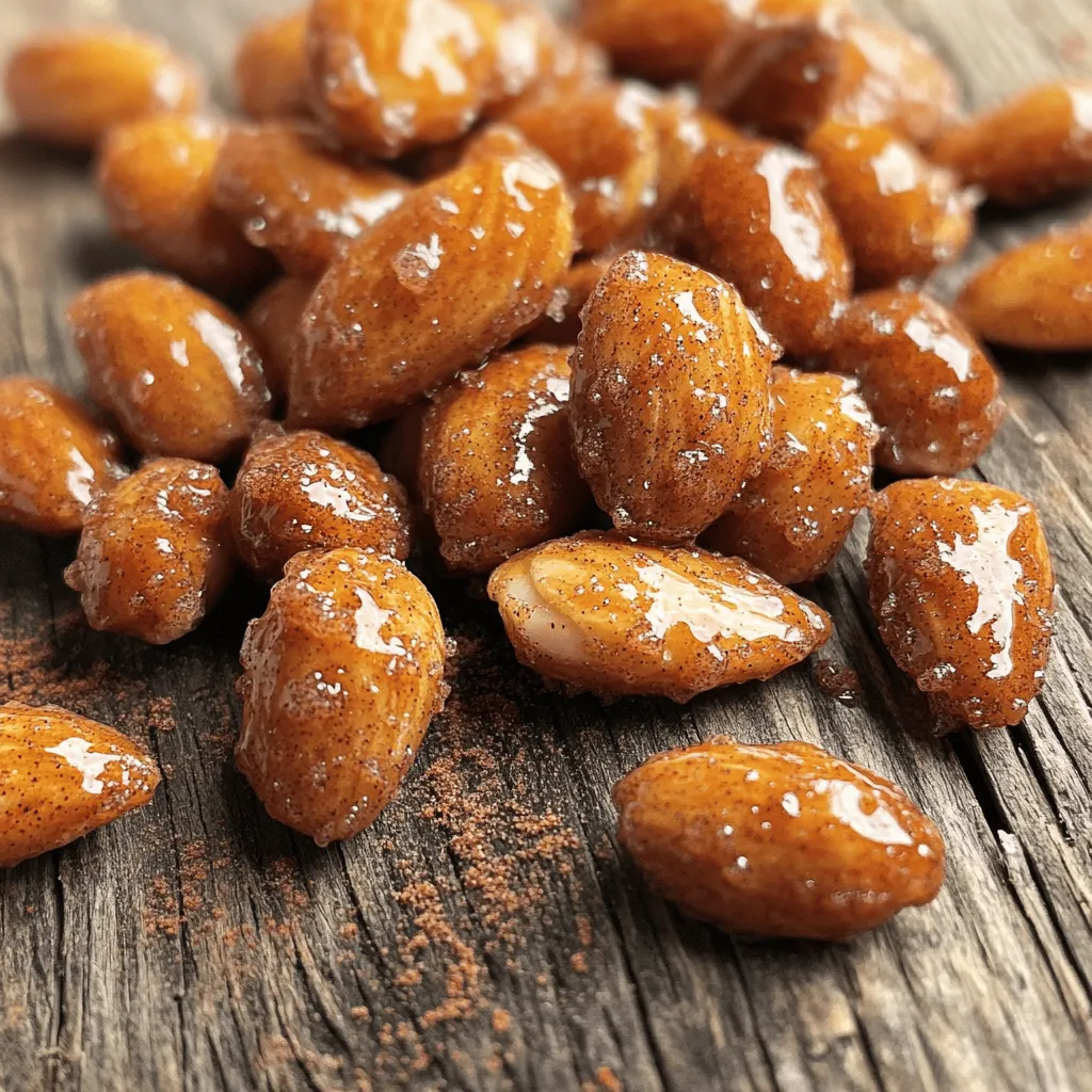 - 2 cups raw almonds - 1 cup granulated sugar - 2 teaspoons ground cinnamon - 1/4 teaspoon salt - 1/4 cup water - 1 tablespoon vanilla extract - Cooking spray or parchment paper If you want to cut sugar, try using honey or maple syrup. These options can add a unique flavor too. For nuts, feel free to use pecans or walnuts. If you like spice, add nutmeg or cardamom for a twist. You need a medium saucepan for mixing the ingredients. A baking sheet is essential for roasting the almonds. Use parchment paper or cooking spray to prevent sticking. First, preheat your oven to 350°F (175°C). This step is key for roasting. Next, prepare your baking sheet. You can line it with parchment paper or use cooking spray to prevent sticking. Now, grab a medium saucepan. In it, combine the sugar, ground cinnamon, and salt. Stir these dry ingredients well. Then, add the water and vanilla extract. Mix until everything blends nicely. Bring this mixture to a gentle boil over medium heat. Stir occasionally until the sugar dissolves completely. Once your mixture is boiling, add the raw almonds. Stir them well to coat every almond in the cinnamon-sugar mix. Cook this mixture for about 5-7 minutes. Keep stirring often. You want the almonds to become sticky and slightly caramelized. This will enhance their flavor and texture. After cooking, remove the saucepan from the heat. Spread the coated almonds evenly on your prepared baking sheet. Make sure they are in a single layer. This helps them roast evenly. Bake the almonds for 15-20 minutes. Stir them every 5 minutes to ensure they roast well. You will know they are done when they are golden brown and fragrant. Once baked, take them out and let them cool on the baking sheet. They will crisp up as they cool. After cooling, break apart any clusters. Store your cinnamon sugar roasted almonds in an airtight container. Enjoy this sweet treat! You can find the full recipe above. To check for coating uniformity, look for each almond to shine. If they look dull, give them a good stir. You want each nut covered in the sticky, sweet mix. For a crunchy texture, stir the almonds often while roasting. This helps them brown evenly. Keep an eye on them in the oven. You want them golden, not burnt. The right cook time makes all the difference. One common mistake is overcooking the sugar mixture. If the sugar gets too dark, it can taste bitter. Watch it closely as it boils. Another mistake is not stirring frequently during roasting. Stirring every five minutes helps the almonds cook evenly. If you skip this, some nuts might burn while others stay soft. You can add more flavor by mixing in spices like nutmeg or ginger. A pinch of cayenne can add a fun kick. For serving, these almonds pair well with cheese or dried fruit. You can also sprinkle them over yogurt or salads. They add a sweet crunch to many dishes. For the full recipe, check the earlier section. {{image_2}} You can easily change the flavor of your cinnamon sugar roasted almonds. Adding cocoa powder gives a rich chocolate twist. Just mix in one to two tablespoons when you combine the sugar and cinnamon. For a sweet touch, try using vanilla bean. Scrape the seeds from one bean into the sugar mixture. You’ll get a deep, aromatic flavor. If you prefer a different sweetness, maple syrup works great instead of granulated sugar. Use one cup of maple syrup in place of sugar. Just adjust the water to 1/8 cup to keep the right consistency. If you want to make this recipe gluten-free, you’re in luck! All the ingredients listed are gluten-free. For those who follow a vegan diet, you can easily adapt this recipe. Simply replace the granulated sugar with coconut sugar or another vegan sweetener. This keeps the recipe vegan and still delicious. Want to mix things up? You can use different nuts! Roasted peanuts or pecans work well as alternatives. They add their unique crunch and flavor. For more variety, combine nuts. A mix of almonds, peanuts, and pecans creates a tasty snack blend. Using different nuts keeps your snack exciting and fun. Check out the Full Recipe for all the details! To keep your cinnamon sugar roasted almonds fresh, place them in an airtight container. This helps keep out air and moisture. I recommend using glass jars or plastic containers with tight lids. Stored this way, they can last about two weeks. If you want them to stay fresh longer, try to keep them in a cool, dark place. If your almonds lose their crispness, you can refresh them easily. Preheat your oven to 350°F (175°C). Spread the almonds on a baking sheet. Heat them for about 5-10 minutes. Check them often to avoid burning. They should come out nice and crunchy again! Can you freeze cinnamon sugar roasted almonds? Yes, you can! Just make sure they are completely cool first. Place them in a freezer-safe bag and remove as much air as possible. They can stay frozen for up to three months. When you're ready to enjoy them, take them out of the freezer. Let them thaw at room temperature. If you want, you can also re-crisp them in the oven afterward. Enjoy your delicious snack anytime! Cinnamon sugar roasted almonds last about two weeks when stored right. Keep them in an airtight container to keep them fresh. Make sure to store them in a cool, dry place. If you see any signs of moisture, toss them out. Yes, you can use raw almonds instead of roasted ones. Raw almonds will bake nicely and take on the flavor well. However, they may need extra time in the oven to achieve the desired crunch. Using raw almonds can also be a healthier option since they have no added oils. Just remember, they won’t have the same deep flavor as roasted almonds. Cinnamon sugar roasted almonds are super versatile. You can enjoy them as a snack on their own. They also add great crunch to salads or yogurt. Try using them in trail mixes or as toppings for desserts like ice cream. You can even sprinkle them on oatmeal for a tasty breakfast boost. The options are endless! Check out the Full Recipe for more ideas. This post covered how to make delicious cinnamon sugar roasted almonds. You learned about the key ingredients, step-by-step instructions, and tips for perfect results. We also explored flavor variations and how to store your almonds. In the end, these sweet, crunchy snacks are easy to make and fun to enjoy. Whether for a party or a personal treat, they're always a hit. Enjoy your tasty creation and happy snacking!
