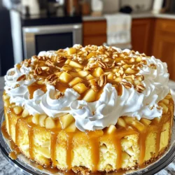 Here are the ingredients you need for a delicious Caramel Apple Poke Cake: - Yellow cake mix - Applesauce - Eggs - Vanilla extract - Diced apples - Caramel sauce - Sweetened condensed milk - Ground cinnamon - Whipped cream - Chopped nuts (optional) These ingredients come together to create a moist and flavorful cake. The yellow cake mix makes the base light and fluffy. Applesauce adds moisture and a bit of sweetness. Eggs help bind everything together, while vanilla extract gives a warm flavor. Diced apples add a nice texture and fruity taste. Caramel sauce and sweetened condensed milk create a rich, gooey topping that seeps into the cake. Ground cinnamon brings a warm spice note. Finally, whipped cream adds a light touch, and chopped nuts (if you choose) give a nice crunch. This cake is perfect for any gathering. You can serve it warm or chilled. To find the full recipe, check the link provided. Enjoy baking this delightful dessert! 1. First, preheat your oven to 350°F (175°C). This step helps the cake rise perfectly. 2. Next, grease a 9x13-inch baking pan. This keeps the cake from sticking. 3. In a large bowl, mix the yellow cake mix, applesauce, eggs, and vanilla extract. Blend on medium speed until it is smooth. 1. Now, fold in the diced apples and cinnamon. This adds flavor and texture to your cake. 2. Pour the cake batter into the prepared pan. Use a spatula to smooth the top. 3. Bake for 25-30 minutes. Check doneness by inserting a toothpick; it should come out clean. 1. After baking, let the cake cool for about 10 minutes. This makes it easier to poke holes. 2. While the cake is warm, take the end of a wooden spoon or a straw. Poke holes about 1 inch apart over the cake. 3. In a separate bowl, mix the caramel sauce and sweetened condensed milk. Pour this mixture over the cake. Make sure it seeps into the holes for maximum flavor. For the full recipe, you can check [Full Recipe]. Mixing ingredients well is key. Use a large bowl for your batter. Start with the yellow cake mix, applesauce, eggs, and vanilla. Mix on medium until smooth. Don't rush; this helps the cake rise evenly. Fold in the diced apples gently. This keeps them intact and gives your cake great texture. Baking evenly is also important. Make sure to preheat your oven to 350°F. Use an oven thermometer for accuracy. Bake the cake for 25 to 30 minutes. Check with a toothpick. It should come out clean. If your oven has hot spots, rotate the cake halfway through baking. This helps it cook evenly. Serving your cake is fun! Let it cool completely first. Top it with whipped cream for a nice touch. Add chopped nuts for crunch, if you like. For drinks, hot apple cider pairs perfectly. You could also serve it with coffee for a warm treat. Slice the cake into squares for easy serving. Arrange them on a nice plate. Drizzle some extra caramel sauce on top for a fancy look. Your guests will love it! Overmixing the batter can ruin your cake. It makes the cake tough instead of light. Mix just until combined, and you'll have a soft texture. Cooling is crucial too. Don’t skip letting the cake cool properly. If you pour the caramel on too soon, it can make a soggy mess. Wait at least 10 minutes before poking holes. This ensures the cake holds its shape. {{image_2}} You can make your caramel apple poke cake even better with some simple tweaks. Adding spices like nutmeg or cloves gives a warm kick. These spices enhance the apple flavor. You can also mix in chocolate or caramel bits. This adds rich textures and flavors that everyone will love. If you need a gluten-free option, swap the yellow cake mix for a gluten-free version. Many brands offer great options that taste just as good. For vegan friends, use flax eggs instead of regular eggs. You can replace milk with almond or oat milk. These changes let everyone enjoy this tasty treat. Make your poke cake fit the season by using different fruits. Pears or peaches work great in place of apples. This gives the cake a fresh twist. For a fall-themed dessert, add pumpkin spice to the batter. You create a cozy flavor that is perfect for autumn gatherings. Explore the full recipe to see how these variations can change your cake! To keep your Caramel Apple Poke Cake fresh, choose the right container. A glass or plastic cake dome works best. This keeps moisture in and protects your cake. If you don't have one, a simple airtight container will do. Make sure to cover the cake with plastic wrap or foil. This helps to lock in flavor and moisture. Store your cake in the fridge for the best taste. The cool temperature helps it stay fresh. It will last about 3 to 5 days in the fridge. Always check for any signs of spoilage before serving. If you want to save your cake for later, freezing is a great option. First, let the cake cool completely. Then, slice it into pieces for easy serving. Wrap each piece tightly in plastic wrap. After that, place the wrapped pieces into a freezer-safe bag. Be sure to remove as much air as possible to prevent freezer burn. Your Caramel Apple Poke Cake can last up to 3 months in the freezer. When you’re ready to enjoy it, simply take a piece out. Place it in the fridge overnight to defrost. You can also let it sit at room temperature for a couple of hours. Enjoy your cake at its best! For the full recipe, check here: [Full Recipe]. You can tell the cake is done when it is golden brown. A toothpick inserted in the center should come out clean. The edges will slightly pull away from the pan. If it springs back when lightly pressed, it's ready. Yes, you can try other cake mixes. Spice cake mix adds a warm flavor. Chocolate cake mix gives a rich taste. Both options work great with the caramel and apples. The Caramel Apple Poke Cake lasts about 4 to 5 days in the fridge. Store it in an airtight container for best results. After that, the cake may dry out or lose its flavor. You can make this cake a day in advance. Just follow all the steps and chill it. Serve it cold or let it sit at room temp for a bit before serving. You can find the full recipe for Caramel Apple Poke Cake [here](#). This will guide you through each step to make this tasty treat. You learned how to make a delicious Caramel Apple Poke Cake. We covered ingredients, step-by-step cooking tips, and variations. Remember to mix well but avoid overmixing. Serve it fresh with whipped cream for a treat. You can also store leftovers in a cool place or freeze them. Don’t hesitate to get creative with your flavors. This cake appeals to all ages and makes gatherings special. Enjoy baking and sharing this delightful dessert with family and friends!