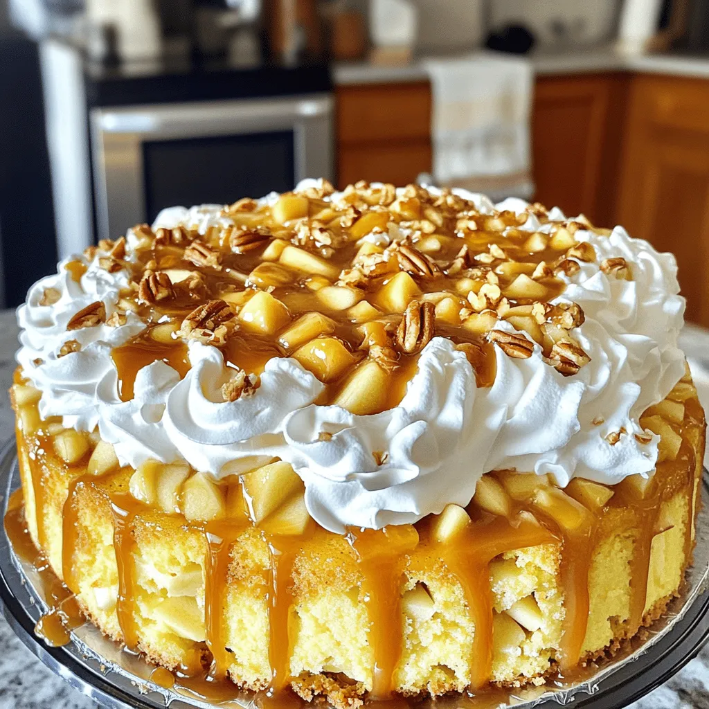Here are the ingredients you need for a delicious Caramel Apple Poke Cake: - Yellow cake mix - Applesauce - Eggs - Vanilla extract - Diced apples - Caramel sauce - Sweetened condensed milk - Ground cinnamon - Whipped cream - Chopped nuts (optional) These ingredients come together to create a moist and flavorful cake. The yellow cake mix makes the base light and fluffy. Applesauce adds moisture and a bit of sweetness. Eggs help bind everything together, while vanilla extract gives a warm flavor. Diced apples add a nice texture and fruity taste. Caramel sauce and sweetened condensed milk create a rich, gooey topping that seeps into the cake. Ground cinnamon brings a warm spice note. Finally, whipped cream adds a light touch, and chopped nuts (if you choose) give a nice crunch. This cake is perfect for any gathering. You can serve it warm or chilled. To find the full recipe, check the link provided. Enjoy baking this delightful dessert! 1. First, preheat your oven to 350°F (175°C). This step helps the cake rise perfectly. 2. Next, grease a 9x13-inch baking pan. This keeps the cake from sticking. 3. In a large bowl, mix the yellow cake mix, applesauce, eggs, and vanilla extract. Blend on medium speed until it is smooth. 1. Now, fold in the diced apples and cinnamon. This adds flavor and texture to your cake. 2. Pour the cake batter into the prepared pan. Use a spatula to smooth the top. 3. Bake for 25-30 minutes. Check doneness by inserting a toothpick; it should come out clean. 1. After baking, let the cake cool for about 10 minutes. This makes it easier to poke holes. 2. While the cake is warm, take the end of a wooden spoon or a straw. Poke holes about 1 inch apart over the cake. 3. In a separate bowl, mix the caramel sauce and sweetened condensed milk. Pour this mixture over the cake. Make sure it seeps into the holes for maximum flavor. For the full recipe, you can check [Full Recipe]. Mixing ingredients well is key. Use a large bowl for your batter. Start with the yellow cake mix, applesauce, eggs, and vanilla. Mix on medium until smooth. Don't rush; this helps the cake rise evenly. Fold in the diced apples gently. This keeps them intact and gives your cake great texture. Baking evenly is also important. Make sure to preheat your oven to 350°F. Use an oven thermometer for accuracy. Bake the cake for 25 to 30 minutes. Check with a toothpick. It should come out clean. If your oven has hot spots, rotate the cake halfway through baking. This helps it cook evenly. Serving your cake is fun! Let it cool completely first. Top it with whipped cream for a nice touch. Add chopped nuts for crunch, if you like. For drinks, hot apple cider pairs perfectly. You could also serve it with coffee for a warm treat. Slice the cake into squares for easy serving. Arrange them on a nice plate. Drizzle some extra caramel sauce on top for a fancy look. Your guests will love it! Overmixing the batter can ruin your cake. It makes the cake tough instead of light. Mix just until combined, and you'll have a soft texture. Cooling is crucial too. Don’t skip letting the cake cool properly. If you pour the caramel on too soon, it can make a soggy mess. Wait at least 10 minutes before poking holes. This ensures the cake holds its shape. {{image_2}} You can make your caramel apple poke cake even better with some simple tweaks. Adding spices like nutmeg or cloves gives a warm kick. These spices enhance the apple flavor. You can also mix in chocolate or caramel bits. This adds rich textures and flavors that everyone will love. If you need a gluten-free option, swap the yellow cake mix for a gluten-free version. Many brands offer great options that taste just as good. For vegan friends, use flax eggs instead of regular eggs. You can replace milk with almond or oat milk. These changes let everyone enjoy this tasty treat. Make your poke cake fit the season by using different fruits. Pears or peaches work great in place of apples. This gives the cake a fresh twist. For a fall-themed dessert, add pumpkin spice to the batter. You create a cozy flavor that is perfect for autumn gatherings. Explore the full recipe to see how these variations can change your cake! To keep your Caramel Apple Poke Cake fresh, choose the right container. A glass or plastic cake dome works best. This keeps moisture in and protects your cake. If you don't have one, a simple airtight container will do. Make sure to cover the cake with plastic wrap or foil. This helps to lock in flavor and moisture. Store your cake in the fridge for the best taste. The cool temperature helps it stay fresh. It will last about 3 to 5 days in the fridge. Always check for any signs of spoilage before serving. If you want to save your cake for later, freezing is a great option. First, let the cake cool completely. Then, slice it into pieces for easy serving. Wrap each piece tightly in plastic wrap. After that, place the wrapped pieces into a freezer-safe bag. Be sure to remove as much air as possible to prevent freezer burn. Your Caramel Apple Poke Cake can last up to 3 months in the freezer. When you’re ready to enjoy it, simply take a piece out. Place it in the fridge overnight to defrost. You can also let it sit at room temperature for a couple of hours. Enjoy your cake at its best! For the full recipe, check here: [Full Recipe]. You can tell the cake is done when it is golden brown. A toothpick inserted in the center should come out clean. The edges will slightly pull away from the pan. If it springs back when lightly pressed, it's ready. Yes, you can try other cake mixes. Spice cake mix adds a warm flavor. Chocolate cake mix gives a rich taste. Both options work great with the caramel and apples. The Caramel Apple Poke Cake lasts about 4 to 5 days in the fridge. Store it in an airtight container for best results. After that, the cake may dry out or lose its flavor. You can make this cake a day in advance. Just follow all the steps and chill it. Serve it cold or let it sit at room temp for a bit before serving. You can find the full recipe for Caramel Apple Poke Cake [here](#). This will guide you through each step to make this tasty treat. You learned how to make a delicious Caramel Apple Poke Cake. We covered ingredients, step-by-step cooking tips, and variations. Remember to mix well but avoid overmixing. Serve it fresh with whipped cream for a treat. You can also store leftovers in a cool place or freeze them. Don’t hesitate to get creative with your flavors. This cake appeals to all ages and makes gatherings special. Enjoy baking and sharing this delightful dessert with family and friends!