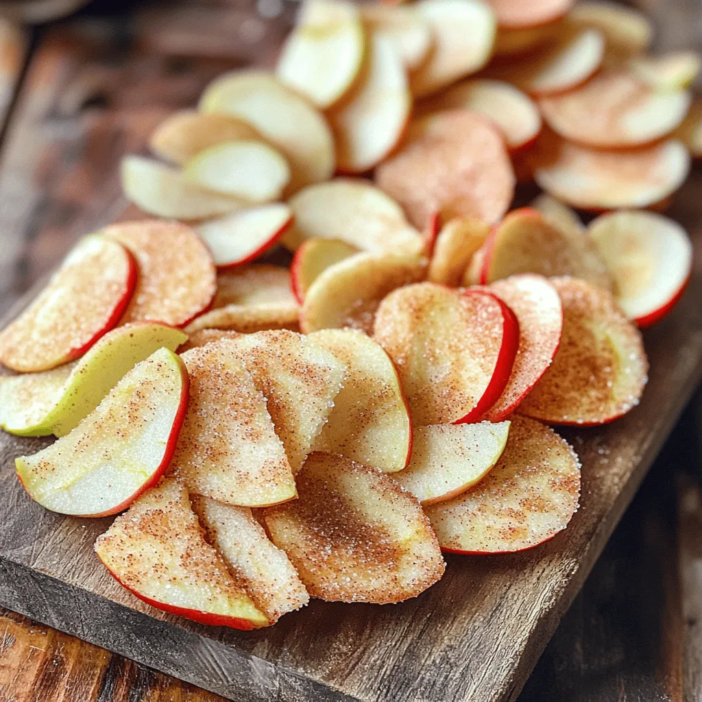 - 3 medium-sized apples (Fuji or Honeycrisp recommended) - 1 tablespoon ground cinnamon - 2 tablespoons granulated sugar - 1 teaspoon vanilla extract (optional) - A pinch of salt Selecting the best apples for flavor I recommend using Fuji or Honeycrisp apples. They have a great balance of sweetness and tartness. Their firm texture also holds up well during baking. You can use other apple varieties, but these two are the best for flavor. Alternatives for granulated sugar If you want a healthier option, you can use coconut sugar or maple sugar. These alternatives add a unique flavor and are less processed. They can give your chips a nice twist while still being sweet. Benefits of using vanilla extract Adding vanilla extract enhances the flavor of the apple chips. It gives them a warm and inviting aroma. If you love a richer taste, I suggest not skipping this step. Just a teaspoon can make a big difference. For the full recipe, check out the details above. First, preheat your oven to 225°F (110°C). This low heat helps the apples dry out without burning. Line two baking sheets with parchment paper. This will keep the apple chips from sticking. Next, wash your apples well. I like to use Fuji or Honeycrisp for their sweetness and crunch. Slice them into thin rounds, about 1/8 inch thick. Thin slices bake evenly and become crisp. You can choose to core the apples before or after slicing, based on your taste. Now, it’s time to mix the cinnamon-sugar blend. In a small bowl, combine 2 tablespoons of granulated sugar, 1 tablespoon of ground cinnamon, and a pinch of salt. If you want, you can add 1 teaspoon of vanilla extract for more flavor. Once your apple slices are ready, place them in a large bowl. Sprinkle the cinnamon-sugar mixture over the slices. Toss them gently to coat both sides. Arrange the apple slices in a single layer on the lined baking sheets. Make sure the slices do not overlap, as this helps them cook evenly. Bake in the oven for 1 hour. Then, flip the apple slices over and bake for another 1 to 1.5 hours. Keep an eye on them in the last few minutes. You want them crispy and lightly browned. After baking, remove the apple chips from the oven. Let them cool on the baking sheets for a few minutes. This helps them crisp up even more. Once cooled, transfer the apple chips to a wire rack to cool completely. Store them in an airtight container at room temperature. They stay fresh for up to a week. Enjoy your tasty and healthy snack! To make the best cinnamon sugar apple chips, slice the apples thinly. Aim for about 1/8 inch thick. This thickness helps the chips become crispy. If the slices are too thick, they’ll stay chewy, not crunchy. Different apple varieties need different baking times. For Fuji or Honeycrisp apples, bake for about 1 to 1.5 hours after flipping. If you use softer apples, like Gala, check them sooner. Keep a close watch in the last half hour to avoid burning. You can add more flavor by mixing in spices. Nutmeg and ginger work great with cinnamon. Just a pinch can bring a new taste to your apple chips. Try adding different extracts too. Almond or even coconut extract can change the flavor profile. Experiment with these options to find your favorite mix! {{image_2}} You can easily change the taste of your cinnamon sugar apple chips. One fun way is to add citrus zest. Just grate some lemon or orange peel. This brightens up the flavor and adds a fresh twist. The zest pairs well with the sweet apples and warm cinnamon. You can also try using sweetener alternatives. Instead of granulated sugar, use honey or maple syrup. These options give a unique taste and can add a hint of extra sweetness. Just keep in mind that these liquids might change the texture a bit. You can drizzle them on the apple slices for a different approach. You have options when it comes to cooking your apple chips. Dehydrating apples is one method. This keeps the apples crunchy and chewy. It might take longer, but it gives a great flavor. Just follow the same slicing and seasoning steps. Then place them in a dehydrator until they reach the desired crispness. Another quick method is using an air fryer. This option cooks faster than baking. Arrange the apple slices in a single layer in the air fryer basket. Cook them at a low temperature for about 15 to 20 minutes. You’ll get crispy chips in no time! For the full recipe, refer to the earlier section. To keep your cinnamon sugar apple chips fresh, use airtight containers. These containers stop air from getting in. This helps keep the chips crisp and tasty. You can also use vacuum seal bags. They remove air and extend freshness even more. Both options are great for storing snacks. Cinnamon sugar apple chips can last about a week when stored properly. Store them at room temperature in a cool, dry place. Look for signs of spoilage. If the chips feel soft or show signs of moisture, it’s time to toss them. Keeping them dry is key to enjoying their crunch. Can I use any type of apple? Yes, you can use different types of apples. Fuji and Honeycrisp work best for their sweetness and crunch. Other apples like Granny Smith add a nice tartness. Try what you like! How to make cinnamon sugar apple chips without an oven? You can make apple chips with a dehydrator. Slice the apples thinly, mix them with cinnamon and sugar, and place them in the dehydrator. Set it to 135°F (57°C) and let them dry for about 6-8 hours. Are these apple chips healthy? Yes, cinnamon sugar apple chips are a healthy snack. Apples provide fiber and vitamins. The cinnamon adds flavor and may have health benefits, too. Just watch the sugar amount if you're counting calories. What to do if the chips aren't crispy? If the chips are not crispy, they may need more time in the oven. Flip them and bake longer. Make sure the apple slices are thin and evenly spaced on the baking sheet. This helps them crisp up better. For those eager to try making these delightful snacks, check out the Full Recipe for a step-by-step guide! To recap, we’ve explored the best apples for your chips, selected spices, and cooking methods. Each step leads to creating tasty cinnamon sugar apple chips, from preparation to storage. Remember, passion for cooking makes the process fun. Don’t be afraid to try new flavors or methods. You’ll soon find your own favorite twist. Enjoy snacking on your homemade treats while sharing them with loved ones. There’s nothing like fresh, crispy apple chips made with care. Happy baking!