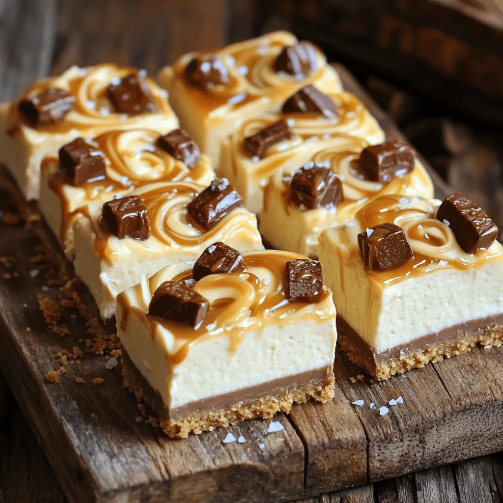 - 1 ½ cups graham cracker crumbs - ½ cup unsalted butter, melted - 8 oz cream cheese, softened - ½ cup powdered sugar - 1 teaspoon vanilla extract - 1 cup whipped topping - 2 medium-sized Snickers bars, chopped - ½ cup caramel sauce - ½ cup chocolate sauce - A pinch of sea salt (optional) The first step in making No-Bake Snickers Cheesecake Bars is gathering your ingredients. Each item plays a key role in creating this sweet treat. Graham cracker crumbs form the base. They give a nice crunch and balance the creamy filling. You will need 1 ½ cups for the crust. Unsalted butter helps bind the crumbs. Melt ½ cup of it before mixing with the crumbs. This will create a rich texture. Cream cheese is essential for the filling. It adds creaminess and flavor. Use 8 ounces of softened cream cheese for best results. Powdered sugar sweetens the cheesecake layer. You will need ½ cup. It mixes well with the cream cheese. Vanilla extract adds a warm flavor. Just 1 teaspoon is enough to enhance the dessert. Whipped topping makes the filling light and fluffy. You need 1 cup for that perfect texture. Snickers bars add the signature taste. Chop up 2 medium-sized bars and mix them in. Save some pieces for topping. Caramel sauce gives a sweet drizzle. You will need ½ cup to add that gooey goodness. Chocolate sauce complements the caramel. Use another ½ cup for a rich finish. Finally, add a pinch of sea salt if you like. It balances the sweetness and enhances the flavors. With these ingredients ready, you can make a delicious No-Bake Snickers Cheesecake Bar. Each ingredient brings something special to the table. - First, mix 1 ½ cups of graham cracker crumbs with ½ cup of melted unsalted butter in a medium bowl. Make sure you blend it well. The mixture should feel crumbly yet hold together when pressed. - Next, take a greased 9x9 inch baking dish. Press the crumb mixture firmly into the bottom. Use your hands or the back of a spoon for even distribution. - Now, in a large mixing bowl, beat 8 oz of softened cream cheese with a hand mixer. Aim for a smooth and fluffy texture. - Gradually add in ½ cup of powdered sugar and 1 teaspoon of vanilla extract. Mix until the blend is creamy and well combined. - Gently fold in 1 cup of whipped topping. Be careful to keep it light and fluffy. Then, stir in 2 chopped Snickers bars, but save some for later. - Spread the cream cheese mixture evenly over the crust you just made. Make sure it covers every part of the crust. - Drizzle ½ cup of caramel sauce and ½ cup of chocolate sauce on top. Use a toothpick to swirl the sauces together for a nice marbled look. - Finish by sprinkling the reserved Snickers pieces over the top. This adds a nice crunch and extra flavor. To get the best texture, the cream cheese must be softened. Softened cream cheese mixes well and becomes fluffy. If it’s cold, the mixture will be lumpy. Let it sit at room temperature for 30 minutes. When you beat it, it will blend easily. When you add the whipped topping, do it gently. Folding keeps the air in the mixture, making it light. Use a spatula to mix, and be careful not to stir too hard. This step is key to creamy bars. For a special touch, drizzle extra caramel and chocolate sauce on each slice. It adds more flavor and looks nice. A sprinkle of sea salt also boosts the taste. The salt plays well with the sweet flavors. If you want to impress guests, create a stunning presentation. Place the bars on a nice plate. Add fresh fruit or whipped cream on the side. This small effort makes a big difference at parties. One mistake many make is overmixing the cream cheese mixture. Overmixing can make the bars dense. It’s best to mix just until everything is combined. Another mistake is not letting the bars set long enough. They need at least four hours in the fridge. If removed too soon, they will be too soft to cut. Make sure to be patient for the best results. {{image_2}} You can easily tweak the recipe to fit your needs. For a gluten-free option, swap regular graham crackers for gluten-free ones. They work great and keep the same taste. If you want to change the toppings, try adding peanut butter or chopped nuts. They add a nice crunch and flavor twist. Feel free to play with different candy bars. You can mix in Reese's, Twix, or even M&M's for a fun change. Each candy brings a unique taste. You can also use flavored cream cheese, like caramel or strawberry. This change can brighten up the cheesecake and make it even more special. Seasonal flavors are a fun way to mix things up. In fall, you can add pumpkin spice to the mixture. This gives a warm and cozy vibe. For winter, try adding peppermint extract for a fresh, minty taste. These twists can make your dessert feel new and exciting all year round. To keep your No-Bake Snickers Cheesecake Bars fresh, store them in the fridge. Place the bars in an airtight container. Make sure they are tightly covered to prevent drying out. You can also use plastic wrap if you don't have a container. These bars can last up to five days in the fridge. If you want to store them for longer, freeze the bars. Cut them into pieces before freezing. Wrap each piece in plastic wrap, then place them in a freezer-safe bag. This way, they won't stick together. You can store them for up to three months in the freezer. These tasty bars can last in the fridge for about five days. After that, they may lose flavor and texture. Signs of spoilage include a sour smell or changes in color. If you see any changes, it’s best to throw them away. If frozen, they can last up to three months. Just remember that the longer they sit, the more they may lose quality. To thaw frozen bars, move them to the fridge for a few hours. This slow method keeps them from getting too soft. You can also leave them out at room temperature for about 30 minutes. Once thawed, the bars are ready to serve. For a special touch, drizzle extra caramel and chocolate sauce on top. Enjoy them cold for a refreshing treat! Yes, you can! Feel free to swap in your favorite candy bars. Reese's, Milky Way, or even chopped Kit Kats work great. Just remember to adjust the toppings to match the new flavors. Mixing and matching can lead to fun surprises in taste! The bars need to chill for at least 4 hours. This helps them firm up nicely. For the best results, I recommend letting them set overnight. This way, the flavors blend better, and they become easier to cut. Yes! You can make a dairy-free version by using dairy-free cream cheese and whipped topping. There are many great alternatives available now. Just check the labels to ensure they fit your needs. The rest of the recipe stays the same! Absolutely! These bars are perfect for making ahead. They store well in the fridge for up to a week. Just cover them tightly with plastic wrap. This way, you can enjoy them whenever you want without the last-minute rush! You learned how to make delicious No-Bake Snickers Cheesecake Bars. We covered each ingredient and showed how to mix, assemble, and store the bars. Remember to soften your cream cheese for the best texture. Avoid overmixing and let them set properly for a tasty treat. These bars are perfect for any gathering and are easy to customize. Enjoy your baking adventure, and don't hesitate to experiment with flavors and toppings. Happy baking!