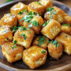 - 1 block (14 oz) firm tofu, pressed and cubed - 1/2 cup all-purpose flour - 1/2 cup cornstarch - 1 teaspoon garlic powder - 1 teaspoon onion powder - 1/2 teaspoon smoked paprika - 1/4 cup unsalted butter (or vegan butter) - Vegetable oil for frying - 1 tablespoon fresh parsley, chopped (for garnish) - Salt and black pepper to taste To make these crispy garlic butter tofu nuggets, you need a few key items. First, you want firm tofu. This will hold its shape well during cooking. Use all-purpose flour and cornstarch for the coating. They help create a crunch you will love. Garlic and onion powder add flavor, while smoked paprika gives a nice touch. You will also need butter, which adds richness. You can use vegan butter if you prefer. Vegetable oil is essential for frying. It helps achieve that golden crust. Lastly, fresh parsley makes a great garnish. Make sure you have salt and black pepper on hand. They help boost the flavors of your dish. With these ingredients ready, you're all set to create a delicious snack that everyone will enjoy! To get started, you need to prepare the tofu. First, press the block of firm tofu for about 15 to 20 minutes. This step removes extra moisture. You want your tofu to be firm. After pressing, cut it into bite-sized cubes. Make sure they are even for even cooking. Next, it's time to make the coating. In a mixing bowl, combine the following dry ingredients: - 1/2 cup all-purpose flour - 1/2 cup cornstarch - 1 teaspoon garlic powder - 1 teaspoon onion powder - 1/2 teaspoon smoked paprika - Salt and black pepper to taste Mix these ingredients well. This blend gives your tofu nuggets a crispy and tasty coating. Now, let’s cook the nuggets. Heat a generous amount of vegetable oil in a large skillet over medium heat. You want enough oil to cover the bottom of the pan. Once the oil is hot, carefully place the coated tofu nuggets in the skillet. Do this in a single layer. Fry for about 3 to 4 minutes on each side. Look for a golden brown color for the best crispiness. While the tofu fries, prepare the garlic butter. In a small saucepan, melt 1/4 cup of unsalted butter over medium heat. Add 4 cloves of minced garlic. Sauté for about 1 minute. You want the garlic to be fragrant, not burnt. After frying, remove the tofu nuggets and place them on paper towels to drain excess oil. Drizzle the warm garlic butter over the nuggets. Toss them gently to coat evenly. Now, they are ready to serve! Pressing tofu is key to great texture. Pressing removes moisture, helping the tofu get crispy. Use a clean towel or paper towels to wrap the tofu. Set something heavy on top for about 15-20 minutes. This step makes a big difference. Frying temperature also matters. Heat your oil to medium-high heat. You want the oil hot enough to fry but not so hot that it burns. A good test is to drop a small piece of bread in the oil. If it bubbles and browns, you're ready. To make your tofu nuggets even tastier, consider extra spices. You can add cayenne for heat or Italian herbs like oregano. A sprinkle of nutritional yeast boosts flavor and adds nutrients. Experiment with what you like best. These crispy nuggets pair well with many sides. Serve them with a fresh salad for crunch. You can also dip them in a tangy sauce like sriracha mayo or soy sauce. For a hearty meal, add rice or quinoa. Your crispy garlic butter tofu nuggets will shine on any plate! {{image_2}} You can easily make this dish vegan. Simply swap out the unsalted butter for vegan butter. Brands like Earth Balance work well. You can also use coconut oil for a different flavor. Both options give you that rich taste without dairy. To change up the taste, try different herbs or spices. Adding thyme or rosemary brings a nice twist. You could also use chili powder for some heat. Experiment with your favorite flavors. Each choice will make your nuggets unique. Frying gives you crispy nuggets, but baking is a healthier choice. To bake, preheat your oven to 400°F. Arrange the coated tofu on a baking sheet. Spray with oil to help it crisp. Bake for about 25 minutes, flipping halfway. You’ll get a tasty and healthier version! To keep your tofu nuggets crispy, store them in an airtight container. Use parchment paper to separate layers. This helps absorb moisture and keeps them crunchy. Place the container in the fridge. They will stay fresh for about 2-3 days. Avoid stacking the nuggets too high, as this can cause them to lose their crunch. To reheat without losing texture, use an oven or air fryer. Preheat the oven to 375°F (190°C). Spread the nuggets on a baking sheet. Heat for about 10-15 minutes until crispy again. If using an air fryer, set it to 350°F (175°C) and cook for about 5-7 minutes. This method helps retain their crispy coating. Yes, you can freeze cooked tofu nuggets! Let them cool completely first. Place them in a single layer on a baking sheet and freeze until solid. Then, transfer them to a freezer bag or container. They can last up to 3 months in the freezer. To enjoy, simply reheat from frozen using the tips above. To make tofu nuggets crispy, start with pressing the tofu. This removes extra water. Use firm tofu for the best texture. Next, coat the cubes well. Mix flour, cornstarch, garlic powder, onion powder, smoked paprika, salt, and pepper in a bowl. Toss the tofu in this mix. Make sure every piece is covered. When frying, use enough oil to cover the skillet. Heat the oil to medium. Add the coated tofu in a single layer. Fry them for 3-4 minutes on each side. Look for a golden brown color. This will ensure a crispy outside. Fry in batches if needed to avoid overcrowding. You can serve crispy garlic butter tofu nuggets as a snack or meal. They pair well with rice or quinoa. A fresh salad makes a great side too. You might try them with a dipping sauce. Sweet chili or soy sauce adds flavor. These nuggets also work well in wraps or tacos. If you want a heartier meal, serve them with roasted veggies. The crunch of the nuggets adds great texture. You can also serve them on a bed of noodles, drizzled with extra garlic butter. Yes, you can use different types of tofu. Firm tofu is best for this recipe. It holds its shape during cooking. Extra-firm tofu works too; it has less water and is denser. Soft or silken tofu is not ideal. They will not hold up well when frying. If you use soft tofu, it may fall apart. Consider baking instead of frying if you want to use soft tofu. This keeps it intact while cooking, but the texture will differ. In this article, we explored making crispy garlic butter tofu nuggets. We examined the main and additional ingredients, such as firm tofu, flour, and spices. I shared tips for achieving that perfect crunch and suggested variations to fit your taste. Tofu nuggets are not only delicious but also versatile. With the right methods, you can enjoy a healthy, satisfying dish. Remember, the key is to press the tofu and find your favorite seasonings. Experiment and have fun with your cooking!